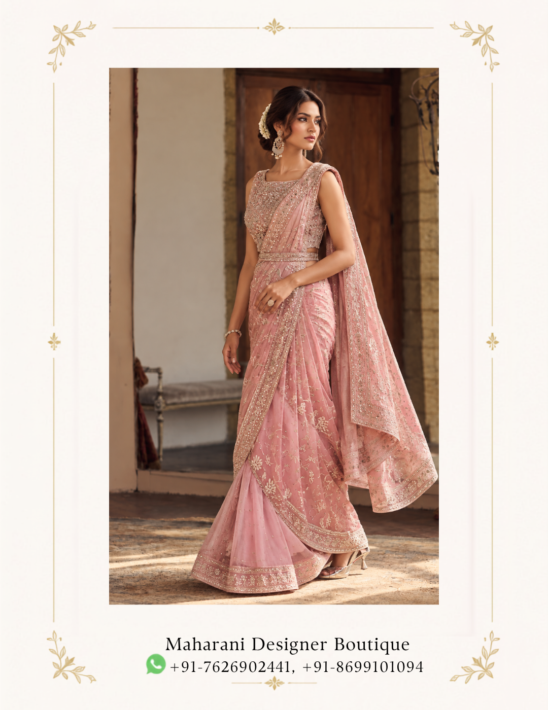 Blush Pink Embroidered Designer Saree with Heavy Border Dupatta Make an elegant statement with the Maharani Rose Blush Embroidered Designer Saree, a graceful celebration of feminine charm, delicate detailing, and timeless Indian style. Designed in a soft blush pink shade, this exquisite saree features intricate all-over embroidery, a richly embellished border, and a beautifully coordinated blouse that creates a sophisticated and luxurious look. The saree showcases an elegant floral-inspired embroidered pattern spread across the drape, giving the fabric a refined and graceful appearance. The soft pink tone adds a romantic touch, making this ensemble especially beautiful for weddings, receptions, engagement celebrations, festive occasions, and elegant evening events. Maharani Rose Blush Embroidered Designer Saree The heavily embroidered saree border provides a statement finish, featuring intricate traditional motifs and detailed embellishment that beautifully frames the entire drape. The border adds depth and richness while maintaining the delicate character of the overall design, Maharani Rose Blush Embroidered Designer Saree . The matching blouse is designed with an elegant sleeveless silhouette and a beautifully embellished neckline. Its detailed embroidery complements the saree while creating a polished, coordinated appearance. A matching sheer drape with an ornate embroidered border completes the ensemble and adds an effortless layer of sophistication. Key Features Elegant blush pink colour Designer Indian saree silhouette Intricate floral-inspired embroidery Heavily embellished decorative border Coordinated embroidered blouse Matching sheer drape Sophisticated and feminine aesthetic Graceful contemporary styling Ideal for special occasions and celebrations Perfect For The Maharani Rose Blush Embroidered Designer Saree is perfect for: Wedding receptions Engagement ceremonies Wedding guest outfits Cocktail evenings Festive celebrations Sangeet functions Anniversary celebrations Formal parties Family occasions Elegant evening events Maharani Designer Boutique Jalandhar Pair this blush pink saree with diamond-style or pearl jewellery for an elegant contemporary look. A statement bracelet, delicate earrings, and a sophisticated clutch can enhance the ensemble without taking attention away from its detailed embroidery. For a more traditional appearance, style it with a kundan or polki-inspired necklace, statement earrings, and matching bangles. Soft curls, a low bun, or an elegant updo can beautifully complement the neckline and overall silhouette. Complete the look with nude, champagne, or metallic heels for an elongated and polished appearance. Why You'll Love It The beauty of this designer saree lies in its balance between delicate colour and statement craftsmanship. The blush pink base creates a soft, sophisticated canvas, while the intricate embroidery and ornate borders introduce a luxurious festive character. The coordinated blouse and drape allow you to create a complete occasion-ready look with minimal styling effort. Whether you're attending a close friend's wedding, celebrating an engagement, or looking for a sophisticated festive outfit, this saree offers a graceful way to embrace traditional Indian fashion with a modern sensibility. Brand: Maharani Designer Boutique Colour: Blush Pink / Rose Pink Style: Designer Embroidered Saree Work: Intricate Embroidery & Embellished Border Occasion: Wedding, Reception, Party & Festive Wear Set: Saree with Coordinated Blouse and Matching Drape