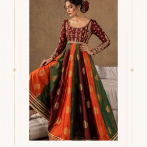 Maharani Royal Multicolor Heritage Bridal Dress Make a regal statement with the Maharani Royal Multicolor Heritage Bridal Dress, Multicolor Silk Bridal Dress with Maroon Embroidered Blouse & Gold Detailing, Maharani Designer Boutique Jalandhar, a striking ensemble inspired by traditional Indian festive elegance. The rich maroon blouse is beautifully adorned with intricate gold floral embroidery, creating an elegant contrast with the vibrant multicolor flared skirt. The vibrant colour combination makes it suitable for bridal celebrations, wedding functions, sangeet, mehndi ceremonies, receptions and festive occasions. Brand: Maharani Designer Boutique Category: Bridal Dress Colour: Maroon, Orange & Emerald Green Work: Gold Embroidery & Traditional Detailing Occasion: Bridal, Wedding, Sangeet & Festive Wear Pastel Multicolor Embroidered Lehenga Choli ,Maroon Bridal Lehenga with Heavy Gold Embroidery,MDB 026345,Royal Heritage Bridal Lehenga Choli,Maharani Emerald Heritage Embroidered Salwar Suit,