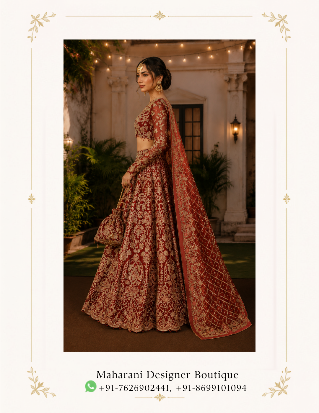 Bridal Lehenga Choli with Heavy Gold Embroidery Dupatta A regal maroon red bridal lehenga choli crafted for a statement wedding look. This luxurious ensemble features intricate all-over gold embroidery, a beautifully embellished cropped blouse, and a heavily detailed flared lehenga. It also includes a matching embroidered dupatta. Furthermore, the rich maroon-red colour paired with antique gold detailing creates a timeless bridal aesthetic. This makes it perfect for weddings, receptions, engagement celebrations and grand festive occasions. Product Description Ruhani Riwaaz is an elegant expression of traditional bridal glamour with a rich contemporary finish. It is designed in a deep maroon-red tone. This bridal lehenga creates an instantly regal silhouette. Additionally, the extensive gold embroidery adds depth, texture and luxurious visual appeal. The lehenga skirt features elaborate ornamental embroidery throughout the fabric. Traditional-inspired floral, paisley and geometric motifs are arranged to create a richly detailed appearance. The wide flared silhouette gives the outfit graceful movement. Therefore, it is ideal for bridal entrances, wedding portraits and evening celebrations. The matching bridal blouse is designed with intricate gold embroidery and a statement neckline. The fitted silhouette beautifully complements the voluminous lehenga while maintaining a sophisticated traditional appearance. The detailed sleeves and embellished borders add another layer of richness to the overall ensemble. Completing the look is a coordinated maroon bridal dupatta, featuring an ornate gold embroidered border and detailed surface embellishment. Draped over the shoulder, it creates a beautiful contrast against the blouse and lehenga. At the same time, it enhances the traditional bridal character of the outfit. Bridal Lehenga Choli Embroidery Dupatta The combination of maroon, red and antique-gold tones makes this outfit especially suitable for brides looking for a classic Indian wedding aesthetic with a luxurious finish. The colour palette works beautifully with traditional bridal jewellery, kundan jewellery, polki sets, jhumkas, maang tikka and embellished bridal footwear. This lehenga can be styled for a variety of wedding functions including the wedding ceremony, bridal reception, engagement, sangeet, mehndi, cocktail evening and festive celebrations. Its elaborate embroidery makes it suitable for brides who want a glamorous outfit. Moreover, it photographs beautifully from both close-up and full-length angles. Whether you're shopping for a bridal lehenga in India, USA, Canada, UK or Australia, Ruhani Riwaaz offers a statement-making traditional silhouette suitable for modern brides. This is ideal for those who appreciate detailed craftsmanship and timeless Indian fashion. Key Features Rich maroon-red bridal colour Heavy gold embroidered detailing Embellished bridal blouse Flared bridal lehenga skirt Matching embroidered dupatta Traditional floral and ornamental motifs Statement bridal silhouette Suitable for wedding and reception wear Ideal for engagement and festive occasions Elegant choice for bridal photoshoots Traditional look with a contemporary styling appeal Occasion Bridal Wear | Wedding Ceremony | Reception | Engagement | Sangeet | Mehndi | Festive Wear | Luxury Ethnic Wear MDB 025323 ,MDB 025263 ,MDB 025278,MDB 025331,MDB 025591 Style Maroon bridal lehenga, red bridal lehenga, wedding lehenga choli, bridal lehenga choli, heavy embroidered lehenga, gold embroidered lehenga, Indian bridal outfit, traditional bridal lehenga, luxury wedding outfit, bridal wear online, maroon wedding lehenga, red and gold lehenga, embroidered bridal choli, bridal dupatta, Indian wedding dress