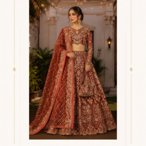 Bridal Lehenga Choli with Heavy Gold Embroidery Dupatta A regal maroon red bridal lehenga choli crafted for a statement wedding look. This luxurious ensemble features intricate all-over gold embroidery, a beautifully embellished cropped blouse, and a heavily detailed flared lehenga. It also includes a matching embroidered dupatta. Furthermore, the rich maroon-red colour paired with antique gold detailing creates a timeless bridal aesthetic. This makes it perfect for weddings, receptions, engagement celebrations and grand festive occasions. Product Description Ruhani Riwaaz is an elegant expression of traditional bridal glamour with a rich contemporary finish. It is designed in a deep maroon-red tone. This bridal lehenga creates an instantly regal silhouette. Additionally, the extensive gold embroidery adds depth, texture and luxurious visual appeal. The lehenga skirt features elaborate ornamental embroidery throughout the fabric. Traditional-inspired floral, paisley and geometric motifs are arranged to create a richly detailed appearance. The wide flared silhouette gives the outfit graceful movement. Therefore, it is ideal for bridal entrances, wedding portraits and evening celebrations. The matching bridal blouse is designed with intricate gold embroidery and a statement neckline. The fitted silhouette beautifully complements the voluminous lehenga while maintaining a sophisticated traditional appearance. The detailed sleeves and embellished borders add another layer of richness to the overall ensemble. Completing the look is a coordinated maroon bridal dupatta, featuring an ornate gold embroidered border and detailed surface embellishment. Draped over the shoulder, it creates a beautiful contrast against the blouse and lehenga. At the same time, it enhances the traditional bridal character of the outfit. Bridal Lehenga Choli Embroidery Dupatta The combination of maroon, red and antique-gold tones makes this outfit especially suitable for brides looking for a classic Indian wedding aesthetic with a luxurious finish. The colour palette works beautifully with traditional bridal jewellery, kundan jewellery, polki sets, jhumkas, maang tikka and embellished bridal footwear. This lehenga can be styled for a variety of wedding functions including the wedding ceremony, bridal reception, engagement, sangeet, mehndi, cocktail evening and festive celebrations. Its elaborate embroidery makes it suitable for brides who want a glamorous outfit. Moreover, it photographs beautifully from both close-up and full-length angles. Whether you're shopping for a bridal lehenga in India, USA, Canada, UK or Australia, Ruhani Riwaaz offers a statement-making traditional silhouette suitable for modern brides. This is ideal for those who appreciate detailed craftsmanship and timeless Indian fashion. Key Features Rich maroon-red bridal colour Heavy gold embroidered detailing Embellished bridal blouse Flared bridal lehenga skirt Matching embroidered dupatta Traditional floral and ornamental motifs Statement bridal silhouette Suitable for wedding and reception wear Ideal for engagement and festive occasions Elegant choice for bridal photoshoots Traditional look with a contemporary styling appeal Occasion Bridal Wear | Wedding Ceremony | Reception | Engagement | Sangeet | Mehndi | Festive Wear | Luxury Ethnic Wear MDB 025323 ,MDB 025263 ,MDB 025278,MDB 025331,MDB 025591 Style Maroon bridal lehenga, red bridal lehenga, wedding lehenga choli, bridal lehenga choli, heavy embroidered lehenga, gold embroidered lehenga, Indian bridal outfit, traditional bridal lehenga, luxury wedding outfit, bridal wear online, maroon wedding lehenga, red and gold lehenga, embroidered bridal choli, bridal dupatta, Indian wedding dress