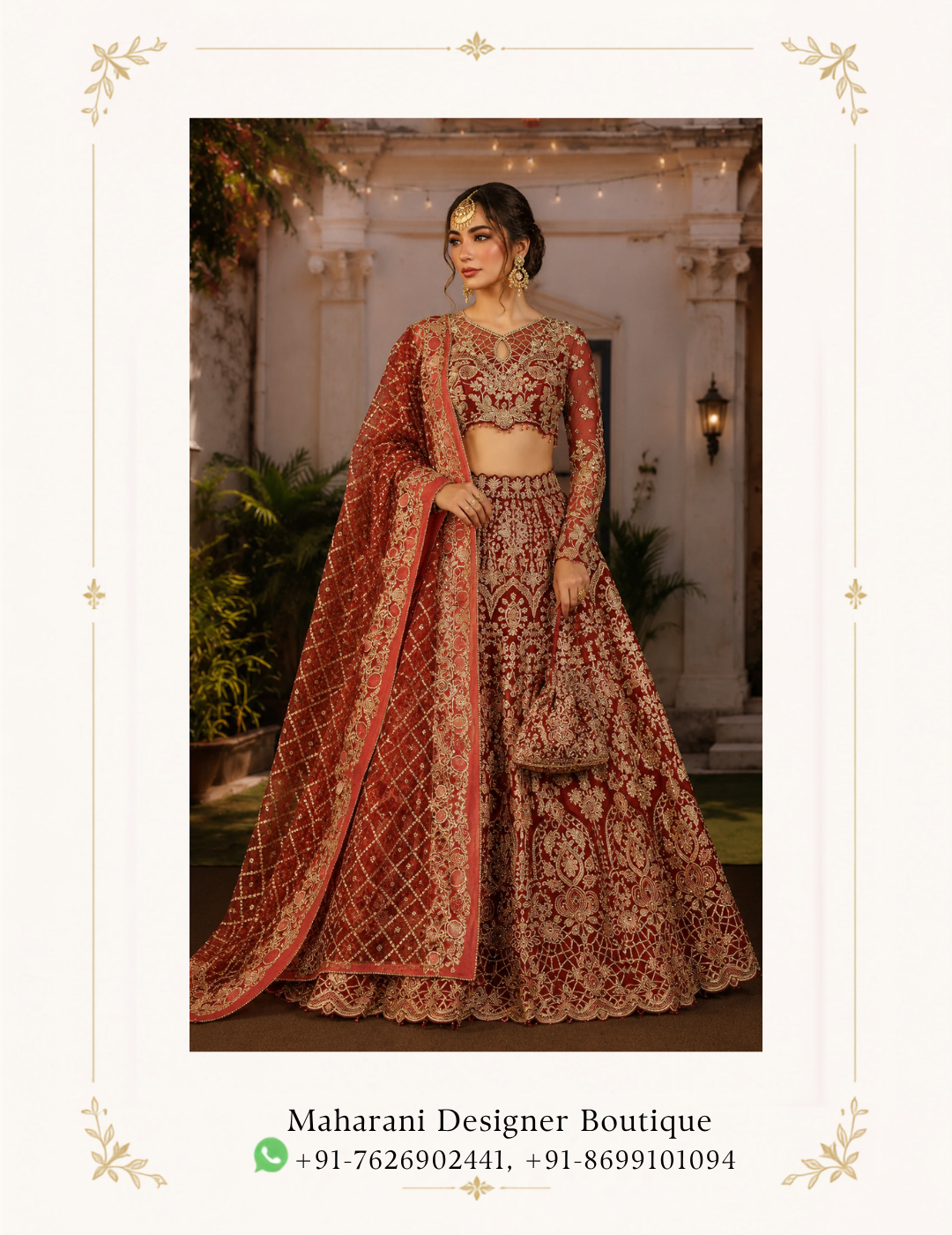 Bridal Lehenga Choli with Heavy Gold Embroidery Dupatta A regal maroon red bridal lehenga choli crafted for a statement wedding look. This luxurious ensemble features intricate all-over gold embroidery, a beautifully embellished cropped blouse, and a heavily detailed flared lehenga. It also includes a matching embroidered dupatta. Furthermore, the rich maroon-red colour paired with antique gold detailing creates a timeless bridal aesthetic. This makes it perfect for weddings, receptions, engagement celebrations and grand festive occasions. Product Description Ruhani Riwaaz is an elegant expression of traditional bridal glamour with a rich contemporary finish. It is designed in a deep maroon-red tone. This bridal lehenga creates an instantly regal silhouette. Additionally, the extensive gold embroidery adds depth, texture and luxurious visual appeal. The lehenga skirt features elaborate ornamental embroidery throughout the fabric. Traditional-inspired floral, paisley and geometric motifs are arranged to create a richly detailed appearance. The wide flared silhouette gives the outfit graceful movement. Therefore, it is ideal for bridal entrances, wedding portraits and evening celebrations. The matching bridal blouse is designed with intricate gold embroidery and a statement neckline. The fitted silhouette beautifully complements the voluminous lehenga while maintaining a sophisticated traditional appearance. The detailed sleeves and embellished borders add another layer of richness to the overall ensemble. Completing the look is a coordinated maroon bridal dupatta, featuring an ornate gold embroidered border and detailed surface embellishment. Draped over the shoulder, it creates a beautiful contrast against the blouse and lehenga. At the same time, it enhances the traditional bridal character of the outfit. Bridal Lehenga Choli Embroidery Dupatta The combination of maroon, red and antique-gold tones makes this outfit especially suitable for brides looking for a classic Indian wedding aesthetic with a luxurious finish. The colour palette works beautifully with traditional bridal jewellery, kundan jewellery, polki sets, jhumkas, maang tikka and embellished bridal footwear. This lehenga can be styled for a variety of wedding functions including the wedding ceremony, bridal reception, engagement, sangeet, mehndi, cocktail evening and festive celebrations. Its elaborate embroidery makes it suitable for brides who want a glamorous outfit. Moreover, it photographs beautifully from both close-up and full-length angles. Whether you're shopping for a bridal lehenga in India, USA, Canada, UK or Australia, Ruhani Riwaaz offers a statement-making traditional silhouette suitable for modern brides. This is ideal for those who appreciate detailed craftsmanship and timeless Indian fashion. Key Features Rich maroon-red bridal colour Heavy gold embroidered detailing Embellished bridal blouse Flared bridal lehenga skirt Matching embroidered dupatta Traditional floral and ornamental motifs Statement bridal silhouette Suitable for wedding and reception wear Ideal for engagement and festive occasions Elegant choice for bridal photoshoots Traditional look with a contemporary styling appeal Occasion Bridal Wear | Wedding Ceremony | Reception | Engagement | Sangeet | Mehndi | Festive Wear | Luxury Ethnic Wear MDB 025323 ,MDB 025263 ,MDB 025278,MDB 025331,MDB 025591 Style Maroon bridal lehenga, red bridal lehenga, wedding lehenga choli, bridal lehenga choli, heavy embroidered lehenga, gold embroidered lehenga, Indian bridal outfit, traditional bridal lehenga, luxury wedding outfit, bridal wear online, maroon wedding lehenga, red and gold lehenga, embroidered bridal choli, bridal dupatta, Indian wedding dress