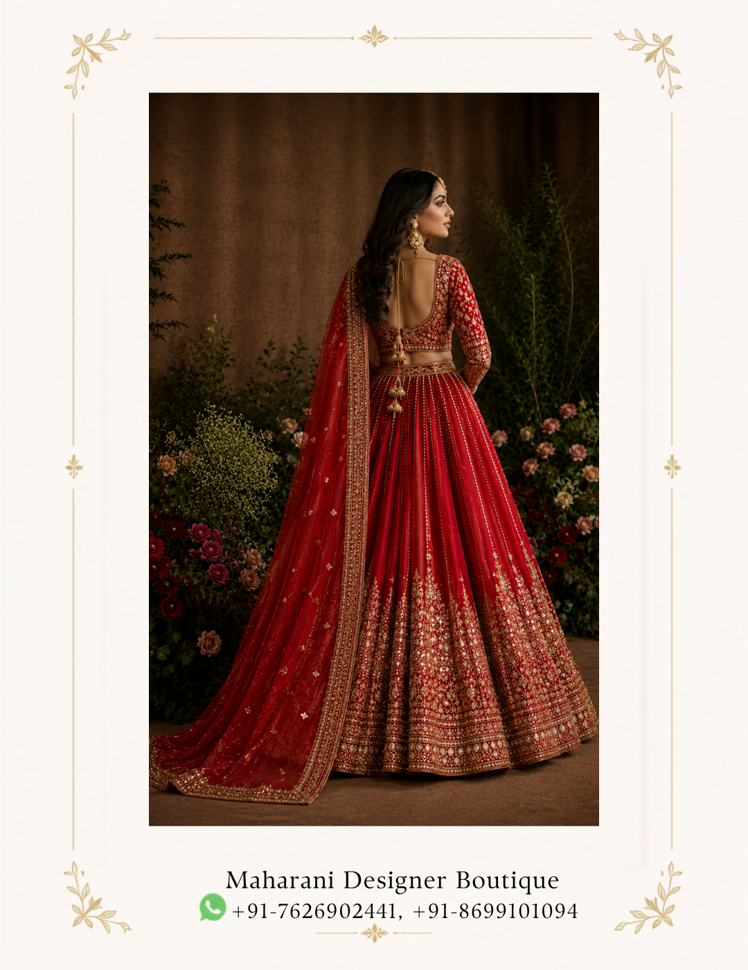 Ruhani Riwaaz Bridal Red Lehenga by Maharani Designer Boutique Make your most cherished celebrations unforgettable with the Ruhani Riwaaz Bridal Red Lehenga, an exquisite traditional ensemble by Maharani Designer Boutique. Designed for the modern bride who appreciates timeless Indian elegance, this richly detailed red lehenga combines a classic bridal colour with elaborate golden embroidery, a beautifully embellished blouse and a graceful matching dupatta. The deep red colour immediately creates a regal bridal presence, while the extensive golden detailing adds richness, dimension and traditional grandeur. Every element of this ensemble is designed to work together, from the intricately decorated choli and sweeping lehenga to the ornate dupatta border. The overall aesthetic is luxurious yet rooted in traditional Indian bridal fashion. It is a statement outfit created for brides who want their wedding look to feel memorable, sophisticated and unmistakably bridal. The Ruhani Riwaaz Bridal Red Lehenga is ideal for weddings, bridal ceremonies, receptions, engagement celebrations, sangeet evenings and other grand occasions where traditional elegance takes centre stage. A Timeless Bridal Red Lehenga Red has long been associated with celebration, romance and bridal elegance in Indian fashion. This ensemble embraces that timeless appeal through a rich red colour palette enhanced with golden embellishment. The red base provides a dramatic foundation for the intricate embroidery. Golden motifs appear throughout the lehenga, creating an ornate visual rhythm that becomes especially striking across the broad lower border. Rather than relying on colour alone, the design uses embroidery and borders to create depth throughout the silhouette. The result is a lehenga that feels traditional, luxurious and ceremonial. For brides looking for a red bridal lehenga with heavy embroidery, this design offers a sophisticated interpretation of classic wedding fashion. Intricately Embroidered Lehenga The lehenga is the centrepiece of this bridal ensemble. Its full, flowing silhouette creates the dramatic volume traditionally associated with bridal lehengas. The fabric is covered with detailed golden motifs arranged across the body, while the lower portion features multiple richly embroidered borders. The combination of repeated motifs and elaborate borders gives the skirt an opulent appearance. As the lehenga moves, the embroidery catches the light, enhancing the visual richness of the outfit. The broad lower border is particularly prominent and creates a beautifully defined hemline. Its intricate patterns provide a strong finishing detail while complementing the embroidery throughout the rest of the ensemble. Elaborate Golden Embroidery Golden embroidery is the defining decorative feature of the Ruhani Riwaaz Lehenga. The intricate gold-toned work contrasts beautifully against the rich red background, creating the luxurious appearance associated with traditional bridal couture. The embroidery incorporates ornamental motifs and detailed patterned elements across the skirt, blouse and dupatta. This coordinated embellishment ensures that the complete outfit feels unified rather than consisting of unrelated pieces. The golden work also provides versatility when choosing jewellery. Traditional gold jewellery will blend seamlessly with the embroidery, while kundan, polki-inspired or antique-finish jewellery can create a more elaborate bridal appearance. Statement Bridal Blouse The matching blouse is designed to complement the richness of the lehenga. Its rounded neckline is framed with detailed embroidery, creating a beautiful focal point around the upper body. The blouse features an ornate pattern across the front, while the sleeves continue the decorative language of the outfit. The fitted silhouette provides contrast against the voluminous lehenga, helping create a balanced bridal shape. The blouse can be styled with traditional bridal jewellery such as a choker, rani haar, necklace layers, jhumkas and a maang tikka. Elegant Neckline The neckline is carefully decorated with golden embroidery, allowing the blouse to coordinate beautifully with bridal jewellery. A statement choker can sit naturally around the neckline, while a longer necklace can add another layer of traditional grandeur. For brides who prefer a more contemporary styling approach, a single statement necklace paired with oversized earrings can create an elegant modern bridal look. Detailed Sleeves The sleeves continue the embroidered character of the blouse. Their ornate detailing helps maintain visual balance between the upper and lower sections of the outfit. The sleeve embroidery also looks beautiful when paired with traditional bangles or bridal chooda. For a classic wedding appearance, layer bangles and bracelets around the wrists. For a more minimal aesthetic, choose one statement bracelet and let the sleeve embroidery remain prominent. Grand Lehenga Border One of the most eye-catching elements of this design is the elaborate lower border. Multiple rows of detailed golden patterns create a rich architectural finish around the hem. The border gives the lehenga a strong bridal presence and makes the skirt particularly photogenic. When the bride walks, turns or sits, the layered embroidery creates beautiful visual movement. This makes the outfit especially suited to wedding photography and cinematic bridal portraits. Coordinated Bridal Dupatta The ensemble is completed with a matching red dupatta featuring an elaborate embroidered border. The dupatta extends the bridal aesthetic beyond the lehenga and blouse while creating additional styling possibilities. Its rich border frames the fabric beautifully. The dupatta can be draped over one shoulder for a contemporary bridal look or placed over the head for a traditional ceremony-ready appearance. When draped over the head, the red fabric creates a classic bridal silhouette and allows the embroidered border to frame the face and shoulders. Dupatta Border Detailing The border features extensive golden embroidery that complements the borders of the lehenga. This matching treatment creates continuity throughout the ensemble. The coordinated borders are particularly useful when photographing the outfit from different angles because the embroidery remains visually consistent throughout the silhouette. Bridal Styling Inspiration The Ruhani Riwaaz Bridal Red Lehenga offers numerous styling possibilities. For a classic bridal appearance, pair it with: Gold bridal jewellery Traditional chooda Maang tikka Jhumkas Layered necklace Embellished bridal heels Red or neutral bridal makeup Dupatta draped over the head For a contemporary bridal appearance, consider: Statement choker Oversized earrings Minimal necklace layers Sleek hairstyle Metallic heels Structured bridal clutch The same lehenga can therefore be styled according to the bride's personality. Perfect for the Wedding Ceremony This red bridal lehenga for wedding ceremonies is designed to create an unmistakably traditional bridal presence. The combination of red and gold naturally complements the grandeur of an Indian wedding. The full silhouette, ornate borders and coordinated dupatta create the kind of dramatic appearance that photographs beautifully from both close and full-length perspectives. Whether worn for the main ceremony or another important wedding function, the ensemble makes a strong statement. Bridal Reception Look The Ruhani Riwaaz Lehenga can also be styled beautifully for a wedding reception. For an evening reception, pair it with statement jewellery and metallic footwear. Choose a polished hairstyle with soft waves or a sophisticated low bun. A bold lip can complement the rich red colour, while luminous makeup can enhance the golden embroidery. Sangeet Celebration The flowing lehenga silhouette is also suitable for a glamorous sangeet celebration. For a sangeet, consider a lighter jewellery combination to allow greater freedom of movement. Statement earrings, bangles and a decorative clutch can provide enough glamour without making the overall styling feel excessive. The broad lehenga flare creates an attractive appearance during movement and photographs. Engagement Outfit Although the design has a distinctly bridal character, it can also be styled for an engagement celebration. If you want a dramatic engagement look, wear the lehenga with a statement choker and earrings while keeping the dupatta elegantly draped over one shoulder. A more restrained jewellery selection will allow the embroidery to take centre stage. Wedding Guest Styling Depending on the wedding event and dress code, the ensemble can also inspire a grand wedding guest appearance. For guests, styling should generally be differentiated from the bride's full bridal presentation. Pair the outfit with lighter jewellery and a simpler hairstyle for a sophisticated festive look. Jewellery Pairing The red and gold palette offers extensive jewellery options. Traditional Gold Jewellery Gold jewellery creates a seamless connection with the golden embroidery. Kundan-Inspired Jewellery Kundan-inspired pieces can enhance the regal character of the lehenga. Polki-Inspired Jewellery For an elaborate bridal appearance, layered polki-inspired jewellery can complement the rich embroidery. Choker Necklace A statement choker beautifully frames the embroidered neckline. Long Necklace A longer necklace can be layered beneath the choker for a traditional bridal look. Jhumkas Large jhumkas complement the ornate blouse and bridal aesthetic. Maang Tikka A maang tikka completes the traditional bridal styling. Hairstyle Ideas The right hairstyle can dramatically change the overall character of the ensemble. Traditional Bridal Bun A classic bun decorated with flowers creates an elegant ceremonial appearance. Soft Waves Loose waves offer a romantic and contemporary interpretation. Low Bun A polished low bun draws attention toward the neckline and jewellery. Side-Swept Hair Side-swept waves create a glamorous reception-ready look. Braided Bridal Hairstyle A decorated braid can give the ensemble a distinctly traditional character. Makeup Ideas The rich red and gold colour palette works beautifully with both traditional and contemporary bridal makeup. For a classic look, consider warm neutral eyeshadow, defined eyeliner, soft blush and a rich red lip. For a contemporary interpretation, choose luminous skin, softly defined eyes, neutral lips and highlighted cheekbones. The objective is to complement the outfit without overpowering its detailed embroidery. Footwear Pairing A bridal lehenga looks particularly elegant with elevated footwear. Suitable options include: Gold heels Champagne heels Embellished sandals Metallic heels Traditional juttis Embroidered bridal footwear Choose footwear that complements the embroidery while remaining comfortable enough for extended wedding celebrations. Bridal Clutch and Potli A small embellished clutch or traditional potli can complete the ensemble. Gold, red, champagne and antique-finish accessories can work beautifully with the colour palette. For a traditional ceremony, an embroidered potli can enhance the ethnic aesthetic. For a reception, a structured metallic clutch can create a more contemporary appearance. Traditional Dupatta Draping For the main wedding ceremony, draping the dupatta over the head creates a classic bridal silhouette. The ornate border frames the face and adds another layer of visual richness. You can secure the dupatta carefully with discreet pins to maintain its position throughout the ceremony. Contemporary Dupatta Draping For receptions and evening events, drape the dupatta over one shoulder and allow it to fall naturally. This styling highlights the embroidered border while creating a more relaxed and contemporary silhouette. It also allows more visibility of the blouse and lehenga embroidery. Photography-Friendly Design A bridal outfit should look beautiful both in person and in photographs. The Ruhani Riwaaz Lehenga features several elements that naturally create visual interest: Deep red colour Contrasting golden embroidery Broad ornate borders Full lehenga silhouette Detailed blouse Embroidered dupatta Coordinated decorative elements These details create depth in photographs and ensure the outfit remains visually distinctive from different angles. A Statement for the Modern Bride Modern bridal fashion is increasingly about balancing tradition with individual personality. The Ruhani Riwaaz Bridal Red Lehenga preserves the classic appeal of red bridalwear while presenting it through a sophisticated designer silhouette. The ornate golden embroidery delivers the grandeur expected from a bridal ensemble, while the coordinated design keeps the overall appearance polished. It is an ideal choice for brides who want their wedding outfit to feel traditional, luxurious and memorable. Ideal Occasions The Ruhani Riwaaz Bridal Red Lehenga can be considered for: Wedding ceremony Bridal ceremony Reception Sangeet Engagement Mehndi celebration Wedding photoshoot Bridal portrait session Family wedding celebration Formal festive event Traditional celebration Luxury Indian occasion wear Why Choose the Ruhani Riwaaz Lehenga? Rich Red Colour The deep red shade delivers a timeless bridal aesthetic. Golden Embroidery Extensive golden detailing creates an opulent appearance. Full Flared Silhouette The voluminous lehenga creates classic bridal drama. Coordinated Blouse The embroidered blouse balances the skirt beautifully. Statement Borders Elaborate borders enhance the overall richness of the ensemble. Matching Dupatta The embroidered dupatta completes the bridal look. Versatile Styling The outfit can be styled traditionally or with a contemporary approach. Maharani Designer Boutique At Maharani Designer Boutique, the focus is on creating sophisticated Indian occasion wear that celebrates traditional craftsmanship, elegant silhouettes and contemporary styling. The Ruhani Riwaaz Bridal Red Lehenga reflects that aesthetic through its rich red colour, intricate golden embroidery, statement borders and coordinated bridal dupatta. For women searching for a red bridal lehenga, bridal lehenga for wedding, heavy bridal lehenga, red wedding lehenga, designer bridal lehenga, embroidered bridal lehenga, red lehenga choli, bridal lehenga with dupatta, Indian bridal wear, wedding lehenga for bride, luxury bridal lehenga and designer Indian wedding outfits, this ensemble offers a timeless option for a memorable celebration. Whether you envision a traditional wedding ceremony, glamorous reception or elegant bridal photoshoot, this lehenga provides a strong foundation for creating a distinctive bridal look. Product Details Product Name: Ruhani Riwaaz Bridal Red Lehenga Brand: Maharani Designer Boutique Category: Bridal Lehenga Choli Primary Colour: Rich Red Embroidery: Extensive golden decorative embroidery Blouse: Embroidered bridal blouse with detailed neckline and sleeves Lehenga: Flared bridal skirt with all-over motifs and ornate multi-layer border Dupatta: Coordinated red dupatta with detailed golden border Style: Traditional Indian bridal occasion wear Suitable For: Weddings, receptions, sangeet, engagements and formal celebrations Important: Exact fabric composition, lining, embroidery technique, embellishment materials, measurements, customization and availability should be confirmed with Maharani Designer Boutique before purchase, as these specifications cannot be determined solely from the photograph. Care Instructions Because this is an intricately embellished occasion-wear ensemble, careful handling is recommended. Store the lehenga in a clean, breathable garment bag away from moisture and direct sunlight. Avoid placing heavy items over embroidered areas. Handle the embellished borders carefully to prevent snagging. Keep jewellery, accessories and sharp objects away from delicate embroidery while dressing. Avoid spraying perfume or hairspray directly onto the fabric. For cleaning, follow the garment's care label and the boutique's recommendations. Professional cleaning may be appropriate depending on the final fabric and embellishment construction. After wearing, allow the outfit to air before storing it. Proper storage can help preserve the embroidery, colour and overall finish for future celebrations. Bridal Red Embroidered Lehenga Choli with Dupatta red bridal lehenga, red bridal lehenga for wedding, red wedding lehenga, red lehenga for bride, bridal red lehenga, designer bridal lehenga, designer red lehenga, heavy bridal lehenga, heavy red bridal lehenga, embroidered bridal lehenga, red embroidered lehenga, red lehenga choli, bridal lehenga choli, bridal lehenga with dupatta, red bridal lehenga with dupatta, wedding lehenga for bride, Indian bridal lehenga, Indian wedding lehenga, traditional bridal lehenga, luxury bridal lehenga, bridal wear for women, designer bridal wear, wedding wear for bride, bridal outfit for wedding, red wedding outfit, red lehenga for wedding