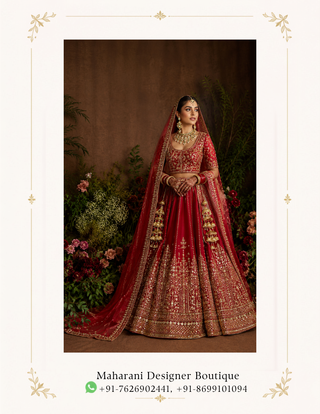 Ruhani Riwaaz Bridal Red Lehenga by Maharani Designer Boutique Make your most cherished celebrations unforgettable with the Ruhani Riwaaz Bridal Red Lehenga, an exquisite traditional ensemble by Maharani Designer Boutique. Designed for the modern bride who appreciates timeless Indian elegance, this richly detailed red lehenga combines a classic bridal colour with elaborate golden embroidery, a beautifully embellished blouse and a graceful matching dupatta. The deep red colour immediately creates a regal bridal presence, while the extensive golden detailing adds richness, dimension and traditional grandeur. Every element of this ensemble is designed to work together, from the intricately decorated choli and sweeping lehenga to the ornate dupatta border. The overall aesthetic is luxurious yet rooted in traditional Indian bridal fashion. It is a statement outfit created for brides who want their wedding look to feel memorable, sophisticated and unmistakably bridal. The Ruhani Riwaaz Bridal Red Lehenga is ideal for weddings, bridal ceremonies, receptions, engagement celebrations, sangeet evenings and other grand occasions where traditional elegance takes centre stage. A Timeless Bridal Red Lehenga Red has long been associated with celebration, romance and bridal elegance in Indian fashion. This ensemble embraces that timeless appeal through a rich red colour palette enhanced with golden embellishment. The red base provides a dramatic foundation for the intricate embroidery. Golden motifs appear throughout the lehenga, creating an ornate visual rhythm that becomes especially striking across the broad lower border. Rather than relying on colour alone, the design uses embroidery and borders to create depth throughout the silhouette. The result is a lehenga that feels traditional, luxurious and ceremonial. For brides looking for a red bridal lehenga with heavy embroidery, this design offers a sophisticated interpretation of classic wedding fashion. Intricately Embroidered Lehenga The lehenga is the centrepiece of this bridal ensemble. Its full, flowing silhouette creates the dramatic volume traditionally associated with bridal lehengas. The fabric is covered with detailed golden motifs arranged across the body, while the lower portion features multiple richly embroidered borders. The combination of repeated motifs and elaborate borders gives the skirt an opulent appearance. As the lehenga moves, the embroidery catches the light, enhancing the visual richness of the outfit. The broad lower border is particularly prominent and creates a beautifully defined hemline. Its intricate patterns provide a strong finishing detail while complementing the embroidery throughout the rest of the ensemble. Elaborate Golden Embroidery Golden embroidery is the defining decorative feature of the Ruhani Riwaaz Lehenga. The intricate gold-toned work contrasts beautifully against the rich red background, creating the luxurious appearance associated with traditional bridal couture. The embroidery incorporates ornamental motifs and detailed patterned elements across the skirt, blouse and dupatta. This coordinated embellishment ensures that the complete outfit feels unified rather than consisting of unrelated pieces. The golden work also provides versatility when choosing jewellery. Traditional gold jewellery will blend seamlessly with the embroidery, while kundan, polki-inspired or antique-finish jewellery can create a more elaborate bridal appearance. Statement Bridal Blouse The matching blouse is designed to complement the richness of the lehenga. Its rounded neckline is framed with detailed embroidery, creating a beautiful focal point around the upper body. The blouse features an ornate pattern across the front, while the sleeves continue the decorative language of the outfit. The fitted silhouette provides contrast against the voluminous lehenga, helping create a balanced bridal shape. The blouse can be styled with traditional bridal jewellery such as a choker, rani haar, necklace layers, jhumkas and a maang tikka. Elegant Neckline The neckline is carefully decorated with golden embroidery, allowing the blouse to coordinate beautifully with bridal jewellery. A statement choker can sit naturally around the neckline, while a longer necklace can add another layer of traditional grandeur. For brides who prefer a more contemporary styling approach, a single statement necklace paired with oversized earrings can create an elegant modern bridal look. Detailed Sleeves The sleeves continue the embroidered character of the blouse. Their ornate detailing helps maintain visual balance between the upper and lower sections of the outfit. The sleeve embroidery also looks beautiful when paired with traditional bangles or bridal chooda. For a classic wedding appearance, layer bangles and bracelets around the wrists. For a more minimal aesthetic, choose one statement bracelet and let the sleeve embroidery remain prominent. Grand Lehenga Border One of the most eye-catching elements of this design is the elaborate lower border. Multiple rows of detailed golden patterns create a rich architectural finish around the hem. The border gives the lehenga a strong bridal presence and makes the skirt particularly photogenic. When the bride walks, turns or sits, the layered embroidery creates beautiful visual movement. This makes the outfit especially suited to wedding photography and cinematic bridal portraits. Coordinated Bridal Dupatta The ensemble is completed with a matching red dupatta featuring an elaborate embroidered border. The dupatta extends the bridal aesthetic beyond the lehenga and blouse while creating additional styling possibilities. Its rich border frames the fabric beautifully. The dupatta can be draped over one shoulder for a contemporary bridal look or placed over the head for a traditional ceremony-ready appearance. When draped over the head, the red fabric creates a classic bridal silhouette and allows the embroidered border to frame the face and shoulders. Dupatta Border Detailing The border features extensive golden embroidery that complements the borders of the lehenga. This matching treatment creates continuity throughout the ensemble. The coordinated borders are particularly useful when photographing the outfit from different angles because the embroidery remains visually consistent throughout the silhouette. Bridal Styling Inspiration The Ruhani Riwaaz Bridal Red Lehenga offers numerous styling possibilities. For a classic bridal appearance, pair it with: Gold bridal jewellery Traditional chooda Maang tikka Jhumkas Layered necklace Embellished bridal heels Red or neutral bridal makeup Dupatta draped over the head For a contemporary bridal appearance, consider: Statement choker Oversized earrings Minimal necklace layers Sleek hairstyle Metallic heels Structured bridal clutch The same lehenga can therefore be styled according to the bride's personality. Perfect for the Wedding Ceremony This red bridal lehenga for wedding ceremonies is designed to create an unmistakably traditional bridal presence. The combination of red and gold naturally complements the grandeur of an Indian wedding. The full silhouette, ornate borders and coordinated dupatta create the kind of dramatic appearance that photographs beautifully from both close and full-length perspectives. Whether worn for the main ceremony or another important wedding function, the ensemble makes a strong statement. Bridal Reception Look The Ruhani Riwaaz Lehenga can also be styled beautifully for a wedding reception. For an evening reception, pair it with statement jewellery and metallic footwear. Choose a polished hairstyle with soft waves or a sophisticated low bun. A bold lip can complement the rich red colour, while luminous makeup can enhance the golden embroidery. Sangeet Celebration The flowing lehenga silhouette is also suitable for a glamorous sangeet celebration. For a sangeet, consider a lighter jewellery combination to allow greater freedom of movement. Statement earrings, bangles and a decorative clutch can provide enough glamour without making the overall styling feel excessive. The broad lehenga flare creates an attractive appearance during movement and photographs. Engagement Outfit Although the design has a distinctly bridal character, it can also be styled for an engagement celebration. If you want a dramatic engagement look, wear the lehenga with a statement choker and earrings while keeping the dupatta elegantly draped over one shoulder. A more restrained jewellery selection will allow the embroidery to take centre stage. Wedding Guest Styling Depending on the wedding event and dress code, the ensemble can also inspire a grand wedding guest appearance. For guests, styling should generally be differentiated from the bride's full bridal presentation. Pair the outfit with lighter jewellery and a simpler hairstyle for a sophisticated festive look. Jewellery Pairing The red and gold palette offers extensive jewellery options. Traditional Gold Jewellery Gold jewellery creates a seamless connection with the golden embroidery. Kundan-Inspired Jewellery Kundan-inspired pieces can enhance the regal character of the lehenga. Polki-Inspired Jewellery For an elaborate bridal appearance, layered polki-inspired jewellery can complement the rich embroidery. Choker Necklace A statement choker beautifully frames the embroidered neckline. Long Necklace A longer necklace can be layered beneath the choker for a traditional bridal look. Jhumkas Large jhumkas complement the ornate blouse and bridal aesthetic. Maang Tikka A maang tikka completes the traditional bridal styling. Hairstyle Ideas The right hairstyle can dramatically change the overall character of the ensemble. Traditional Bridal Bun A classic bun decorated with flowers creates an elegant ceremonial appearance. Soft Waves Loose waves offer a romantic and contemporary interpretation. Low Bun A polished low bun draws attention toward the neckline and jewellery. Side-Swept Hair Side-swept waves create a glamorous reception-ready look. Braided Bridal Hairstyle A decorated braid can give the ensemble a distinctly traditional character. Makeup Ideas The rich red and gold colour palette works beautifully with both traditional and contemporary bridal makeup. For a classic look, consider warm neutral eyeshadow, defined eyeliner, soft blush and a rich red lip. For a contemporary interpretation, choose luminous skin, softly defined eyes, neutral lips and highlighted cheekbones. The objective is to complement the outfit without overpowering its detailed embroidery. Footwear Pairing A bridal lehenga looks particularly elegant with elevated footwear. Suitable options include: Gold heels Champagne heels Embellished sandals Metallic heels Traditional juttis Embroidered bridal footwear Choose footwear that complements the embroidery while remaining comfortable enough for extended wedding celebrations. Bridal Clutch and Potli A small embellished clutch or traditional potli can complete the ensemble. Gold, red, champagne and antique-finish accessories can work beautifully with the colour palette. For a traditional ceremony, an embroidered potli can enhance the ethnic aesthetic. For a reception, a structured metallic clutch can create a more contemporary appearance. Traditional Dupatta Draping For the main wedding ceremony, draping the dupatta over the head creates a classic bridal silhouette. The ornate border frames the face and adds another layer of visual richness. You can secure the dupatta carefully with discreet pins to maintain its position throughout the ceremony. Contemporary Dupatta Draping For receptions and evening events, drape the dupatta over one shoulder and allow it to fall naturally. This styling highlights the embroidered border while creating a more relaxed and contemporary silhouette. It also allows more visibility of the blouse and lehenga embroidery. Photography-Friendly Design A bridal outfit should look beautiful both in person and in photographs. The Ruhani Riwaaz Lehenga features several elements that naturally create visual interest: Deep red colour Contrasting golden embroidery Broad ornate borders Full lehenga silhouette Detailed blouse Embroidered dupatta Coordinated decorative elements These details create depth in photographs and ensure the outfit remains visually distinctive from different angles. A Statement for the Modern Bride Modern bridal fashion is increasingly about balancing tradition with individual personality. The Ruhani Riwaaz Bridal Red Lehenga preserves the classic appeal of red bridalwear while presenting it through a sophisticated designer silhouette. The ornate golden embroidery delivers the grandeur expected from a bridal ensemble, while the coordinated design keeps the overall appearance polished. It is an ideal choice for brides who want their wedding outfit to feel traditional, luxurious and memorable. Ideal Occasions The Ruhani Riwaaz Bridal Red Lehenga can be considered for: Wedding ceremony Bridal ceremony Reception Sangeet Engagement Mehndi celebration Wedding photoshoot Bridal portrait session Family wedding celebration Formal festive event Traditional celebration Luxury Indian occasion wear Why Choose the Ruhani Riwaaz Lehenga? Rich Red Colour The deep red shade delivers a timeless bridal aesthetic. Golden Embroidery Extensive golden detailing creates an opulent appearance. Full Flared Silhouette The voluminous lehenga creates classic bridal drama. Coordinated Blouse The embroidered blouse balances the skirt beautifully. Statement Borders Elaborate borders enhance the overall richness of the ensemble. Matching Dupatta The embroidered dupatta completes the bridal look. Versatile Styling The outfit can be styled traditionally or with a contemporary approach. Maharani Designer Boutique At Maharani Designer Boutique, the focus is on creating sophisticated Indian occasion wear that celebrates traditional craftsmanship, elegant silhouettes and contemporary styling. The Ruhani Riwaaz Bridal Red Lehenga reflects that aesthetic through its rich red colour, intricate golden embroidery, statement borders and coordinated bridal dupatta. For women searching for a red bridal lehenga, bridal lehenga for wedding, heavy bridal lehenga, red wedding lehenga, designer bridal lehenga, embroidered bridal lehenga, red lehenga choli, bridal lehenga with dupatta, Indian bridal wear, wedding lehenga for bride, luxury bridal lehenga and designer Indian wedding outfits, this ensemble offers a timeless option for a memorable celebration. Whether you envision a traditional wedding ceremony, glamorous reception or elegant bridal photoshoot, this lehenga provides a strong foundation for creating a distinctive bridal look. Product Details Product Name: Ruhani Riwaaz Bridal Red Lehenga Brand: Maharani Designer Boutique Category: Bridal Lehenga Choli Primary Colour: Rich Red Embroidery: Extensive golden decorative embroidery Blouse: Embroidered bridal blouse with detailed neckline and sleeves Lehenga: Flared bridal skirt with all-over motifs and ornate multi-layer border Dupatta: Coordinated red dupatta with detailed golden border Style: Traditional Indian bridal occasion wear Suitable For: Weddings, receptions, sangeet, engagements and formal celebrations Important: Exact fabric composition, lining, embroidery technique, embellishment materials, measurements, customization and availability should be confirmed with Maharani Designer Boutique before purchase, as these specifications cannot be determined solely from the photograph. Care Instructions Because this is an intricately embellished occasion-wear ensemble, careful handling is recommended. Store the lehenga in a clean, breathable garment bag away from moisture and direct sunlight. Avoid placing heavy items over embroidered areas. Handle the embellished borders carefully to prevent snagging. Keep jewellery, accessories and sharp objects away from delicate embroidery while dressing. Avoid spraying perfume or hairspray directly onto the fabric. For cleaning, follow the garment's care label and the boutique's recommendations. Professional cleaning may be appropriate depending on the final fabric and embellishment construction. After wearing, allow the outfit to air before storing it. Proper storage can help preserve the embroidery, colour and overall finish for future celebrations. Bridal Red Embroidered Lehenga Choli with Dupatta red bridal lehenga, red bridal lehenga for wedding, red wedding lehenga, red lehenga for bride, bridal red lehenga, designer bridal lehenga, designer red lehenga, heavy bridal lehenga, heavy red bridal lehenga, embroidered bridal lehenga, red embroidered lehenga, red lehenga choli, bridal lehenga choli, bridal lehenga with dupatta, red bridal lehenga with dupatta, wedding lehenga for bride, Indian bridal lehenga, Indian wedding lehenga, traditional bridal lehenga, luxury bridal lehenga, bridal wear for women, designer bridal wear, wedding wear for bride, bridal outfit for wedding, red wedding outfit, red lehenga for wedding