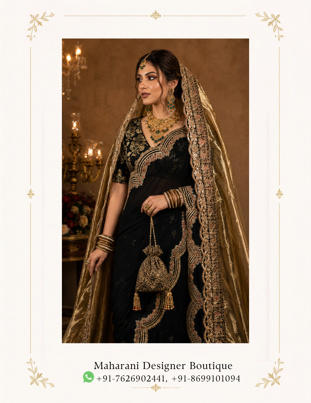 Black and Gold Bridal Saree with Embroidered Dupatta Noor-e-Shaam is a luxurious black and gold bridal saree created for women who love timeless elegance with a dramatic royal finish. The deep black saree is beautifully enhanced with intricate gold embroidery. This creates a sophisticated contrast that makes the entire ensemble stand out. The saree features an elegant black base with delicate scattered embellishments. There is also elaborate gold embroidered detailing along the drape and lower border. The ornate embroidery adds richness. At the same time, it maintains the graceful flow associated with traditional saree styling. Black and Gold Bridal Saree The matching blouse is the statement element of this ensemble. It features intricate gold embroidery with traditional floral and ornamental motifs, complemented by a beautifully embellished neckline and sleeves. The detailed blouse adds a regal dimension to the otherwise sleek black saree. The highlight of the outfit is the luxurious golden dupatta-style veil, which is draped over the head and falls gracefully around the saree. Its broad, heavily embroidered border creates a beautiful frame around the outfit. As a result, it gives the ensemble a distinctive bridal appearance. The combination of black, antique gold and subtle metallic detailing makes this saree perfect for brides and wedding guests looking for something different from conventional red bridal wear. In fact, it can create an especially striking look for evening weddings, receptions, cocktail celebrations and luxury festive events. Pair this ensemble with gold jewellery, kundan necklace sets, statement earrings, bangles and a traditional maang tikka for a complete wedding look. A sleek bun, soft curls or a traditional bridal hairstyle can complement the dramatic gold veil beautifully. Perfect For Bridal wedding saree Reception wear Evening wedding functions Engagement ceremony Cocktail parties Luxury festive occasions Wedding guest outfit Sangeet celebrations Formal ethnic events Bridal photoshoots Design Highlights Elegant black saree base Rich gold embroidery Intricately embellished blouse Ornate embroidered saree border Statement golden veil/dupatta Traditional floral and ornamental motifs Sophisticated black-and-gold colour combination Regal bridal styling Ideal for evening celebrations Statement ethnic occasion wear Description Make an unforgettable entrance with the Noor-e-Shaam Black and Gold Bridal Saree, an elegant statement ensemble designed for sophisticated wedding and festive occasions. Combining the timeless beauty of a black saree with the grandeur of gold embroidery, this outfit offers a luxurious interpretation of traditional Indian ethnic fashion. Bridal Designer Lehenga with Gold Embroidery , Royal Maroon Gold Embroidered Bridal Lehenga Choli, Royal Maroon Gold Embroidered Bridal Lehenga Choli, MDB 025900 , MDB 025899 , MDB 025732 The deep black base gives the saree a refined and dramatic appearance, while the gold embellishments provide warmth, dimension and bridal richness. The carefully placed embroidery creates an elegant balance between minimal sophistication and ornate traditional styling. The saree is complemented by a heavily embellished blouse that showcases intricate craftsmanship-inspired detailing. Its ornate neckline, sleeves and surface embroidery coordinate beautifully with the saree border, creating a seamless overall appearance. A striking golden veil completes the ensemble. The rich metallic tone of the veil contrasts beautifully with the black saree while its elaborate border enhances the traditional bridal character. When draped over the head, the veil creates a graceful silhouette suitable for bridal portraits and ceremonial occasions. This black and gold saree for weddings is an excellent choice for women who want to move beyond conventional bridal colours while maintaining a luxurious ethnic aesthetic. Black provides a sophisticated foundation, while gold introduces the celebratory character expected from an occasion-wear ensemble. For a complete styling look, accessorise with traditional gold or kundan jewellery. Statement earrings, layered necklaces, bangles and a maang tikka can enhance the bridal appeal. For footwear, choose embellished gold or metallic heels. These will complement the saree's luxurious detailing. The ensemble is versatile enough to be styled for a grand reception, engagement, sangeet, cocktail evening or formal wedding celebration. Additionally, it works beautifully as a statement outfit for wedding guests who want an elegant and distinctive ethnic look. Whether you're searching for a black bridal saree, black and gold wedding saree, embroidered saree for reception, luxury Indian saree or designer-style bridal saree, Noor-e-Shaam offers a sophisticated option for your special occasion wardrobe.
