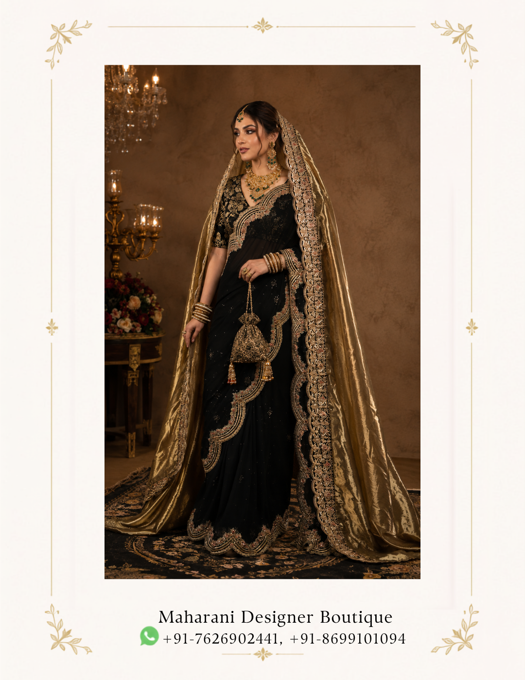 Black and Gold Bridal Saree with Embroidered Dupatta Noor-e-Shaam is a luxurious black and gold bridal saree created for women who love timeless elegance with a dramatic royal finish. The deep black saree is beautifully enhanced with intricate gold embroidery. This creates a sophisticated contrast that makes the entire ensemble stand out. The saree features an elegant black base with delicate scattered embellishments. There is also elaborate gold embroidered detailing along the drape and lower border. The ornate embroidery adds richness. At the same time, it maintains the graceful flow associated with traditional saree styling. Black and Gold Bridal Saree The matching blouse is the statement element of this ensemble. It features intricate gold embroidery with traditional floral and ornamental motifs, complemented by a beautifully embellished neckline and sleeves. The detailed blouse adds a regal dimension to the otherwise sleek black saree. The highlight of the outfit is the luxurious golden dupatta-style veil, which is draped over the head and falls gracefully around the saree. Its broad, heavily embroidered border creates a beautiful frame around the outfit. As a result, it gives the ensemble a distinctive bridal appearance. The combination of black, antique gold and subtle metallic detailing makes this saree perfect for brides and wedding guests looking for something different from conventional red bridal wear. In fact, it can create an especially striking look for evening weddings, receptions, cocktail celebrations and luxury festive events. Pair this ensemble with gold jewellery, kundan necklace sets, statement earrings, bangles and a traditional maang tikka for a complete wedding look. A sleek bun, soft curls or a traditional bridal hairstyle can complement the dramatic gold veil beautifully. Perfect For Bridal wedding saree Reception wear Evening wedding functions Engagement ceremony Cocktail parties Luxury festive occasions Wedding guest outfit Sangeet celebrations Formal ethnic events Bridal photoshoots Design Highlights Elegant black saree base Rich gold embroidery Intricately embellished blouse Ornate embroidered saree border Statement golden veil/dupatta Traditional floral and ornamental motifs Sophisticated black-and-gold colour combination Regal bridal styling Ideal for evening celebrations Statement ethnic occasion wear Description Make an unforgettable entrance with the Noor-e-Shaam Black and Gold Bridal Saree, an elegant statement ensemble designed for sophisticated wedding and festive occasions. Combining the timeless beauty of a black saree with the grandeur of gold embroidery, this outfit offers a luxurious interpretation of traditional Indian ethnic fashion. Bridal Designer Lehenga with Gold Embroidery , Royal Maroon Gold Embroidered Bridal Lehenga Choli, Royal Maroon Gold Embroidered Bridal Lehenga Choli, MDB 025900 , MDB 025899 , MDB 025732 The deep black base gives the saree a refined and dramatic appearance, while the gold embellishments provide warmth, dimension and bridal richness. The carefully placed embroidery creates an elegant balance between minimal sophistication and ornate traditional styling. The saree is complemented by a heavily embellished blouse that showcases intricate craftsmanship-inspired detailing. Its ornate neckline, sleeves and surface embroidery coordinate beautifully with the saree border, creating a seamless overall appearance. A striking golden veil completes the ensemble. The rich metallic tone of the veil contrasts beautifully with the black saree while its elaborate border enhances the traditional bridal character. When draped over the head, the veil creates a graceful silhouette suitable for bridal portraits and ceremonial occasions. This black and gold saree for weddings is an excellent choice for women who want to move beyond conventional bridal colours while maintaining a luxurious ethnic aesthetic. Black provides a sophisticated foundation, while gold introduces the celebratory character expected from an occasion-wear ensemble. For a complete styling look, accessorise with traditional gold or kundan jewellery. Statement earrings, layered necklaces, bangles and a maang tikka can enhance the bridal appeal. For footwear, choose embellished gold or metallic heels. These will complement the saree's luxurious detailing. The ensemble is versatile enough to be styled for a grand reception, engagement, sangeet, cocktail evening or formal wedding celebration. Additionally, it works beautifully as a statement outfit for wedding guests who want an elegant and distinctive ethnic look. Whether you're searching for a black bridal saree, black and gold wedding saree, embroidered saree for reception, luxury Indian saree or designer-style bridal saree, Noor-e-Shaam offers a sophisticated option for your special occasion wardrobe.
