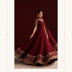 Burgundy Embroidered Anarkali Gown with Dupatta Make a graceful statement at your next celebration with the Maharani Burgundy Royal Anarkali Gown, an elegant Indian occasion-wear ensemble designed for women who love timeless luxury with a modern silhouette. The deep burgundy shade gives this outfit a rich, regal appearance, while intricate golden embroidery adds an exquisite festive finish. The beautifully tailored Anarkali gown features a fitted bodice that flows into a dramatically flared silhouette, creating an elegant movement with every step. The upper neckline is enhanced with delicate floral and ornamental embroidery, while the richly embroidered sleeves add definition and sophistication. The clean, flowing body of the gown allows the deep burgundy colour to remain the focal point while the ornate border creates a luxurious finish. Burgundy Embroidered Anarkali Gown A statement feature of this ensemble is the heavily embroidered hemline. Multiple layers of golden decorative borders and traditional motifs create a striking contrast against the burgundy base, giving the gown a royal and celebration-ready appearance. The wide flare makes it perfect for creating beautiful movement during weddings, receptions, festive celebrations and evening events. The matching sheer dupatta completes the look with an embroidered neckline-style border and richly detailed edges. Small embellishments scattered across the dupatta add a subtle shimmer without overpowering the sophisticated design. It can be draped over one shoulder for a classic appearance or styled around the arms for a more contemporary look. Key Features Rich burgundy/maroon colour Elegant floor-length Anarkali gown silhouette Intricate golden embroidery Beautifully embellished neckline Detailed three-quarter sleeves Statement embroidered hemline Flowing, graceful flare Coordinated sheer embroidered dupatta Traditional Indian motifs with contemporary styling Ideal for wedding and festive occasions Perfect For This designer Anarkali gown is an elegant choice for: Wedding receptions Engagement ceremonies Sangeet functions Wedding guest wear Diwali celebrations Festive parties Evening events Family celebrations Formal Indian gatherings Special occasions and celebrations Maharani Designer Boutique Jalandhar Pair the Maharani Burgundy Royal Anarkali Gown with statement gold jhumkas, a delicate choker, bangles and an embellished clutch. Metallic or nude heels can complement the flowing silhouette while keeping the overall look elegant. For a bridal-inspired appearance, style it with traditional kundan jewellery, a maang tikka and a sleek bun. For a modern evening look, choose minimal jewellery, soft waves and a refined clutch. The rich burgundy colour also pairs beautifully with gold accessories, making this ensemble particularly striking under warm evening lighting. Brand: Maharani Designer Boutique Colour: Burgundy / Deep Maroon Style: Designer Anarkali Gown Work: Golden Embroidery & Embellishment Occasion: Wedding, Reception, Party & Festive Wear Set: Anarkali Gown with Dupatta
