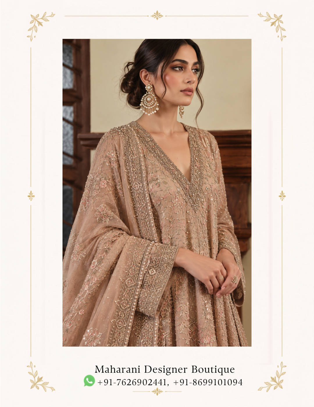 Maharani Champagne Beige Embroidered Anarkali Suit Step into timeless elegance with the Maharani Champagne Beige Embroidered Anarkali Suit, Champagne Beige Designer Embroidered Anarkali Suit with Matching Pants & Dupatta , Maharani Designer Boutique Jalandhar, a graceful designer ensemble crafted for women who appreciate sophisticated colours, intricate detailing, and classic Indian silhouettes. This luxurious three-piece outfit combines a flowing Anarkali-style kurta with matching embroidered pants and a beautifully detailed dupatta, creating an effortlessly regal look for special occasions. Brand: Maharani Designer Boutique Category: Designer Anarkali Suit / Salwar Suit Colour: Champagne Beige Work: Intricate Embroidery Set Includes: Anarkali Kurta, Matching Pants & Dupatta Style: Traditional Indian / Contemporary Ethnic Occasion: Wedding, Festive, Engagement, Reception & Party Wear Royal Champagne Hand Embroidered Palazzo Suit,Luxury Champagne Gold Embroidered Sharara Suit,Anarkali Suit with Embroidered Bodice & Organza Dupatta,MDB - 004785 ,Gold Embroidered Sharara Suit with Peach Dupatt