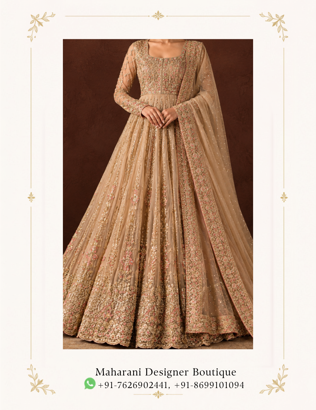 Maharani Champagne Beige Royal Embroidered Anarkali Suit Embrace timeless elegance with the Maharani Champagne Beige Royal Embroidered Anarkali Suit, Champagne Beige Embroidered Anarkali Suit with Dupatta , Maharani Designer Boutique Jalandhar, a luxurious ensemble crafted in a sophisticated champagne beige tone. The flowing Anarkali silhouette is adorned with intricate floral embroidery, delicate embellishments and detailed vertical motifs that beautifully enhance the graceful flare. The soft champagne palette makes this Anarkali an elegant choice for weddings, receptions, engagement ceremonies, festive celebrations and evening occasions. Brand: Maharani Designer Boutique Category: Anarkali Suit Colour: Champagne Beige Work: Floral Embroidery & Embellishment Occasion: Wedding, Reception, Engagement & Festive Wear Maharani Champagne Beige Embroidered Anarkali Suit,Royal Champagne Hand Embroidered Palazzo Suit, Luxury Champagne Gold Embroidered Sharara Suit,MDB 027210062 ,Anarkali Suit with Embroidered Bodice & Organza Dupatta