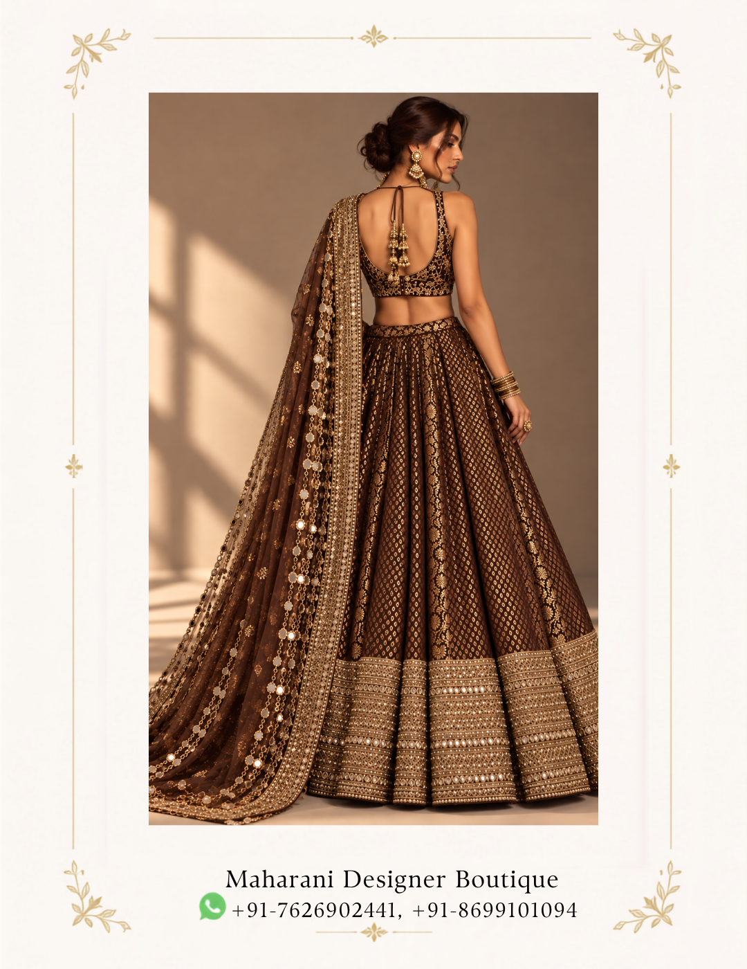Maharani Chocolate Brown Royal Embroidered Bridal Lehenga Make a regal statement with the Maharani Chocolate Brown Royal Embroidered Bridal Lehenga, Chocolate Brown Bridal Lehenga with Heavy Gold Embroidery & Statement Dupatta, Maharani Designer Boutique Jalandhar, a luxurious bridal ensemble crafted in a rich chocolate brown tone with exquisite antique-gold embellishment. Perfect for bridal receptions, sangeet, cocktail celebrations, engagement ceremonies and luxury wedding events, this ensemble blends traditional craftsmanship with a modern couture aesthetic. Brand: Maharani Designer Boutique Category: Bridal Lehenga Colour: Chocolate Brown & Antique Gold Work: Heavy Embroidery & Embellishment Occasion: Bridal, Reception, Sangeet, Engagement & Wedding Wear