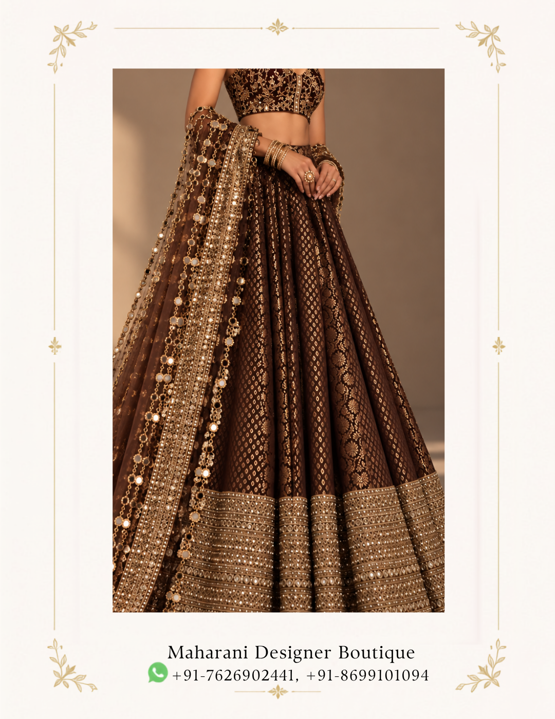 Maharani Chocolate Brown Royal Embroidered Bridal Lehenga Make a regal statement with the Maharani Chocolate Brown Royal Embroidered Bridal Lehenga, Chocolate Brown Bridal Lehenga with Heavy Gold Embroidery & Statement Dupatta, Maharani Designer Boutique Jalandhar, a luxurious bridal ensemble crafted in a rich chocolate brown tone with exquisite antique-gold embellishment. Perfect for bridal receptions, sangeet, cocktail celebrations, engagement ceremonies and luxury wedding events, this ensemble blends traditional craftsmanship with a modern couture aesthetic. Brand: Maharani Designer Boutique Category: Bridal Lehenga Colour: Chocolate Brown & Antique Gold Work: Heavy Embroidery & Embellishment Occasion: Bridal, Reception, Sangeet, Engagement & Wedding Wear