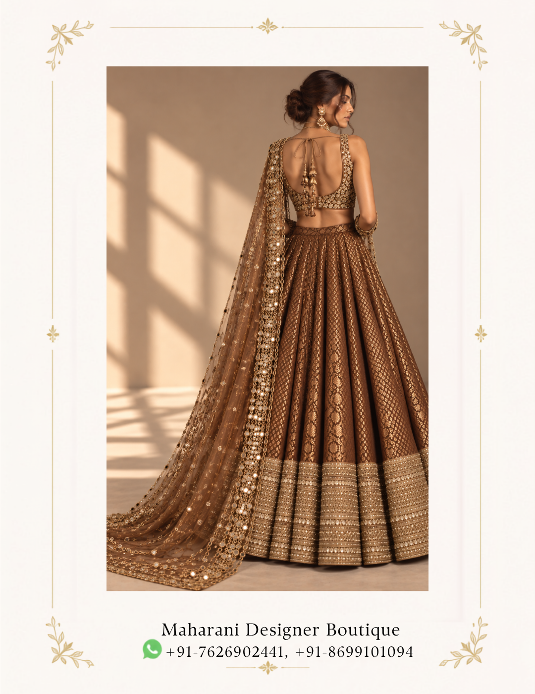 Maharani Chocolate Brown Royal Embroidered Lehenga Make a luxurious statement with the Maharani Chocolate Brown Royal Embroidered Lehenga, Chocolate Brown Designer Lehenga with Gold Embroidery & Sequin Dupatta , Maharani Designer Boutique Jalandhar, an elegant bridal and festive ensemble designed with rich traditional detailing. The deep chocolate brown colour creates a sophisticated base for the intricate gold embroidery and shimmering embellishments. Brand: Maharani Designer Boutique Category: Designer Lehenga Colour: Chocolate Brown Work: Gold Embroidery & Sequin Detailing Style: Royal Designer Lehenga Occasion: Wedding, Bridal & Festive Wear MDB – 10865 ,Royal Teal Hand Embroidered Kurta Palazzo Suit,MDB 023647,MDB 026922 ,Maharani Black & Gold Royal Embroidered Sharara Suit