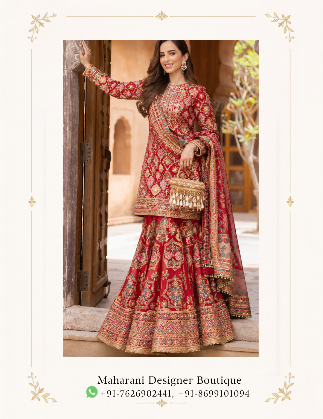 Maharani Crimson Heritage Embroidered Sharara Suit Step into timeless elegance with the Maharani Crimson Heritage Embroidered Sharara Suit, Crimson Red Embroidered Sharara Suit with Designer Dupatta , Maharani Designer Boutique, a luxurious ensemble featuring a rich crimson red base adorned with intricate multicolour and golden embroidery. Perfect for weddings, mehndi ceremonies, festive celebrations, sangeet functions, family gatherings and party wear, this designer sharara suit brings together traditional craftsmanship and a luxurious contemporary silhouette. Brand: Maharani Designer Boutique Category: Sharara Suit Colour: Crimson Red with Multicolour & Gold Detailing Work: Embroidery, Traditional Motifs & Embellishment Occasion: Wedding, Mehndi, Sangeet, Festive & Party Wear Maharani Crimson Heritage Bridal Lehenga, Maharani Black Crimson Heritage Printed Saree, Maharani Royal Crimson Bridal Lehenga, Maharani Crimson Royal Bridal Lehenga Choli, Maharani Crimson Royal Embroidered Bridal Lehenga,