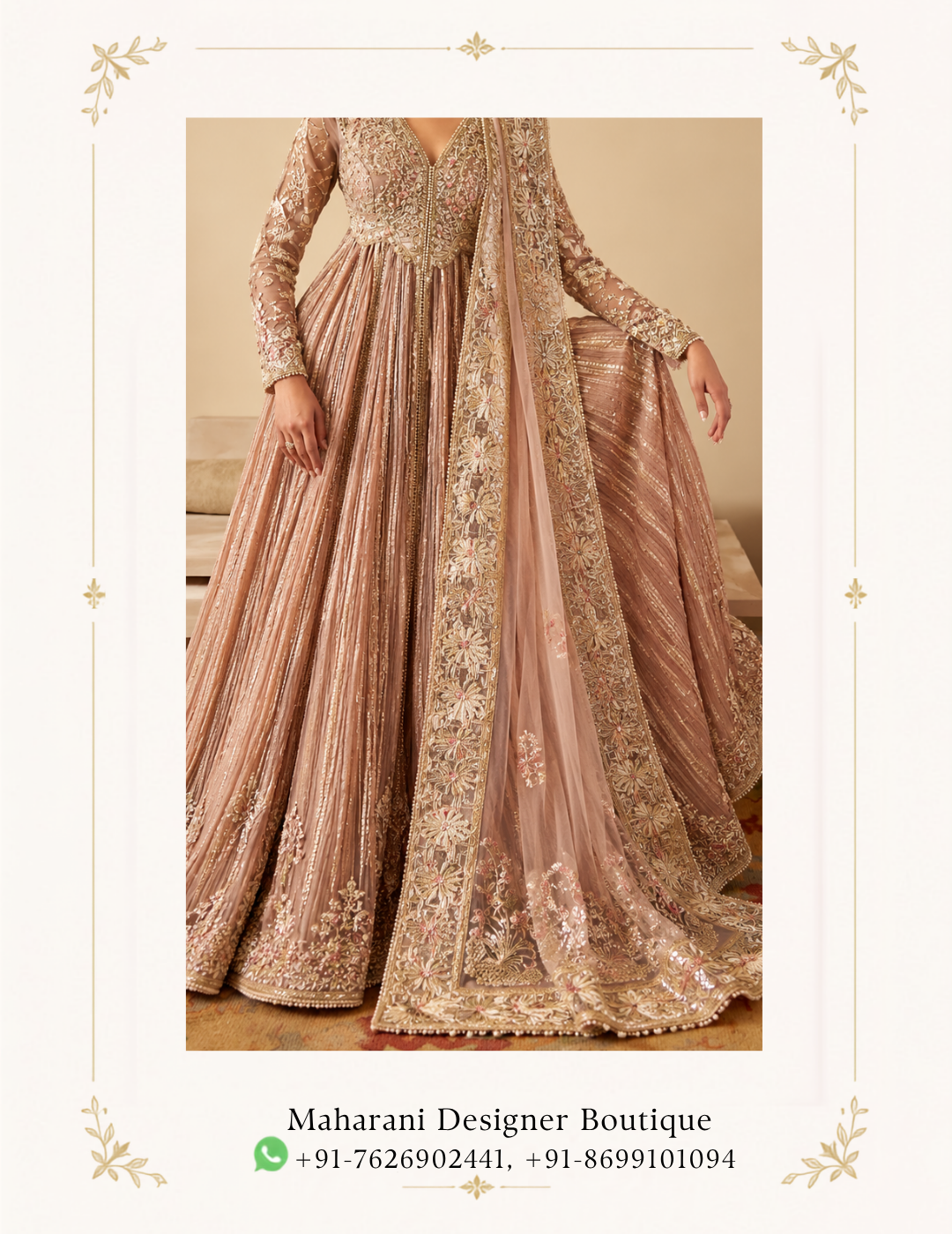 Maharani Rose Gold Heritage Embroidered Anarkali Suit Elevate your festive wardrobe with the Maharani Rose Gold Heritage Embroidered Anarkali Suit, Rose Gold Designer Anarkali Suit with Heavy Embroidery & Dupatta , Maharani Designer Boutique Jalandhar, a sophisticated ensemble designed in a soft rose-gold and blush palette. Perfect for weddings, receptions, festive celebrations, engagement parties, sangeet functions and elegant evening occasions, this designer Anarkali brings together traditional Indian craftsmanship with a refined contemporary aesthetic. Brand: Maharani Designer Boutique Category: Designer Anarkali Suit Colour: Rose Gold / Blush Work: Embroidery & Embellishment Occasion: Wedding, Reception, Sangeet & Festive Wear Royal Rose Gold Embroidered Punjabi Suit,Maharani Rose Gold Mirror Work Bridal Lehenga Choli,Maharani Rose Pink Royal Embroidered Sharara Suit,Maharani Rose Gold Embroidered Salwar Suit,Maharani Blush Rose Royal Embroidered Sharara Suit
