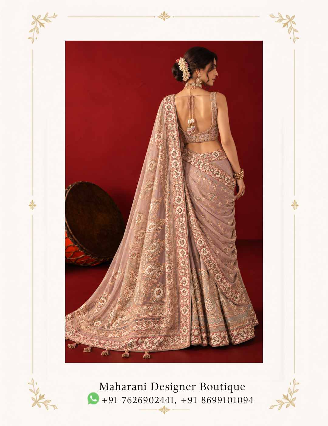 Maharani Dusty Rose Heritage Embroidered Saree Shop a dusty rose designer saree featuring intricate floral embroidery,Dusty Rose Designer Saree with Floral Embroidery & Ornate Border, Maharani designer boutique jalandhar, a statement pallu and ornate borders with a matching embroidered blousPerfect for weddings, receptions, festive celebrations, engagement ceremonies, sangeet functions and elegant evening occasions, this designer saree offers a refined blend of contemporary styling and traditional Indian craftsmanship.e. Brand: Maharani Designer Boutique Category: Designer Saree Colour: Dusty Rose / Blush Pink Work: Embroidery & Ornate Border Work Occasion: Wedding, Reception, Engagement, Sangeet & Festive Wear Red Bridal Saree with Heavy Gold Embroidery & Designer Blouse,Dusty Rose Embroidered Anarkali Lehenga,Maharani Rose Gold Embroidered Salwar Suit,Royal Rose Gold Embroidered Punjabi Suit,Maharani Rose Gold Mirror Work Bridal Lehenga Choli