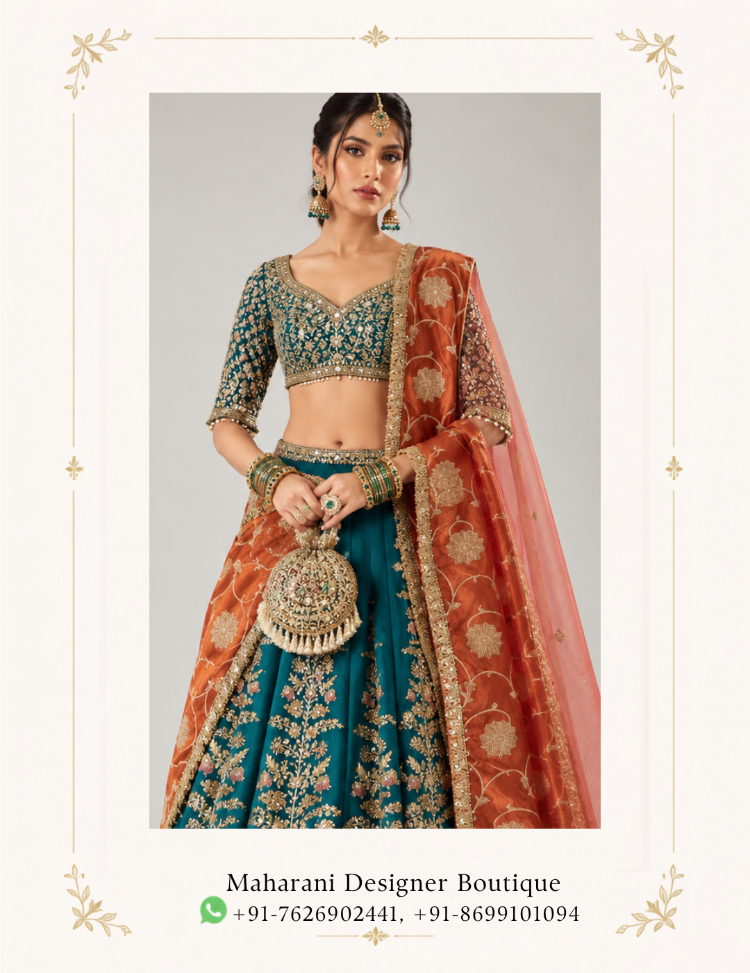 Shop the Maharani Teal & Rust Royal Embroidered Lehenga Choli with golden floral embroidery and rust orange dupatta. Perfect for weddings, bridal events and festive occasions.