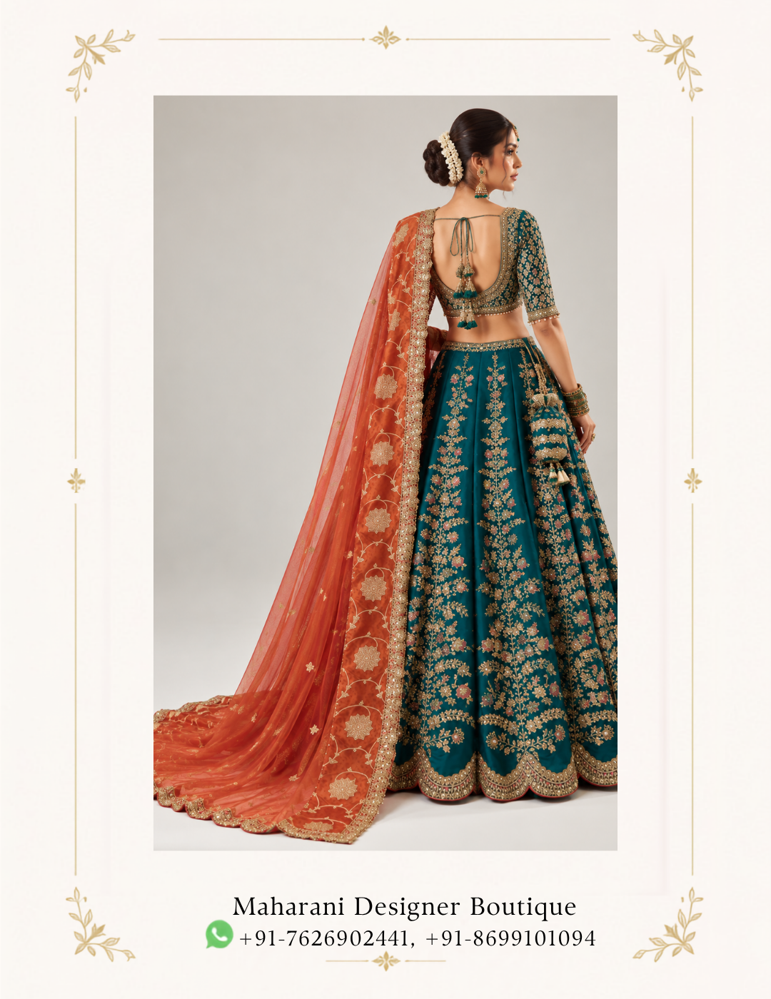 Shop the Maharani Teal & Rust Royal Embroidered Lehenga Choli with golden floral embroidery and rust orange dupatta. Perfect for weddings, bridal events and festive occasions.