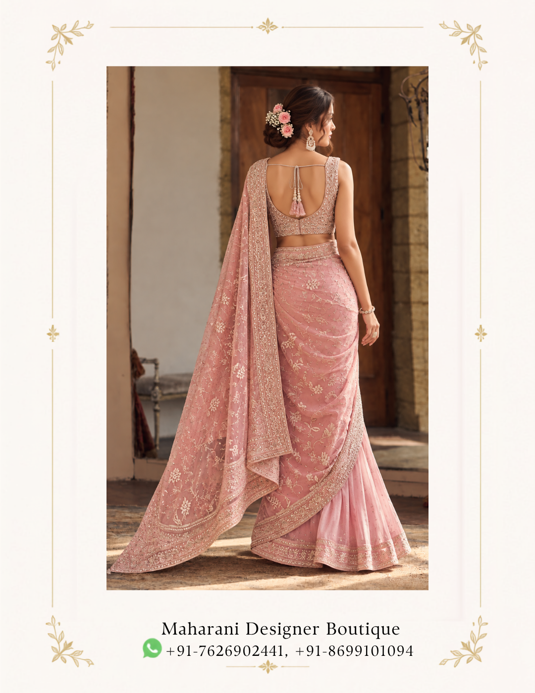 Blush Pink Embroidered Designer Saree with Heavy Border Dupatta Make an elegant statement with the Maharani Rose Blush Embroidered Designer Saree, a graceful celebration of feminine charm, delicate detailing, and timeless Indian style. Designed in a soft blush pink shade, this exquisite saree features intricate all-over embroidery, a richly embellished border, and a beautifully coordinated blouse that creates a sophisticated and luxurious look. The saree showcases an elegant floral-inspired embroidered pattern spread across the drape, giving the fabric a refined and graceful appearance. The soft pink tone adds a romantic touch, making this ensemble especially beautiful for weddings, receptions, engagement celebrations, festive occasions, and elegant evening events. Maharani Rose Blush Embroidered Designer Saree The heavily embroidered saree border provides a statement finish, featuring intricate traditional motifs and detailed embellishment that beautifully frames the entire drape. The border adds depth and richness while maintaining the delicate character of the overall design, Maharani Rose Blush Embroidered Designer Saree . The matching blouse is designed with an elegant sleeveless silhouette and a beautifully embellished neckline. Its detailed embroidery complements the saree while creating a polished, coordinated appearance. A matching sheer drape with an ornate embroidered border completes the ensemble and adds an effortless layer of sophistication. Key Features Elegant blush pink colour Designer Indian saree silhouette Intricate floral-inspired embroidery Heavily embellished decorative border Coordinated embroidered blouse Matching sheer drape Sophisticated and feminine aesthetic Graceful contemporary styling Ideal for special occasions and celebrations Perfect For The Maharani Rose Blush Embroidered Designer Saree is perfect for: Wedding receptions Engagement ceremonies Wedding guest outfits Cocktail evenings Festive celebrations Sangeet functions Anniversary celebrations Formal parties Family occasions Elegant evening events Maharani Designer Boutique Jalandhar Pair this blush pink saree with diamond-style or pearl jewellery for an elegant contemporary look. A statement bracelet, delicate earrings, and a sophisticated clutch can enhance the ensemble without taking attention away from its detailed embroidery. For a more traditional appearance, style it with a kundan or polki-inspired necklace, statement earrings, and matching bangles. Soft curls, a low bun, or an elegant updo can beautifully complement the neckline and overall silhouette. Complete the look with nude, champagne, or metallic heels for an elongated and polished appearance. Why You'll Love It The beauty of this designer saree lies in its balance between delicate colour and statement craftsmanship. The blush pink base creates a soft, sophisticated canvas, while the intricate embroidery and ornate borders introduce a luxurious festive character. The coordinated blouse and drape allow you to create a complete occasion-ready look with minimal styling effort. Whether you're attending a close friend's wedding, celebrating an engagement, or looking for a sophisticated festive outfit, this saree offers a graceful way to embrace traditional Indian fashion with a modern sensibility. Brand: Maharani Designer Boutique Colour: Blush Pink / Rose Pink Style: Designer Embroidered Saree Work: Intricate Embroidery & Embellished Border Occasion: Wedding, Reception, Party & Festive Wear Set: Saree with Coordinated Blouse and Matching Drape
