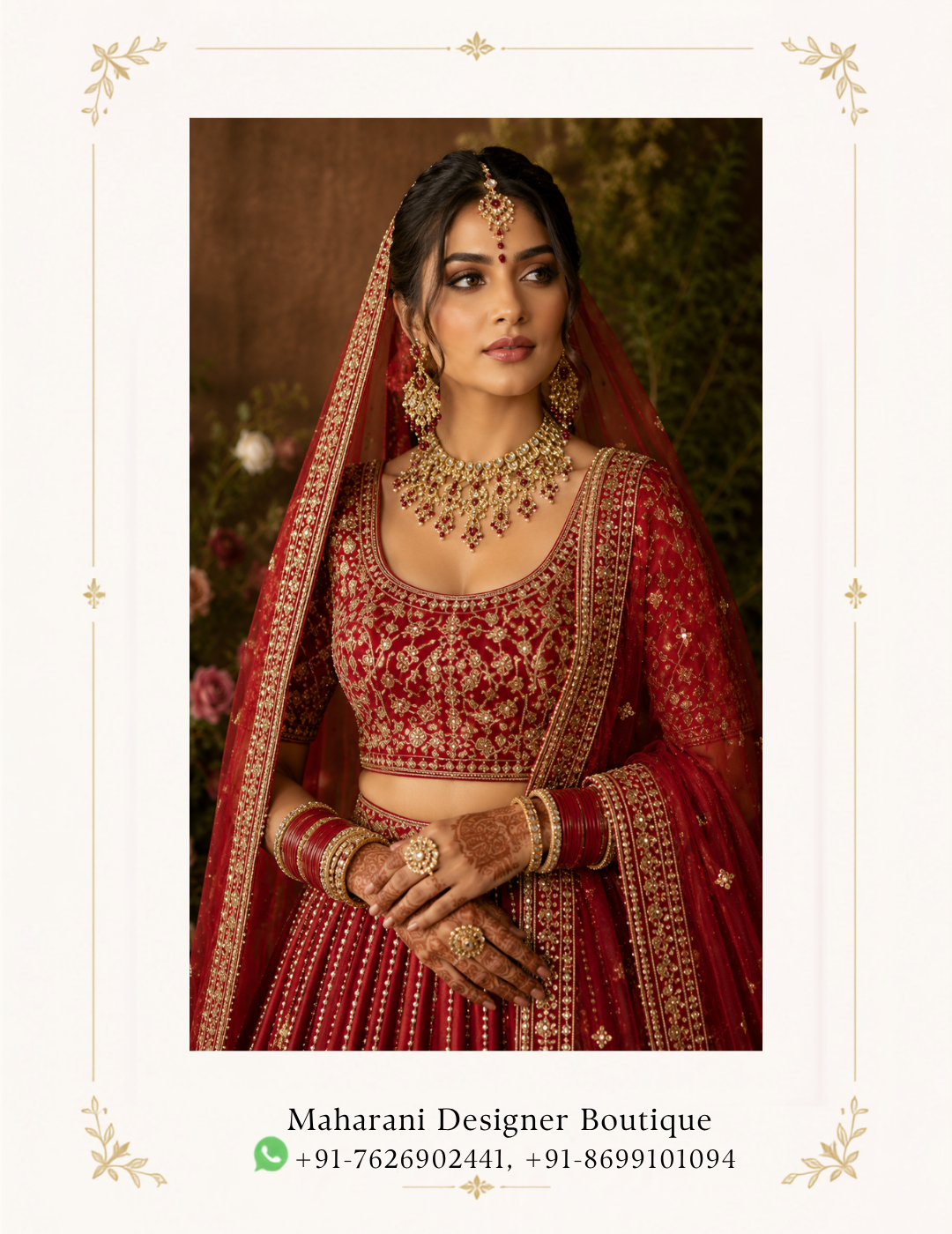 Ruhani Riwaaz Bridal Red Lehenga by Maharani Designer Boutique Make your most cherished celebrations unforgettable with the Ruhani Riwaaz Bridal Red Lehenga, an exquisite traditional ensemble by Maharani Designer Boutique. Designed for the modern bride who appreciates timeless Indian elegance, this richly detailed red lehenga combines a classic bridal colour with elaborate golden embroidery, a beautifully embellished blouse and a graceful matching dupatta. The deep red colour immediately creates a regal bridal presence, while the extensive golden detailing adds richness, dimension and traditional grandeur. Every element of this ensemble is designed to work together, from the intricately decorated choli and sweeping lehenga to the ornate dupatta border. The overall aesthetic is luxurious yet rooted in traditional Indian bridal fashion. It is a statement outfit created for brides who want their wedding look to feel memorable, sophisticated and unmistakably bridal. The Ruhani Riwaaz Bridal Red Lehenga is ideal for weddings, bridal ceremonies, receptions, engagement celebrations, sangeet evenings and other grand occasions where traditional elegance takes centre stage. A Timeless Bridal Red Lehenga Red has long been associated with celebration, romance and bridal elegance in Indian fashion. This ensemble embraces that timeless appeal through a rich red colour palette enhanced with golden embellishment. The red base provides a dramatic foundation for the intricate embroidery. Golden motifs appear throughout the lehenga, creating an ornate visual rhythm that becomes especially striking across the broad lower border. Rather than relying on colour alone, the design uses embroidery and borders to create depth throughout the silhouette. The result is a lehenga that feels traditional, luxurious and ceremonial. For brides looking for a red bridal lehenga with heavy embroidery, this design offers a sophisticated interpretation of classic wedding fashion. Intricately Embroidered Lehenga The lehenga is the centrepiece of this bridal ensemble. Its full, flowing silhouette creates the dramatic volume traditionally associated with bridal lehengas. The fabric is covered with detailed golden motifs arranged across the body, while the lower portion features multiple richly embroidered borders. The combination of repeated motifs and elaborate borders gives the skirt an opulent appearance. As the lehenga moves, the embroidery catches the light, enhancing the visual richness of the outfit. The broad lower border is particularly prominent and creates a beautifully defined hemline. Its intricate patterns provide a strong finishing detail while complementing the embroidery throughout the rest of the ensemble. Elaborate Golden Embroidery Golden embroidery is the defining decorative feature of the Ruhani Riwaaz Lehenga. The intricate gold-toned work contrasts beautifully against the rich red background, creating the luxurious appearance associated with traditional bridal couture. The embroidery incorporates ornamental motifs and detailed patterned elements across the skirt, blouse and dupatta. This coordinated embellishment ensures that the complete outfit feels unified rather than consisting of unrelated pieces. The golden work also provides versatility when choosing jewellery. Traditional gold jewellery will blend seamlessly with the embroidery, while kundan, polki-inspired or antique-finish jewellery can create a more elaborate bridal appearance. Statement Bridal Blouse The matching blouse is designed to complement the richness of the lehenga. Its rounded neckline is framed with detailed embroidery, creating a beautiful focal point around the upper body. The blouse features an ornate pattern across the front, while the sleeves continue the decorative language of the outfit. The fitted silhouette provides contrast against the voluminous lehenga, helping create a balanced bridal shape. The blouse can be styled with traditional bridal jewellery such as a choker, rani haar, necklace layers, jhumkas and a maang tikka. Elegant Neckline The neckline is carefully decorated with golden embroidery, allowing the blouse to coordinate beautifully with bridal jewellery. A statement choker can sit naturally around the neckline, while a longer necklace can add another layer of traditional grandeur. For brides who prefer a more contemporary styling approach, a single statement necklace paired with oversized earrings can create an elegant modern bridal look. Detailed Sleeves The sleeves continue the embroidered character of the blouse. Their ornate detailing helps maintain visual balance between the upper and lower sections of the outfit. The sleeve embroidery also looks beautiful when paired with traditional bangles or bridal chooda. For a classic wedding appearance, layer bangles and bracelets around the wrists. For a more minimal aesthetic, choose one statement bracelet and let the sleeve embroidery remain prominent. Grand Lehenga Border One of the most eye-catching elements of this design is the elaborate lower border. Multiple rows of detailed golden patterns create a rich architectural finish around the hem. The border gives the lehenga a strong bridal presence and makes the skirt particularly photogenic. When the bride walks, turns or sits, the layered embroidery creates beautiful visual movement. This makes the outfit especially suited to wedding photography and cinematic bridal portraits. Coordinated Bridal Dupatta The ensemble is completed with a matching red dupatta featuring an elaborate embroidered border. The dupatta extends the bridal aesthetic beyond the lehenga and blouse while creating additional styling possibilities. Its rich border frames the fabric beautifully. The dupatta can be draped over one shoulder for a contemporary bridal look or placed over the head for a traditional ceremony-ready appearance. When draped over the head, the red fabric creates a classic bridal silhouette and allows the embroidered border to frame the face and shoulders. Dupatta Border Detailing The border features extensive golden embroidery that complements the borders of the lehenga. This matching treatment creates continuity throughout the ensemble. The coordinated borders are particularly useful when photographing the outfit from different angles because the embroidery remains visually consistent throughout the silhouette. Bridal Styling Inspiration The Ruhani Riwaaz Bridal Red Lehenga offers numerous styling possibilities. For a classic bridal appearance, pair it with: Gold bridal jewellery Traditional chooda Maang tikka Jhumkas Layered necklace Embellished bridal heels Red or neutral bridal makeup Dupatta draped over the head For a contemporary bridal appearance, consider: Statement choker Oversized earrings Minimal necklace layers Sleek hairstyle Metallic heels Structured bridal clutch The same lehenga can therefore be styled according to the bride's personality. Perfect for the Wedding Ceremony This red bridal lehenga for wedding ceremonies is designed to create an unmistakably traditional bridal presence. The combination of red and gold naturally complements the grandeur of an Indian wedding. The full silhouette, ornate borders and coordinated dupatta create the kind of dramatic appearance that photographs beautifully from both close and full-length perspectives. Whether worn for the main ceremony or another important wedding function, the ensemble makes a strong statement. Bridal Reception Look The Ruhani Riwaaz Lehenga can also be styled beautifully for a wedding reception. For an evening reception, pair it with statement jewellery and metallic footwear. Choose a polished hairstyle with soft waves or a sophisticated low bun. A bold lip can complement the rich red colour, while luminous makeup can enhance the golden embroidery. Sangeet Celebration The flowing lehenga silhouette is also suitable for a glamorous sangeet celebration. For a sangeet, consider a lighter jewellery combination to allow greater freedom of movement. Statement earrings, bangles and a decorative clutch can provide enough glamour without making the overall styling feel excessive. The broad lehenga flare creates an attractive appearance during movement and photographs. Engagement Outfit Although the design has a distinctly bridal character, it can also be styled for an engagement celebration. If you want a dramatic engagement look, wear the lehenga with a statement choker and earrings while keeping the dupatta elegantly draped over one shoulder. A more restrained jewellery selection will allow the embroidery to take centre stage. Wedding Guest Styling Depending on the wedding event and dress code, the ensemble can also inspire a grand wedding guest appearance. For guests, styling should generally be differentiated from the bride's full bridal presentation. Pair the outfit with lighter jewellery and a simpler hairstyle for a sophisticated festive look. Jewellery Pairing The red and gold palette offers extensive jewellery options. Traditional Gold Jewellery Gold jewellery creates a seamless connection with the golden embroidery. Kundan-Inspired Jewellery Kundan-inspired pieces can enhance the regal character of the lehenga. Polki-Inspired Jewellery For an elaborate bridal appearance, layered polki-inspired jewellery can complement the rich embroidery. Choker Necklace A statement choker beautifully frames the embroidered neckline. Long Necklace A longer necklace can be layered beneath the choker for a traditional bridal look. Jhumkas Large jhumkas complement the ornate blouse and bridal aesthetic. Maang Tikka A maang tikka completes the traditional bridal styling. Hairstyle Ideas The right hairstyle can dramatically change the overall character of the ensemble. Traditional Bridal Bun A classic bun decorated with flowers creates an elegant ceremonial appearance. Soft Waves Loose waves offer a romantic and contemporary interpretation. Low Bun A polished low bun draws attention toward the neckline and jewellery. Side-Swept Hair Side-swept waves create a glamorous reception-ready look. Braided Bridal Hairstyle A decorated braid can give the ensemble a distinctly traditional character. Makeup Ideas The rich red and gold colour palette works beautifully with both traditional and contemporary bridal makeup. For a classic look, consider warm neutral eyeshadow, defined eyeliner, soft blush and a rich red lip. For a contemporary interpretation, choose luminous skin, softly defined eyes, neutral lips and highlighted cheekbones. The objective is to complement the outfit without overpowering its detailed embroidery. Footwear Pairing A bridal lehenga looks particularly elegant with elevated footwear. Suitable options include: Gold heels Champagne heels Embellished sandals Metallic heels Traditional juttis Embroidered bridal footwear Choose footwear that complements the embroidery while remaining comfortable enough for extended wedding celebrations. Bridal Clutch and Potli A small embellished clutch or traditional potli can complete the ensemble. Gold, red, champagne and antique-finish accessories can work beautifully with the colour palette. For a traditional ceremony, an embroidered potli can enhance the ethnic aesthetic. For a reception, a structured metallic clutch can create a more contemporary appearance. Traditional Dupatta Draping For the main wedding ceremony, draping the dupatta over the head creates a classic bridal silhouette. The ornate border frames the face and adds another layer of visual richness. You can secure the dupatta carefully with discreet pins to maintain its position throughout the ceremony. Contemporary Dupatta Draping For receptions and evening events, drape the dupatta over one shoulder and allow it to fall naturally. This styling highlights the embroidered border while creating a more relaxed and contemporary silhouette. It also allows more visibility of the blouse and lehenga embroidery. Photography-Friendly Design A bridal outfit should look beautiful both in person and in photographs. The Ruhani Riwaaz Lehenga features several elements that naturally create visual interest: Deep red colour Contrasting golden embroidery Broad ornate borders Full lehenga silhouette Detailed blouse Embroidered dupatta Coordinated decorative elements These details create depth in photographs and ensure the outfit remains visually distinctive from different angles. A Statement for the Modern Bride Modern bridal fashion is increasingly about balancing tradition with individual personality. The Ruhani Riwaaz Bridal Red Lehenga preserves the classic appeal of red bridalwear while presenting it through a sophisticated designer silhouette. The ornate golden embroidery delivers the grandeur expected from a bridal ensemble, while the coordinated design keeps the overall appearance polished. It is an ideal choice for brides who want their wedding outfit to feel traditional, luxurious and memorable. Ideal Occasions The Ruhani Riwaaz Bridal Red Lehenga can be considered for: Wedding ceremony Bridal ceremony Reception Sangeet Engagement Mehndi celebration Wedding photoshoot Bridal portrait session Family wedding celebration Formal festive event Traditional celebration Luxury Indian occasion wear Why Choose the Ruhani Riwaaz Lehenga? Rich Red Colour The deep red shade delivers a timeless bridal aesthetic. Golden Embroidery Extensive golden detailing creates an opulent appearance. Full Flared Silhouette The voluminous lehenga creates classic bridal drama. Coordinated Blouse The embroidered blouse balances the skirt beautifully. Statement Borders Elaborate borders enhance the overall richness of the ensemble. Matching Dupatta The embroidered dupatta completes the bridal look. Versatile Styling The outfit can be styled traditionally or with a contemporary approach. Maharani Designer Boutique At Maharani Designer Boutique, the focus is on creating sophisticated Indian occasion wear that celebrates traditional craftsmanship, elegant silhouettes and contemporary styling. The Ruhani Riwaaz Bridal Red Lehenga reflects that aesthetic through its rich red colour, intricate golden embroidery, statement borders and coordinated bridal dupatta. For women searching for a red bridal lehenga, bridal lehenga for wedding, heavy bridal lehenga, red wedding lehenga, designer bridal lehenga, embroidered bridal lehenga, red lehenga choli, bridal lehenga with dupatta, Indian bridal wear, wedding lehenga for bride, luxury bridal lehenga and designer Indian wedding outfits, this ensemble offers a timeless option for a memorable celebration. Whether you envision a traditional wedding ceremony, glamorous reception or elegant bridal photoshoot, this lehenga provides a strong foundation for creating a distinctive bridal look. Product Details Product Name: Ruhani Riwaaz Bridal Red Lehenga Brand: Maharani Designer Boutique Category: Bridal Lehenga Choli Primary Colour: Rich Red Embroidery: Extensive golden decorative embroidery Blouse: Embroidered bridal blouse with detailed neckline and sleeves Lehenga: Flared bridal skirt with all-over motifs and ornate multi-layer border Dupatta: Coordinated red dupatta with detailed golden border Style: Traditional Indian bridal occasion wear Suitable For: Weddings, receptions, sangeet, engagements and formal celebrations Important: Exact fabric composition, lining, embroidery technique, embellishment materials, measurements, customization and availability should be confirmed with Maharani Designer Boutique before purchase, as these specifications cannot be determined solely from the photograph. Care Instructions Because this is an intricately embellished occasion-wear ensemble, careful handling is recommended. Store the lehenga in a clean, breathable garment bag away from moisture and direct sunlight. Avoid placing heavy items over embroidered areas. Handle the embellished borders carefully to prevent snagging. Keep jewellery, accessories and sharp objects away from delicate embroidery while dressing. Avoid spraying perfume or hairspray directly onto the fabric. For cleaning, follow the garment's care label and the boutique's recommendations. Professional cleaning may be appropriate depending on the final fabric and embellishment construction. After wearing, allow the outfit to air before storing it. Proper storage can help preserve the embroidery, colour and overall finish for future celebrations. Bridal Red Embroidered Lehenga Choli with Dupatta red bridal lehenga, red bridal lehenga for wedding, red wedding lehenga, red lehenga for bride, bridal red lehenga, designer bridal lehenga, designer red lehenga, heavy bridal lehenga, heavy red bridal lehenga, embroidered bridal lehenga, red embroidered lehenga, red lehenga choli, bridal lehenga choli, bridal lehenga with dupatta, red bridal lehenga with dupatta, wedding lehenga for bride, Indian bridal lehenga, Indian wedding lehenga, traditional bridal lehenga, luxury bridal lehenga, bridal wear for women, designer bridal wear, wedding wear for bride, bridal outfit for wedding, red wedding outfit, red lehenga for wedding