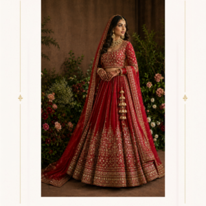 Ruhani Riwaaz Bridal Red Lehenga by Maharani Designer Boutique Make your most cherished celebrations unforgettable with the Ruhani Riwaaz Bridal Red Lehenga, an exquisite traditional ensemble by Maharani Designer Boutique. Designed for the modern bride who appreciates timeless Indian elegance, this richly detailed red lehenga combines a classic bridal colour with elaborate golden embroidery, a beautifully embellished blouse and a graceful matching dupatta. The deep red colour immediately creates a regal bridal presence, while the extensive golden detailing adds richness, dimension and traditional grandeur. Every element of this ensemble is designed to work together, from the intricately decorated choli and sweeping lehenga to the ornate dupatta border. The overall aesthetic is luxurious yet rooted in traditional Indian bridal fashion. It is a statement outfit created for brides who want their wedding look to feel memorable, sophisticated and unmistakably bridal. The Ruhani Riwaaz Bridal Red Lehenga is ideal for weddings, bridal ceremonies, receptions, engagement celebrations, sangeet evenings and other grand occasions where traditional elegance takes centre stage. A Timeless Bridal Red Lehenga Red has long been associated with celebration, romance and bridal elegance in Indian fashion. This ensemble embraces that timeless appeal through a rich red colour palette enhanced with golden embellishment. The red base provides a dramatic foundation for the intricate embroidery. Golden motifs appear throughout the lehenga, creating an ornate visual rhythm that becomes especially striking across the broad lower border. Rather than relying on colour alone, the design uses embroidery and borders to create depth throughout the silhouette. The result is a lehenga that feels traditional, luxurious and ceremonial. For brides looking for a red bridal lehenga with heavy embroidery, this design offers a sophisticated interpretation of classic wedding fashion. Intricately Embroidered Lehenga The lehenga is the centrepiece of this bridal ensemble. Its full, flowing silhouette creates the dramatic volume traditionally associated with bridal lehengas. The fabric is covered with detailed golden motifs arranged across the body, while the lower portion features multiple richly embroidered borders. The combination of repeated motifs and elaborate borders gives the skirt an opulent appearance. As the lehenga moves, the embroidery catches the light, enhancing the visual richness of the outfit. The broad lower border is particularly prominent and creates a beautifully defined hemline. Its intricate patterns provide a strong finishing detail while complementing the embroidery throughout the rest of the ensemble. Elaborate Golden Embroidery Golden embroidery is the defining decorative feature of the Ruhani Riwaaz Lehenga. The intricate gold-toned work contrasts beautifully against the rich red background, creating the luxurious appearance associated with traditional bridal couture. The embroidery incorporates ornamental motifs and detailed patterned elements across the skirt, blouse and dupatta. This coordinated embellishment ensures that the complete outfit feels unified rather than consisting of unrelated pieces. The golden work also provides versatility when choosing jewellery. Traditional gold jewellery will blend seamlessly with the embroidery, while kundan, polki-inspired or antique-finish jewellery can create a more elaborate bridal appearance. Statement Bridal Blouse The matching blouse is designed to complement the richness of the lehenga. Its rounded neckline is framed with detailed embroidery, creating a beautiful focal point around the upper body. The blouse features an ornate pattern across the front, while the sleeves continue the decorative language of the outfit. The fitted silhouette provides contrast against the voluminous lehenga, helping create a balanced bridal shape. The blouse can be styled with traditional bridal jewellery such as a choker, rani haar, necklace layers, jhumkas and a maang tikka. Elegant Neckline The neckline is carefully decorated with golden embroidery, allowing the blouse to coordinate beautifully with bridal jewellery. A statement choker can sit naturally around the neckline, while a longer necklace can add another layer of traditional grandeur. For brides who prefer a more contemporary styling approach, a single statement necklace paired with oversized earrings can create an elegant modern bridal look. Detailed Sleeves The sleeves continue the embroidered character of the blouse. Their ornate detailing helps maintain visual balance between the upper and lower sections of the outfit. The sleeve embroidery also looks beautiful when paired with traditional bangles or bridal chooda. For a classic wedding appearance, layer bangles and bracelets around the wrists. For a more minimal aesthetic, choose one statement bracelet and let the sleeve embroidery remain prominent. Grand Lehenga Border One of the most eye-catching elements of this design is the elaborate lower border. Multiple rows of detailed golden patterns create a rich architectural finish around the hem. The border gives the lehenga a strong bridal presence and makes the skirt particularly photogenic. When the bride walks, turns or sits, the layered embroidery creates beautiful visual movement. This makes the outfit especially suited to wedding photography and cinematic bridal portraits. Coordinated Bridal Dupatta The ensemble is completed with a matching red dupatta featuring an elaborate embroidered border. The dupatta extends the bridal aesthetic beyond the lehenga and blouse while creating additional styling possibilities. Its rich border frames the fabric beautifully. The dupatta can be draped over one shoulder for a contemporary bridal look or placed over the head for a traditional ceremony-ready appearance. When draped over the head, the red fabric creates a classic bridal silhouette and allows the embroidered border to frame the face and shoulders. Dupatta Border Detailing The border features extensive golden embroidery that complements the borders of the lehenga. This matching treatment creates continuity throughout the ensemble. The coordinated borders are particularly useful when photographing the outfit from different angles because the embroidery remains visually consistent throughout the silhouette. Bridal Styling Inspiration The Ruhani Riwaaz Bridal Red Lehenga offers numerous styling possibilities. For a classic bridal appearance, pair it with: Gold bridal jewellery Traditional chooda Maang tikka Jhumkas Layered necklace Embellished bridal heels Red or neutral bridal makeup Dupatta draped over the head For a contemporary bridal appearance, consider: Statement choker Oversized earrings Minimal necklace layers Sleek hairstyle Metallic heels Structured bridal clutch The same lehenga can therefore be styled according to the bride's personality. Perfect for the Wedding Ceremony This red bridal lehenga for wedding ceremonies is designed to create an unmistakably traditional bridal presence. The combination of red and gold naturally complements the grandeur of an Indian wedding. The full silhouette, ornate borders and coordinated dupatta create the kind of dramatic appearance that photographs beautifully from both close and full-length perspectives. Whether worn for the main ceremony or another important wedding function, the ensemble makes a strong statement. Bridal Reception Look The Ruhani Riwaaz Lehenga can also be styled beautifully for a wedding reception. For an evening reception, pair it with statement jewellery and metallic footwear. Choose a polished hairstyle with soft waves or a sophisticated low bun. A bold lip can complement the rich red colour, while luminous makeup can enhance the golden embroidery. Sangeet Celebration The flowing lehenga silhouette is also suitable for a glamorous sangeet celebration. For a sangeet, consider a lighter jewellery combination to allow greater freedom of movement. Statement earrings, bangles and a decorative clutch can provide enough glamour without making the overall styling feel excessive. The broad lehenga flare creates an attractive appearance during movement and photographs. Engagement Outfit Although the design has a distinctly bridal character, it can also be styled for an engagement celebration. If you want a dramatic engagement look, wear the lehenga with a statement choker and earrings while keeping the dupatta elegantly draped over one shoulder. A more restrained jewellery selection will allow the embroidery to take centre stage. Wedding Guest Styling Depending on the wedding event and dress code, the ensemble can also inspire a grand wedding guest appearance. For guests, styling should generally be differentiated from the bride's full bridal presentation. Pair the outfit with lighter jewellery and a simpler hairstyle for a sophisticated festive look. Jewellery Pairing The red and gold palette offers extensive jewellery options. Traditional Gold Jewellery Gold jewellery creates a seamless connection with the golden embroidery. Kundan-Inspired Jewellery Kundan-inspired pieces can enhance the regal character of the lehenga. Polki-Inspired Jewellery For an elaborate bridal appearance, layered polki-inspired jewellery can complement the rich embroidery. Choker Necklace A statement choker beautifully frames the embroidered neckline. Long Necklace A longer necklace can be layered beneath the choker for a traditional bridal look. Jhumkas Large jhumkas complement the ornate blouse and bridal aesthetic. Maang Tikka A maang tikka completes the traditional bridal styling. Hairstyle Ideas The right hairstyle can dramatically change the overall character of the ensemble. Traditional Bridal Bun A classic bun decorated with flowers creates an elegant ceremonial appearance. Soft Waves Loose waves offer a romantic and contemporary interpretation. Low Bun A polished low bun draws attention toward the neckline and jewellery. Side-Swept Hair Side-swept waves create a glamorous reception-ready look. Braided Bridal Hairstyle A decorated braid can give the ensemble a distinctly traditional character. Makeup Ideas The rich red and gold colour palette works beautifully with both traditional and contemporary bridal makeup. For a classic look, consider warm neutral eyeshadow, defined eyeliner, soft blush and a rich red lip. For a contemporary interpretation, choose luminous skin, softly defined eyes, neutral lips and highlighted cheekbones. The objective is to complement the outfit without overpowering its detailed embroidery. Footwear Pairing A bridal lehenga looks particularly elegant with elevated footwear. Suitable options include: Gold heels Champagne heels Embellished sandals Metallic heels Traditional juttis Embroidered bridal footwear Choose footwear that complements the embroidery while remaining comfortable enough for extended wedding celebrations. Bridal Clutch and Potli A small embellished clutch or traditional potli can complete the ensemble. Gold, red, champagne and antique-finish accessories can work beautifully with the colour palette. For a traditional ceremony, an embroidered potli can enhance the ethnic aesthetic. For a reception, a structured metallic clutch can create a more contemporary appearance. Traditional Dupatta Draping For the main wedding ceremony, draping the dupatta over the head creates a classic bridal silhouette. The ornate border frames the face and adds another layer of visual richness. You can secure the dupatta carefully with discreet pins to maintain its position throughout the ceremony. Contemporary Dupatta Draping For receptions and evening events, drape the dupatta over one shoulder and allow it to fall naturally. This styling highlights the embroidered border while creating a more relaxed and contemporary silhouette. It also allows more visibility of the blouse and lehenga embroidery. Photography-Friendly Design A bridal outfit should look beautiful both in person and in photographs. The Ruhani Riwaaz Lehenga features several elements that naturally create visual interest: Deep red colour Contrasting golden embroidery Broad ornate borders Full lehenga silhouette Detailed blouse Embroidered dupatta Coordinated decorative elements These details create depth in photographs and ensure the outfit remains visually distinctive from different angles. A Statement for the Modern Bride Modern bridal fashion is increasingly about balancing tradition with individual personality. The Ruhani Riwaaz Bridal Red Lehenga preserves the classic appeal of red bridalwear while presenting it through a sophisticated designer silhouette. The ornate golden embroidery delivers the grandeur expected from a bridal ensemble, while the coordinated design keeps the overall appearance polished. It is an ideal choice for brides who want their wedding outfit to feel traditional, luxurious and memorable. Ideal Occasions The Ruhani Riwaaz Bridal Red Lehenga can be considered for: Wedding ceremony Bridal ceremony Reception Sangeet Engagement Mehndi celebration Wedding photoshoot Bridal portrait session Family wedding celebration Formal festive event Traditional celebration Luxury Indian occasion wear Why Choose the Ruhani Riwaaz Lehenga? Rich Red Colour The deep red shade delivers a timeless bridal aesthetic. Golden Embroidery Extensive golden detailing creates an opulent appearance. Full Flared Silhouette The voluminous lehenga creates classic bridal drama. Coordinated Blouse The embroidered blouse balances the skirt beautifully. Statement Borders Elaborate borders enhance the overall richness of the ensemble. Matching Dupatta The embroidered dupatta completes the bridal look. Versatile Styling The outfit can be styled traditionally or with a contemporary approach. Maharani Designer Boutique At Maharani Designer Boutique, the focus is on creating sophisticated Indian occasion wear that celebrates traditional craftsmanship, elegant silhouettes and contemporary styling. The Ruhani Riwaaz Bridal Red Lehenga reflects that aesthetic through its rich red colour, intricate golden embroidery, statement borders and coordinated bridal dupatta. For women searching for a red bridal lehenga, bridal lehenga for wedding, heavy bridal lehenga, red wedding lehenga, designer bridal lehenga, embroidered bridal lehenga, red lehenga choli, bridal lehenga with dupatta, Indian bridal wear, wedding lehenga for bride, luxury bridal lehenga and designer Indian wedding outfits, this ensemble offers a timeless option for a memorable celebration. Whether you envision a traditional wedding ceremony, glamorous reception or elegant bridal photoshoot, this lehenga provides a strong foundation for creating a distinctive bridal look. Product Details Product Name: Ruhani Riwaaz Bridal Red Lehenga Brand: Maharani Designer Boutique Category: Bridal Lehenga Choli Primary Colour: Rich Red Embroidery: Extensive golden decorative embroidery Blouse: Embroidered bridal blouse with detailed neckline and sleeves Lehenga: Flared bridal skirt with all-over motifs and ornate multi-layer border Dupatta: Coordinated red dupatta with detailed golden border Style: Traditional Indian bridal occasion wear Suitable For: Weddings, receptions, sangeet, engagements and formal celebrations Important: Exact fabric composition, lining, embroidery technique, embellishment materials, measurements, customization and availability should be confirmed with Maharani Designer Boutique before purchase, as these specifications cannot be determined solely from the photograph. Care Instructions Because this is an intricately embellished occasion-wear ensemble, careful handling is recommended. Store the lehenga in a clean, breathable garment bag away from moisture and direct sunlight. Avoid placing heavy items over embroidered areas. Handle the embellished borders carefully to prevent snagging. Keep jewellery, accessories and sharp objects away from delicate embroidery while dressing. Avoid spraying perfume or hairspray directly onto the fabric. For cleaning, follow the garment's care label and the boutique's recommendations. Professional cleaning may be appropriate depending on the final fabric and embellishment construction. After wearing, allow the outfit to air before storing it. Proper storage can help preserve the embroidery, colour and overall finish for future celebrations. Bridal Red Embroidered Lehenga Choli with Dupatta red bridal lehenga, red bridal lehenga for wedding, red wedding lehenga, red lehenga for bride, bridal red lehenga, designer bridal lehenga, designer red lehenga, heavy bridal lehenga, heavy red bridal lehenga, embroidered bridal lehenga, red embroidered lehenga, red lehenga choli, bridal lehenga choli, bridal lehenga with dupatta, red bridal lehenga with dupatta, wedding lehenga for bride, Indian bridal lehenga, Indian wedding lehenga, traditional bridal lehenga, luxury bridal lehenga, bridal wear for women, designer bridal wear, wedding wear for bride, bridal outfit for wedding, red wedding outfit, red lehenga for wedding