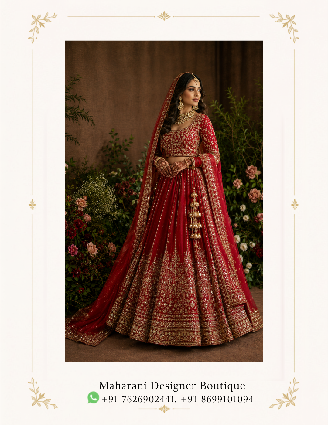 Ruhani Riwaaz Bridal Red Lehenga by Maharani Designer Boutique Make your most cherished celebrations unforgettable with the Ruhani Riwaaz Bridal Red Lehenga, an exquisite traditional ensemble by Maharani Designer Boutique. Designed for the modern bride who appreciates timeless Indian elegance, this richly detailed red lehenga combines a classic bridal colour with elaborate golden embroidery, a beautifully embellished blouse and a graceful matching dupatta. The deep red colour immediately creates a regal bridal presence, while the extensive golden detailing adds richness, dimension and traditional grandeur. Every element of this ensemble is designed to work together, from the intricately decorated choli and sweeping lehenga to the ornate dupatta border. The overall aesthetic is luxurious yet rooted in traditional Indian bridal fashion. It is a statement outfit created for brides who want their wedding look to feel memorable, sophisticated and unmistakably bridal. The Ruhani Riwaaz Bridal Red Lehenga is ideal for weddings, bridal ceremonies, receptions, engagement celebrations, sangeet evenings and other grand occasions where traditional elegance takes centre stage. A Timeless Bridal Red Lehenga Red has long been associated with celebration, romance and bridal elegance in Indian fashion. This ensemble embraces that timeless appeal through a rich red colour palette enhanced with golden embellishment. The red base provides a dramatic foundation for the intricate embroidery. Golden motifs appear throughout the lehenga, creating an ornate visual rhythm that becomes especially striking across the broad lower border. Rather than relying on colour alone, the design uses embroidery and borders to create depth throughout the silhouette. The result is a lehenga that feels traditional, luxurious and ceremonial. For brides looking for a red bridal lehenga with heavy embroidery, this design offers a sophisticated interpretation of classic wedding fashion. Intricately Embroidered Lehenga The lehenga is the centrepiece of this bridal ensemble. Its full, flowing silhouette creates the dramatic volume traditionally associated with bridal lehengas. The fabric is covered with detailed golden motifs arranged across the body, while the lower portion features multiple richly embroidered borders. The combination of repeated motifs and elaborate borders gives the skirt an opulent appearance. As the lehenga moves, the embroidery catches the light, enhancing the visual richness of the outfit. The broad lower border is particularly prominent and creates a beautifully defined hemline. Its intricate patterns provide a strong finishing detail while complementing the embroidery throughout the rest of the ensemble. Elaborate Golden Embroidery Golden embroidery is the defining decorative feature of the Ruhani Riwaaz Lehenga. The intricate gold-toned work contrasts beautifully against the rich red background, creating the luxurious appearance associated with traditional bridal couture. The embroidery incorporates ornamental motifs and detailed patterned elements across the skirt, blouse and dupatta. This coordinated embellishment ensures that the complete outfit feels unified rather than consisting of unrelated pieces. The golden work also provides versatility when choosing jewellery. Traditional gold jewellery will blend seamlessly with the embroidery, while kundan, polki-inspired or antique-finish jewellery can create a more elaborate bridal appearance. Statement Bridal Blouse The matching blouse is designed to complement the richness of the lehenga. Its rounded neckline is framed with detailed embroidery, creating a beautiful focal point around the upper body. The blouse features an ornate pattern across the front, while the sleeves continue the decorative language of the outfit. The fitted silhouette provides contrast against the voluminous lehenga, helping create a balanced bridal shape. The blouse can be styled with traditional bridal jewellery such as a choker, rani haar, necklace layers, jhumkas and a maang tikka. Elegant Neckline The neckline is carefully decorated with golden embroidery, allowing the blouse to coordinate beautifully with bridal jewellery. A statement choker can sit naturally around the neckline, while a longer necklace can add another layer of traditional grandeur. For brides who prefer a more contemporary styling approach, a single statement necklace paired with oversized earrings can create an elegant modern bridal look. Detailed Sleeves The sleeves continue the embroidered character of the blouse. Their ornate detailing helps maintain visual balance between the upper and lower sections of the outfit. The sleeve embroidery also looks beautiful when paired with traditional bangles or bridal chooda. For a classic wedding appearance, layer bangles and bracelets around the wrists. For a more minimal aesthetic, choose one statement bracelet and let the sleeve embroidery remain prominent. Grand Lehenga Border One of the most eye-catching elements of this design is the elaborate lower border. Multiple rows of detailed golden patterns create a rich architectural finish around the hem. The border gives the lehenga a strong bridal presence and makes the skirt particularly photogenic. When the bride walks, turns or sits, the layered embroidery creates beautiful visual movement. This makes the outfit especially suited to wedding photography and cinematic bridal portraits. Coordinated Bridal Dupatta The ensemble is completed with a matching red dupatta featuring an elaborate embroidered border. The dupatta extends the bridal aesthetic beyond the lehenga and blouse while creating additional styling possibilities. Its rich border frames the fabric beautifully. The dupatta can be draped over one shoulder for a contemporary bridal look or placed over the head for a traditional ceremony-ready appearance. When draped over the head, the red fabric creates a classic bridal silhouette and allows the embroidered border to frame the face and shoulders. Dupatta Border Detailing The border features extensive golden embroidery that complements the borders of the lehenga. This matching treatment creates continuity throughout the ensemble. The coordinated borders are particularly useful when photographing the outfit from different angles because the embroidery remains visually consistent throughout the silhouette. Bridal Styling Inspiration The Ruhani Riwaaz Bridal Red Lehenga offers numerous styling possibilities. For a classic bridal appearance, pair it with: Gold bridal jewellery Traditional chooda Maang tikka Jhumkas Layered necklace Embellished bridal heels Red or neutral bridal makeup Dupatta draped over the head For a contemporary bridal appearance, consider: Statement choker Oversized earrings Minimal necklace layers Sleek hairstyle Metallic heels Structured bridal clutch The same lehenga can therefore be styled according to the bride's personality. Perfect for the Wedding Ceremony This red bridal lehenga for wedding ceremonies is designed to create an unmistakably traditional bridal presence. The combination of red and gold naturally complements the grandeur of an Indian wedding. The full silhouette, ornate borders and coordinated dupatta create the kind of dramatic appearance that photographs beautifully from both close and full-length perspectives. Whether worn for the main ceremony or another important wedding function, the ensemble makes a strong statement. Bridal Reception Look The Ruhani Riwaaz Lehenga can also be styled beautifully for a wedding reception. For an evening reception, pair it with statement jewellery and metallic footwear. Choose a polished hairstyle with soft waves or a sophisticated low bun. A bold lip can complement the rich red colour, while luminous makeup can enhance the golden embroidery. Sangeet Celebration The flowing lehenga silhouette is also suitable for a glamorous sangeet celebration. For a sangeet, consider a lighter jewellery combination to allow greater freedom of movement. Statement earrings, bangles and a decorative clutch can provide enough glamour without making the overall styling feel excessive. The broad lehenga flare creates an attractive appearance during movement and photographs. Engagement Outfit Although the design has a distinctly bridal character, it can also be styled for an engagement celebration. If you want a dramatic engagement look, wear the lehenga with a statement choker and earrings while keeping the dupatta elegantly draped over one shoulder. A more restrained jewellery selection will allow the embroidery to take centre stage. Wedding Guest Styling Depending on the wedding event and dress code, the ensemble can also inspire a grand wedding guest appearance. For guests, styling should generally be differentiated from the bride's full bridal presentation. Pair the outfit with lighter jewellery and a simpler hairstyle for a sophisticated festive look. Jewellery Pairing The red and gold palette offers extensive jewellery options. Traditional Gold Jewellery Gold jewellery creates a seamless connection with the golden embroidery. Kundan-Inspired Jewellery Kundan-inspired pieces can enhance the regal character of the lehenga. Polki-Inspired Jewellery For an elaborate bridal appearance, layered polki-inspired jewellery can complement the rich embroidery. Choker Necklace A statement choker beautifully frames the embroidered neckline. Long Necklace A longer necklace can be layered beneath the choker for a traditional bridal look. Jhumkas Large jhumkas complement the ornate blouse and bridal aesthetic. Maang Tikka A maang tikka completes the traditional bridal styling. Hairstyle Ideas The right hairstyle can dramatically change the overall character of the ensemble. Traditional Bridal Bun A classic bun decorated with flowers creates an elegant ceremonial appearance. Soft Waves Loose waves offer a romantic and contemporary interpretation. Low Bun A polished low bun draws attention toward the neckline and jewellery. Side-Swept Hair Side-swept waves create a glamorous reception-ready look. Braided Bridal Hairstyle A decorated braid can give the ensemble a distinctly traditional character. Makeup Ideas The rich red and gold colour palette works beautifully with both traditional and contemporary bridal makeup. For a classic look, consider warm neutral eyeshadow, defined eyeliner, soft blush and a rich red lip. For a contemporary interpretation, choose luminous skin, softly defined eyes, neutral lips and highlighted cheekbones. The objective is to complement the outfit without overpowering its detailed embroidery. Footwear Pairing A bridal lehenga looks particularly elegant with elevated footwear. Suitable options include: Gold heels Champagne heels Embellished sandals Metallic heels Traditional juttis Embroidered bridal footwear Choose footwear that complements the embroidery while remaining comfortable enough for extended wedding celebrations. Bridal Clutch and Potli A small embellished clutch or traditional potli can complete the ensemble. Gold, red, champagne and antique-finish accessories can work beautifully with the colour palette. For a traditional ceremony, an embroidered potli can enhance the ethnic aesthetic. For a reception, a structured metallic clutch can create a more contemporary appearance. Traditional Dupatta Draping For the main wedding ceremony, draping the dupatta over the head creates a classic bridal silhouette. The ornate border frames the face and adds another layer of visual richness. You can secure the dupatta carefully with discreet pins to maintain its position throughout the ceremony. Contemporary Dupatta Draping For receptions and evening events, drape the dupatta over one shoulder and allow it to fall naturally. This styling highlights the embroidered border while creating a more relaxed and contemporary silhouette. It also allows more visibility of the blouse and lehenga embroidery. Photography-Friendly Design A bridal outfit should look beautiful both in person and in photographs. The Ruhani Riwaaz Lehenga features several elements that naturally create visual interest: Deep red colour Contrasting golden embroidery Broad ornate borders Full lehenga silhouette Detailed blouse Embroidered dupatta Coordinated decorative elements These details create depth in photographs and ensure the outfit remains visually distinctive from different angles. A Statement for the Modern Bride Modern bridal fashion is increasingly about balancing tradition with individual personality. The Ruhani Riwaaz Bridal Red Lehenga preserves the classic appeal of red bridalwear while presenting it through a sophisticated designer silhouette. The ornate golden embroidery delivers the grandeur expected from a bridal ensemble, while the coordinated design keeps the overall appearance polished. It is an ideal choice for brides who want their wedding outfit to feel traditional, luxurious and memorable. Ideal Occasions The Ruhani Riwaaz Bridal Red Lehenga can be considered for: Wedding ceremony Bridal ceremony Reception Sangeet Engagement Mehndi celebration Wedding photoshoot Bridal portrait session Family wedding celebration Formal festive event Traditional celebration Luxury Indian occasion wear Why Choose the Ruhani Riwaaz Lehenga? Rich Red Colour The deep red shade delivers a timeless bridal aesthetic. Golden Embroidery Extensive golden detailing creates an opulent appearance. Full Flared Silhouette The voluminous lehenga creates classic bridal drama. Coordinated Blouse The embroidered blouse balances the skirt beautifully. Statement Borders Elaborate borders enhance the overall richness of the ensemble. Matching Dupatta The embroidered dupatta completes the bridal look. Versatile Styling The outfit can be styled traditionally or with a contemporary approach. Maharani Designer Boutique At Maharani Designer Boutique, the focus is on creating sophisticated Indian occasion wear that celebrates traditional craftsmanship, elegant silhouettes and contemporary styling. The Ruhani Riwaaz Bridal Red Lehenga reflects that aesthetic through its rich red colour, intricate golden embroidery, statement borders and coordinated bridal dupatta. For women searching for a red bridal lehenga, bridal lehenga for wedding, heavy bridal lehenga, red wedding lehenga, designer bridal lehenga, embroidered bridal lehenga, red lehenga choli, bridal lehenga with dupatta, Indian bridal wear, wedding lehenga for bride, luxury bridal lehenga and designer Indian wedding outfits, this ensemble offers a timeless option for a memorable celebration. Whether you envision a traditional wedding ceremony, glamorous reception or elegant bridal photoshoot, this lehenga provides a strong foundation for creating a distinctive bridal look. Product Details Product Name: Ruhani Riwaaz Bridal Red Lehenga Brand: Maharani Designer Boutique Category: Bridal Lehenga Choli Primary Colour: Rich Red Embroidery: Extensive golden decorative embroidery Blouse: Embroidered bridal blouse with detailed neckline and sleeves Lehenga: Flared bridal skirt with all-over motifs and ornate multi-layer border Dupatta: Coordinated red dupatta with detailed golden border Style: Traditional Indian bridal occasion wear Suitable For: Weddings, receptions, sangeet, engagements and formal celebrations Important: Exact fabric composition, lining, embroidery technique, embellishment materials, measurements, customization and availability should be confirmed with Maharani Designer Boutique before purchase, as these specifications cannot be determined solely from the photograph. Care Instructions Because this is an intricately embellished occasion-wear ensemble, careful handling is recommended. Store the lehenga in a clean, breathable garment bag away from moisture and direct sunlight. Avoid placing heavy items over embroidered areas. Handle the embellished borders carefully to prevent snagging. Keep jewellery, accessories and sharp objects away from delicate embroidery while dressing. Avoid spraying perfume or hairspray directly onto the fabric. For cleaning, follow the garment's care label and the boutique's recommendations. Professional cleaning may be appropriate depending on the final fabric and embellishment construction. After wearing, allow the outfit to air before storing it. Proper storage can help preserve the embroidery, colour and overall finish for future celebrations. Bridal Red Embroidered Lehenga Choli with Dupatta red bridal lehenga, red bridal lehenga for wedding, red wedding lehenga, red lehenga for bride, bridal red lehenga, designer bridal lehenga, designer red lehenga, heavy bridal lehenga, heavy red bridal lehenga, embroidered bridal lehenga, red embroidered lehenga, red lehenga choli, bridal lehenga choli, bridal lehenga with dupatta, red bridal lehenga with dupatta, wedding lehenga for bride, Indian bridal lehenga, Indian wedding lehenga, traditional bridal lehenga, luxury bridal lehenga, bridal wear for women, designer bridal wear, wedding wear for bride, bridal outfit for wedding, red wedding outfit, red lehenga for wedding