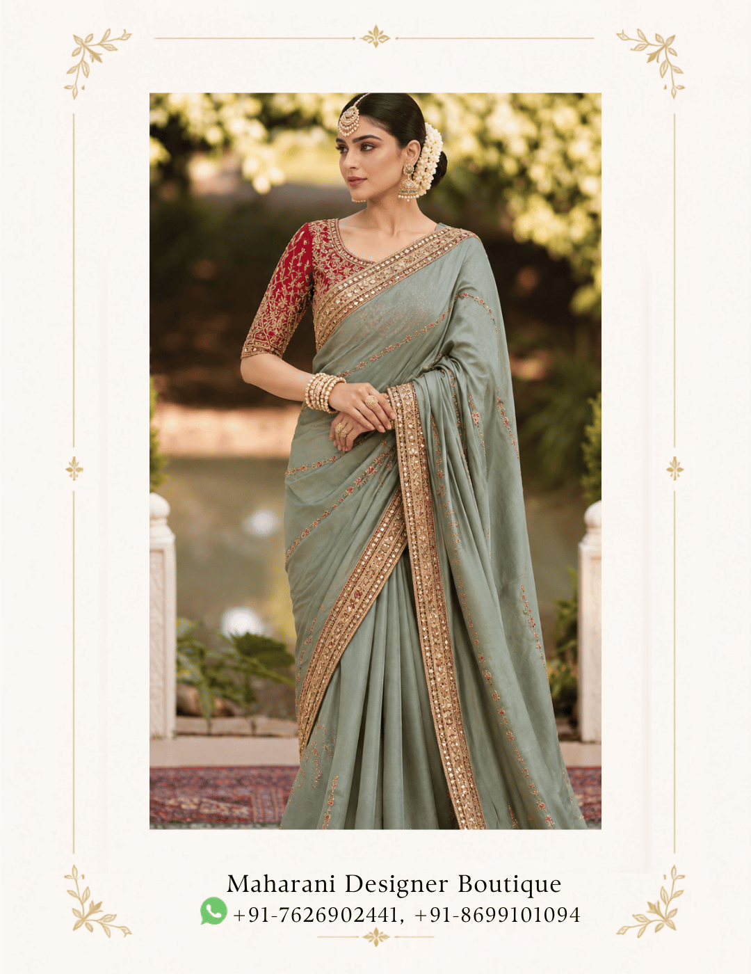 Maharani Sage Green Royal Embroidered Saree Elevate your ethnic wardrobe with the Maharani Sage Green Royal Embroidered Saree, Sage Green Embroidered Saree with Maroon Blouse, Maharani Designer Boutique Jalandhar, a sophisticated blend of soft sage green and rich maroon. The saree features delicate embroidery across the flowing drape, highlighted by an ornate golden embroidered border for a refined festive finish. Perfect for weddings, festive celebrations, receptions, family functions and elegant evening occasions, this designer saree offers timeless Indian elegance with a contemporary colour palette. Brand: Maharani Designer Boutique Category: Designer Saree Colour: Sage Green & Maroon Work: Embroidery & Embellished Border Occasion: Wedding, Reception, Festive & Party Wear Maharani Sage Green Royal Embroidered Saree,Maharani Sage Green Royal Embroidered Lehenga Choli,Sage Green Heavy Embroidered Salwar Suit with Dupatta,Sage Green Punjabi Suit with Palazzo,Maharani Emerald Sage Royal Embroidered Lehenga Choli