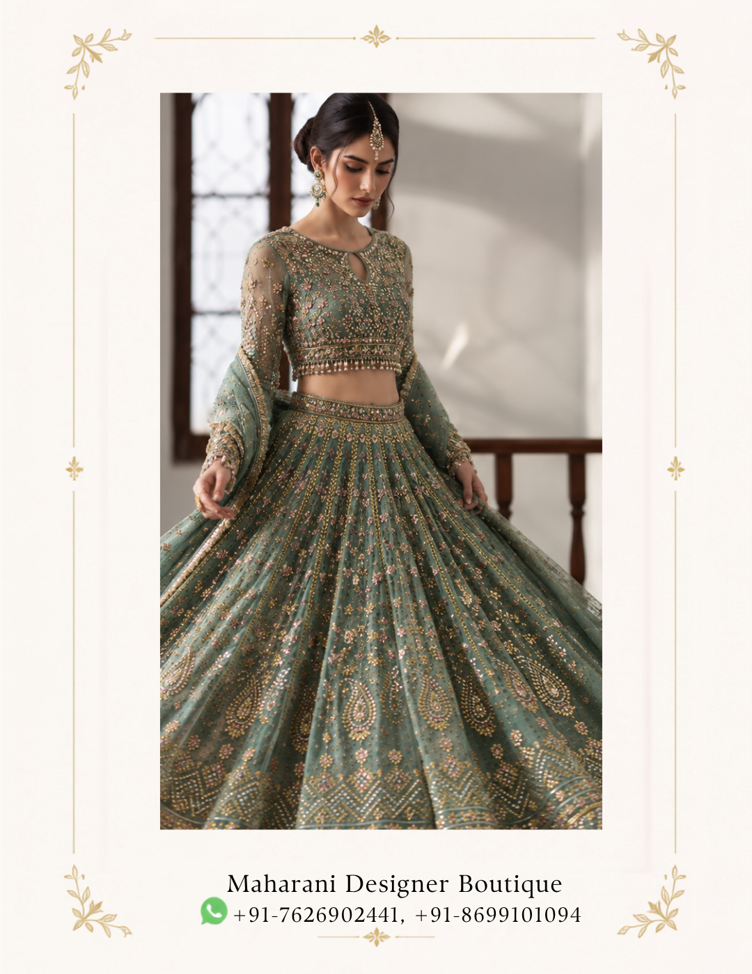 Maharani Emerald Sage Royal Embroidered Lehenga Choli Step into timeless elegance with the Maharani Emerald Sage Royal Embroidered Lehenga Choli, Emerald Sage Green Royal Embroidered Lehenga Choli with Designer Blouse, Maharani Designer Boutique Jalandhar, a luxurious Indian ethnic ensemble created for women who love intricate craftsmanship, graceful silhouettes, and sophisticated festive fashion. This stunning lehenga set features a rich sage-emerald green base adorned with elaborate gold-toned embroidery and delicate multicoloured floral detailing, creating a regal yet contemporary appearance. Brand: Maharani Designer Boutique Category: Designer Lehenga Choli Colour: Emerald Sage Green Work: Royal Embroidery / Gold Detailing Style: Contemporary Traditional Indian Wear Occasion: Wedding, Engagement, Sangeet, Reception & Festive Wear