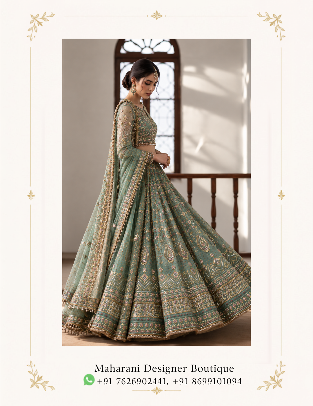 Maharani Emerald Sage Royal Embroidered Lehenga Choli Step into timeless elegance with the Maharani Emerald Sage Royal Embroidered Lehenga Choli, Emerald Sage Green Royal Embroidered Lehenga Choli with Designer Blouse, Maharani Designer Boutique Jalandhar, a luxurious Indian ethnic ensemble created for women who love intricate craftsmanship, graceful silhouettes, and sophisticated festive fashion. This stunning lehenga set features a rich sage-emerald green base adorned with elaborate gold-toned embroidery and delicate multicoloured floral detailing, creating a regal yet contemporary appearance. Brand: Maharani Designer Boutique Category: Designer Lehenga Choli Colour: Emerald Sage Green Work: Royal Embroidery / Gold Detailing Style: Contemporary Traditional Indian Wear Occasion: Wedding, Engagement, Sangeet, Reception & Festive Wear