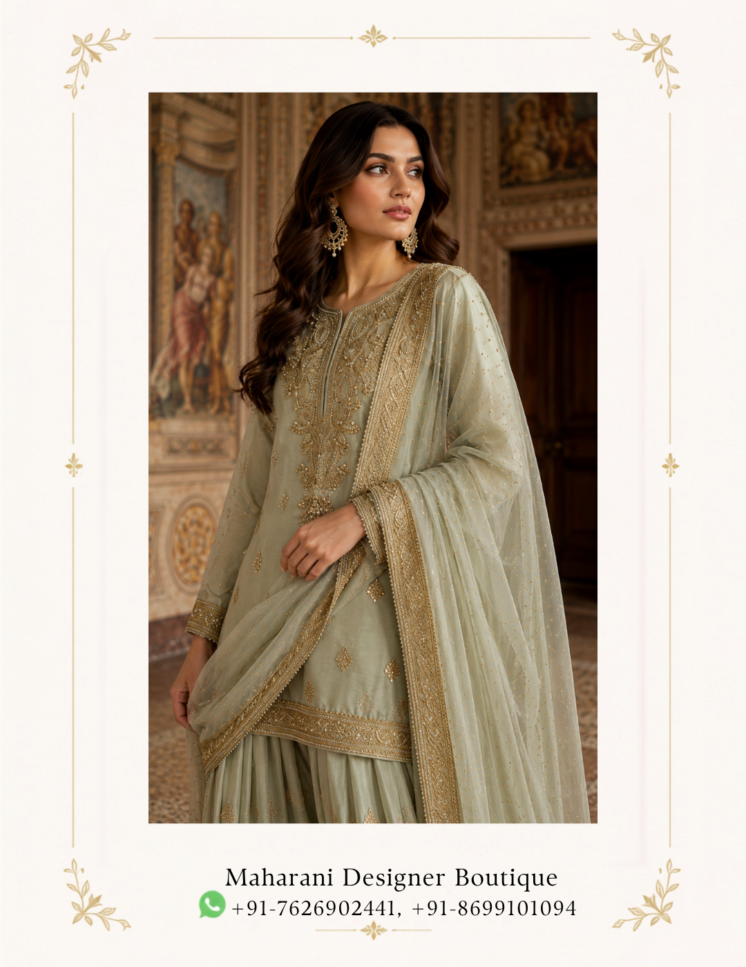 Meher-E-Sage Embroidered Sharara Suit by Maharani Designer Boutique Discover understated luxury with the Meher-E-Sage Embroidered Sharara Suit, an elegant designer ensemble from Maharani Designer Boutique. Created for women who love sophisticated Indian ethnic wear with a refined and graceful character, this sage green sharara suit brings together a soft pastel colour palette, intricate golden embellishment and a beautifully coordinated dupatta. The ensemble is designed around a delicate sage green tone that gives the outfit a fresh, sophisticated appearance. Fine golden detailing is distributed across the kurta, sharara and dupatta, creating a harmonious look without taking away from the beauty of the pastel base. The result is an outfit that feels luxurious, feminine and effortlessly elegant. The straight-cut kurta features a beautifully embellished neckline and front panel, delicate scattered motifs and an ornate lower border. The matching sharara introduces a relaxed, flowing silhouette, while its embellished cuffs add definition and a festive finishing touch. Completing the look is a lightweight-looking coordinating dupatta adorned with subtle scattered motifs and an elaborate embroidered border. This combination makes the Meher-E-Sage Sharara Suit an excellent choice for weddings, engagement celebrations, festive gatherings, family functions, receptions, traditional ceremonies and sophisticated evening occasions. A Graceful Sage Green Colour The defining feature of this outfit is its beautiful sage green colour. Soft, elegant and contemporary, sage green offers a refreshing alternative to conventional bright festive colours. Its muted character gives the outfit a sophisticated appearance while allowing the golden embroidery to stand out beautifully. The colour is particularly versatile because it can be styled for both daytime and evening celebrations. During the day, pair it with delicate jewellery and soft makeup for a subtle, polished appearance. For evening functions, add statement earrings, a coordinated clutch and metallic heels for a more glamorous look. Sage green also pairs naturally with gold, champagne, ivory and neutral accessories, giving you plenty of styling possibilities. Designer Sharara Silhouette The sharara is an iconic Indian silhouette known for its graceful flare and comfortable movement. In this design, the flowing sharara balances the structured appearance of the kurta. The wide-leg shape creates a beautiful drape and adds movement to the ensemble while maintaining a sophisticated traditional aesthetic. The sharara is finished with an ornate embroidered cuff near the hem. This detailed border adds definition to the flowing lower silhouette and creates a polished transition between the outfit and footwear. Whether you are attending a wedding, moving through a festive celebration or posing for photographs, the sharara silhouette gives the outfit an elegant sense of movement. Intricate Golden Embroidery The golden embroidery is one of the most distinctive aspects of the Meher-E-Sage ensemble. The decorative work appears across the neckline, front of the kurta, sleeves, hem, sharara and dupatta border. Small motifs are distributed across the fabric, creating a balanced decorative effect. The gold detailing contrasts beautifully against the sage green base. Instead of making the outfit visually heavy from top to bottom, the embroidery is distributed thoughtfully across the different elements. This allows the ensemble to retain a refined appearance while still delivering the richness expected from festive Indian fashion. The intricate work gives the outfit a luxurious character suitable for important celebrations. Beautifully Embellished Kurta The kurta forms the central element of this sharara set. Its neckline is highlighted with elaborate golden detailing that extends downward across the front. This creates a natural focal point and beautifully frames the face. The front also features delicate ornamental motifs, giving the kurta texture and visual depth. The lower border introduces another layer of embroidery, creating a sophisticated finish. The overall construction combines traditional ethnic styling with a modern sense of proportion, making it suitable for women who prefer elegant festive outfits rather than overly elaborate silhouettes. Elegant Neckline Detailing The neckline is carefully embellished with intricate golden work. Because the embroidery is concentrated around this area, it naturally draws attention toward the face and creates an ideal backdrop for jewellery. A pair of statement earrings can be enough to complete the neckline. Alternatively, you can pair the ensemble with a delicate choker for a more traditional appearance. For an understated look, simply wear elegant earrings and let the neckline embroidery remain the primary decorative feature. Detailed Sleeves The long sleeves complement the kurta with delicate embroidery. The sleeve detailing adds continuity to the design while giving the upper section a polished appearance. The embroidered cuffs provide an additional decorative element and can be beautifully highlighted with bangles or bracelets. For formal events, pair the outfit with traditional gold-toned bangles. For a modern appearance, wear one statement bracelet or a minimal set of bangles. Flowing Sharara Pants The matching sharara pants provide the outfit with its distinctive silhouette. Their relaxed flare creates a graceful appearance while allowing natural movement. The scattered golden motifs coordinate with the embroidery on the kurta, helping the complete outfit feel visually unified. The embroidered hem provides a stronger decorative finish and helps frame the lower portion of the outfit. The combination of flowing fabric and ornate detailing makes the sharara particularly attractive for festive occasions. Statement Sharara Border The lower border of the sharara is one of the outfit's most noticeable details. The intricate golden embroidery creates a rich decorative finish around the hem. This border becomes especially prominent when the wearer walks or sits, allowing the embroidery to catch attention naturally. It also works beautifully with traditional footwear such as embellished juttis, mojaris or metallic heels. Matching Designer Dupatta The coordinating dupatta completes the Meher-E-Sage Sharara Suit. Its soft sage green appearance maintains the monochromatic elegance of the outfit while golden motifs add subtle decoration throughout. The most striking detail is the richly embroidered border. This border frames the dupatta and gives it a luxurious finishing touch. The dupatta can be styled in several ways depending on the occasion and your personal preference. Ornate Dupatta Border The embroidered dupatta border creates a beautiful decorative frame around the delicate fabric. When draped over one shoulder, the border creates a vertical embellished line that adds elegance to the entire silhouette. When carried across both arms, it creates a balanced and formal appearance. For traditional ceremonies, the dupatta can also be draped over the head for a graceful ethnic look. Perfect Wedding Guest Outfit Searching for an elegant wedding guest outfit that feels luxurious without being overly dramatic? The Meher-E-Sage Sharara Suit is an excellent choice. Its soft sage green colour gives you a sophisticated alternative to stronger wedding colours, while the golden embroidery provides the festive richness needed for a celebration. Wear it to a wedding ceremony, family wedding event, reception or pre-wedding gathering. Pair it with gold earrings, bangles and a small embellished clutch to complete the look. Elegant Engagement Outfit This sage green sharara suit can also make a beautiful engagement outfit for women. The pastel colour creates a soft and sophisticated appearance, while the detailed embroidery gives the ensemble enough presence for a formal celebration. For an engagement party, consider styling it with: Statement earrings Delicate choker Metallic heels Small embellished clutch Soft curls or a low bun Keep the makeup polished and luminous for an elegant overall appearance. Sage Green Embroidered Designer Suit,Sage Green Punjabi Suit with Palazzo,Sage Green Designer Sharara Suit,Sage Green Bridal Lehenga with Pink Dupatta,Sage Green Embroidered Sharara Suit, Festive Wear for Women The Meher-E-Sage ensemble works beautifully as festive wear for women. Its traditional sharara silhouette makes it appropriate for cultural celebrations, while the contemporary sage colour gives it a modern fashion sensibility. It can be worn for: Diwali celebrations Family gatherings Festive dinners Wedding festivities Engagement parties Receptions Sangeet celebrations Traditional ceremonies Formal parties Cultural events Reception Wear For evening receptions, the combination of sage green and golden embroidery creates an elegant appearance. Add metallic heels and statement earrings for a glamorous finish. A sleek clutch can complement the refined character of the outfit. For an evening event, you can also choose slightly more defined eye makeup and a sophisticated hairstyle. Sangeet Styling Sharara silhouettes are naturally suited to celebratory occasions such as sangeet functions. The flowing lower silhouette allows comfortable movement and creates an attractive appearance while walking or posing. For a sangeet, style the outfit with statement earrings, bangles and embellished footwear. A playful hairstyle or softly waved hair can give the traditional ensemble a contemporary touch. Family Function Outfit Not every celebration requires a heavily embellished lehenga. For family functions and smaller celebrations, the Meher-E-Sage Sharara Suit offers an elegant middle ground. It has enough embroidery to look festive while maintaining a sophisticated and wearable silhouette. This makes it suitable for intimate family celebrations, festive lunches, dinners and traditional gatherings. Jewellery Pairing Because the outfit already features detailed golden embroidery, jewellery should complement rather than compete with it. Gold Jhumkas Traditional jhumkas can beautifully emphasize the ethnic character of the outfit. Statement Earrings Large earrings can create a contemporary formal appearance without requiring a necklace. Choker A delicate or moderately embellished choker can complement the neckline. Bangles Gold bangles work naturally with the embroidery. Statement Ring A detailed ring can complete the look without overwhelming the outfit. Maang Tikka For wedding ceremonies, a maang tikka can add a traditional finishing touch. Gold Jewellery and Sage Green Gold is one of the most natural jewellery choices for this ensemble. The warm metallic tone creates an elegant contrast with the cool, muted sage green. Choose gold-toned earrings, bangles and a necklace for a traditional appearance. For a more contemporary interpretation, select jewellery with a simpler design and allow the embroidery to remain the centre of attention. Hairstyle Ideas The Meher-E-Sage Sharara Suit works beautifully with several hairstyles. Soft Waves Loose waves provide a romantic and contemporary appearance. Low Bun A sleek low bun draws attention toward the neckline and earrings. Side-Swept Waves Side-swept waves create a glamorous evening look. Traditional Bun A bun decorated with flowers can add a traditional wedding touch. Half-Up Style A half-up hairstyle combines traditional elegance with contemporary styling. Makeup Suggestions The soft sage colour allows considerable flexibility with makeup. For daytime functions, consider: Soft brown eyeliner Neutral eyeshadow Natural blush Soft highlighter Nude or peach lipstick For evening celebrations, you can create a more defined appearance with: Smoky eyes Bronze or champagne eyeshadow Defined eyeliner Warm blush Deeper nude or rose lipstick The final makeup should complement your jewellery and the formality of the occasion. Footwear Recommendations The flowing sharara silhouette looks especially elegant with elevated footwear. Consider: Gold heels Champagne heels Embellished sandals Metallic footwear Traditional juttis Embroidered mojaris For long wedding celebrations, choose footwear that combines style with comfort. Clutch and Accessories A compact clutch or potli bag can complete the outfit. For a traditional look, choose an embroidered or embellished potli. For a modern evening appearance, select a structured metallic clutch. Gold, champagne, ivory and neutral tones can coordinate beautifully with the sage and gold palette. Avoid excessive accessories so the embroidery remains the focal point. Different Dupatta Draping Styles The dupatta gives you the opportunity to change the appearance of the ensemble. Classic One-Shoulder Drape Place the dupatta over one shoulder and allow it to fall naturally. Front Drape Bring the embellished border toward the front to highlight its detailed craftsmanship. Two-Arm Drape Carry the dupatta across both arms for a graceful formal appearance. Head Drape For traditional ceremonies, place the dupatta over the head. Each draping method creates a different personality while preserving the elegance of the original design. Contemporary Styling The traditional sharara can easily be styled with a modern fashion approach. Choose oversized earrings instead of a full jewellery set. Wear sleek metallic heels. Carry a structured clutch. Style your hair in soft waves. Keep the makeup polished and minimal. This allows the outfit to retain its traditional identity while giving it a contemporary occasion-wear appearance. Traditional Styling For a more traditional Indian look, pair the ensemble with: Gold jhumkas Choker necklace Bangles Maang tikka Embellished juttis Traditional hairstyle Dupatta over the head This styling approach works particularly well for wedding ceremonies and cultural celebrations. Why Choose This Designer Sharara Suit? The Meher-E-Sage ensemble brings together several desirable elements of modern Indian occasion wear. Elegant sage green colour: A sophisticated pastel shade suitable for different celebrations. Golden embroidery: Detailed embellishment adds richness and festive appeal. Sharara silhouette: Provides graceful movement and a distinctive ethnic appearance. Embellished kurta: Creates a refined focal point around the neckline and bodice. Detailed sleeves: Adds continuity to the overall design. Ornate borders: Gives the kurta, sharara and dupatta a polished finish. Coordinated dupatta: Completes the outfit and provides multiple styling possibilities. Versatile occasion wear: Suitable for weddings, receptions, engagements, sangeet functions and festive celebrations. A Versatile Addition to Your Ethnic Wardrobe A beautiful occasion-wear outfit should be more than a one-event purchase. The Meher-E-Sage Sharara Suit has a versatile colour palette and silhouette that can be styled differently for different celebrations. Wear it traditionally for a wedding ceremony. Style it with statement earrings for a reception. Choose minimal jewellery for a daytime family event. Add a dramatic clutch and heels for an evening celebration. The ability to change the accessories and styling allows the same ensemble to create different looks. Maharani Designer Boutique Maharani Designer Boutique brings together elegant Indian occasion wear designed around sophisticated silhouettes, detailed embellishment and timeless ethnic aesthetics. The Meher-E-Sage Embroidered Sharara Suit represents this design philosophy through its delicate sage green colour, ornate golden embroidery, flowing sharara silhouette and beautifully detailed dupatta. For women searching for designer sharara suits, sage green sharara suits, embroidered sharara suits, wedding sharara suits, festive Indian wear, party wear sharara suits and elegant ethnic outfits, this ensemble offers a graceful and versatile option. Whether you are dressing for a wedding, engagement, reception, sangeet or festive celebration, the outfit provides a polished statement while maintaining a refined and feminine character. Product Details Product Name: Meher-E-Sage Embroidered Sharara Suit Brand: Maharani Designer Boutique Category: Designer Sharara Suit Primary Colour: Sage Green Embroidery: Golden ornamental and floral-inspired detailing Top: Embroidered straight-cut kurta with detailed neckline, sleeves and hem Bottom: Matching flared sharara with embellished hem Dupatta: Coordinated sage green dupatta with embroidered border and scattered motifs Style: Traditional Indian occasion wear with contemporary styling Occasions: Wedding, Reception, Engagement, Sangeet, Festive Celebration, Family Function and Party Wear Product specification note: Exact fabric composition, lining, measurements, embroidery technique, embellishment materials and customization options should be confirmed with Maharani Designer Boutique before purchase, as these details cannot be established solely from the product photograph. Care Instructions As an embellished occasion-wear outfit, careful storage and handling are recommended. Keep the ensemble in a clean, breathable garment bag when not in use. Avoid placing heavy objects directly over embroidered areas. Take care when wearing jewellery, watches or accessories that could catch on delicate embroidery. Avoid applying perfume, hairspray or other products directly onto the fabric. Fold and store the dupatta carefully to protect its embroidered border. Follow the garment's care label and boutique recommendations for cleaning. Depending on the final fabric and embellishment construction, professional cleaning may be appropriate.