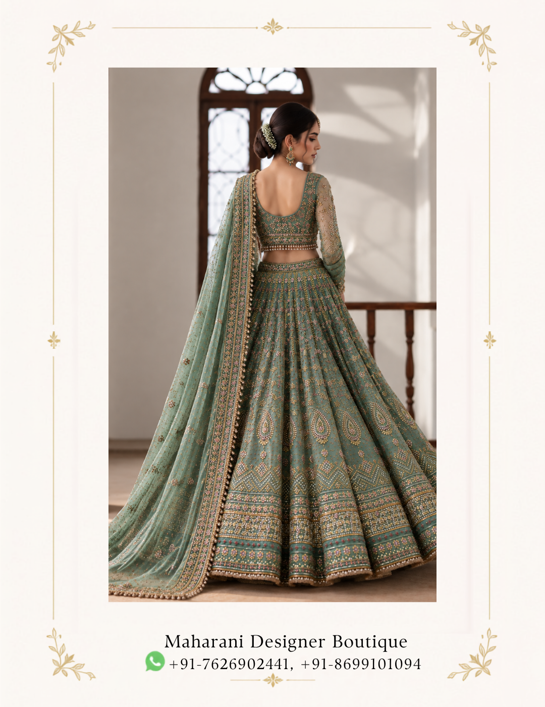 Maharani Emerald Sage Royal Embroidered Lehenga Choli Step into timeless elegance with the Maharani Emerald Sage Royal Embroidered Lehenga Choli, Emerald Sage Green Royal Embroidered Lehenga Choli with Designer Blouse, Maharani Designer Boutique Jalandhar, a luxurious Indian ethnic ensemble created for women who love intricate craftsmanship, graceful silhouettes, and sophisticated festive fashion. This stunning lehenga set features a rich sage-emerald green base adorned with elaborate gold-toned embroidery and delicate multicoloured floral detailing, creating a regal yet contemporary appearance. Brand: Maharani Designer Boutique Category: Designer Lehenga Choli Colour: Emerald Sage Green Work: Royal Embroidery / Gold Detailing Style: Contemporary Traditional Indian Wear Occasion: Wedding, Engagement, Sangeet, Reception & Festive Wear