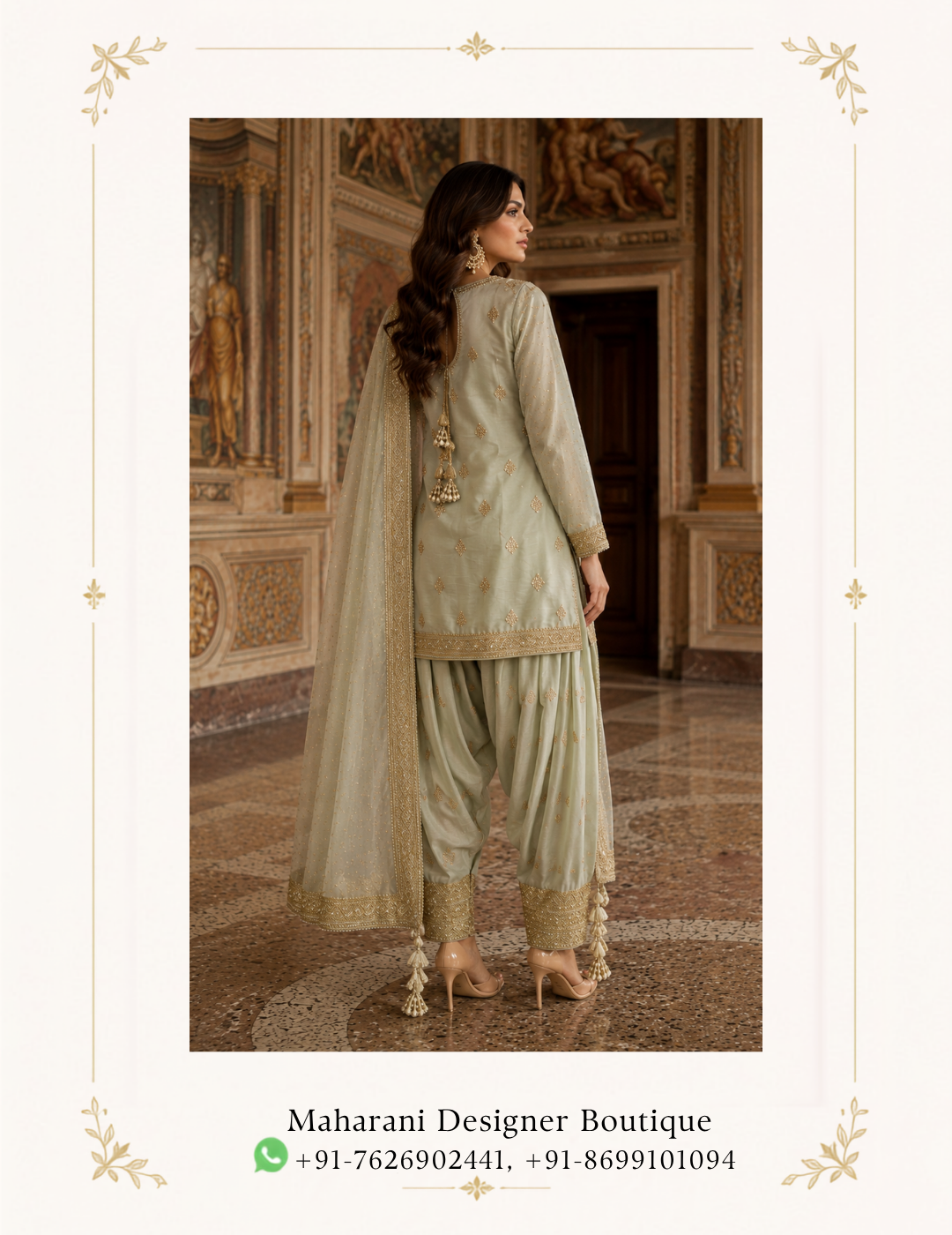 Meher-E-Sage Embroidered Sharara Suit by Maharani Designer Boutique Discover understated luxury with the Meher-E-Sage Embroidered Sharara Suit, an elegant designer ensemble from Maharani Designer Boutique. Created for women who love sophisticated Indian ethnic wear with a refined and graceful character, this sage green sharara suit brings together a soft pastel colour palette, intricate golden embellishment and a beautifully coordinated dupatta. The ensemble is designed around a delicate sage green tone that gives the outfit a fresh, sophisticated appearance. Fine golden detailing is distributed across the kurta, sharara and dupatta, creating a harmonious look without taking away from the beauty of the pastel base. The result is an outfit that feels luxurious, feminine and effortlessly elegant. The straight-cut kurta features a beautifully embellished neckline and front panel, delicate scattered motifs and an ornate lower border. The matching sharara introduces a relaxed, flowing silhouette, while its embellished cuffs add definition and a festive finishing touch. Completing the look is a lightweight-looking coordinating dupatta adorned with subtle scattered motifs and an elaborate embroidered border. This combination makes the Meher-E-Sage Sharara Suit an excellent choice for weddings, engagement celebrations, festive gatherings, family functions, receptions, traditional ceremonies and sophisticated evening occasions. A Graceful Sage Green Colour The defining feature of this outfit is its beautiful sage green colour. Soft, elegant and contemporary, sage green offers a refreshing alternative to conventional bright festive colours. Its muted character gives the outfit a sophisticated appearance while allowing the golden embroidery to stand out beautifully. The colour is particularly versatile because it can be styled for both daytime and evening celebrations. During the day, pair it with delicate jewellery and soft makeup for a subtle, polished appearance. For evening functions, add statement earrings, a coordinated clutch and metallic heels for a more glamorous look. Sage green also pairs naturally with gold, champagne, ivory and neutral accessories, giving you plenty of styling possibilities. Designer Sharara Silhouette The sharara is an iconic Indian silhouette known for its graceful flare and comfortable movement. In this design, the flowing sharara balances the structured appearance of the kurta. The wide-leg shape creates a beautiful drape and adds movement to the ensemble while maintaining a sophisticated traditional aesthetic. The sharara is finished with an ornate embroidered cuff near the hem. This detailed border adds definition to the flowing lower silhouette and creates a polished transition between the outfit and footwear. Whether you are attending a wedding, moving through a festive celebration or posing for photographs, the sharara silhouette gives the outfit an elegant sense of movement. Intricate Golden Embroidery The golden embroidery is one of the most distinctive aspects of the Meher-E-Sage ensemble. The decorative work appears across the neckline, front of the kurta, sleeves, hem, sharara and dupatta border. Small motifs are distributed across the fabric, creating a balanced decorative effect. The gold detailing contrasts beautifully against the sage green base. Instead of making the outfit visually heavy from top to bottom, the embroidery is distributed thoughtfully across the different elements. This allows the ensemble to retain a refined appearance while still delivering the richness expected from festive Indian fashion. The intricate work gives the outfit a luxurious character suitable for important celebrations. Beautifully Embellished Kurta The kurta forms the central element of this sharara set. Its neckline is highlighted with elaborate golden detailing that extends downward across the front. This creates a natural focal point and beautifully frames the face. The front also features delicate ornamental motifs, giving the kurta texture and visual depth. The lower border introduces another layer of embroidery, creating a sophisticated finish. The overall construction combines traditional ethnic styling with a modern sense of proportion, making it suitable for women who prefer elegant festive outfits rather than overly elaborate silhouettes. Elegant Neckline Detailing The neckline is carefully embellished with intricate golden work. Because the embroidery is concentrated around this area, it naturally draws attention toward the face and creates an ideal backdrop for jewellery. A pair of statement earrings can be enough to complete the neckline. Alternatively, you can pair the ensemble with a delicate choker for a more traditional appearance. For an understated look, simply wear elegant earrings and let the neckline embroidery remain the primary decorative feature. Detailed Sleeves The long sleeves complement the kurta with delicate embroidery. The sleeve detailing adds continuity to the design while giving the upper section a polished appearance. The embroidered cuffs provide an additional decorative element and can be beautifully highlighted with bangles or bracelets. For formal events, pair the outfit with traditional gold-toned bangles. For a modern appearance, wear one statement bracelet or a minimal set of bangles. Flowing Sharara Pants The matching sharara pants provide the outfit with its distinctive silhouette. Their relaxed flare creates a graceful appearance while allowing natural movement. The scattered golden motifs coordinate with the embroidery on the kurta, helping the complete outfit feel visually unified. The embroidered hem provides a stronger decorative finish and helps frame the lower portion of the outfit. The combination of flowing fabric and ornate detailing makes the sharara particularly attractive for festive occasions. Statement Sharara Border The lower border of the sharara is one of the outfit's most noticeable details. The intricate golden embroidery creates a rich decorative finish around the hem. This border becomes especially prominent when the wearer walks or sits, allowing the embroidery to catch attention naturally. It also works beautifully with traditional footwear such as embellished juttis, mojaris or metallic heels. Matching Designer Dupatta The coordinating dupatta completes the Meher-E-Sage Sharara Suit. Its soft sage green appearance maintains the monochromatic elegance of the outfit while golden motifs add subtle decoration throughout. The most striking detail is the richly embroidered border. This border frames the dupatta and gives it a luxurious finishing touch. The dupatta can be styled in several ways depending on the occasion and your personal preference. Ornate Dupatta Border The embroidered dupatta border creates a beautiful decorative frame around the delicate fabric. When draped over one shoulder, the border creates a vertical embellished line that adds elegance to the entire silhouette. When carried across both arms, it creates a balanced and formal appearance. For traditional ceremonies, the dupatta can also be draped over the head for a graceful ethnic look. Perfect Wedding Guest Outfit Searching for an elegant wedding guest outfit that feels luxurious without being overly dramatic? The Meher-E-Sage Sharara Suit is an excellent choice. Its soft sage green colour gives you a sophisticated alternative to stronger wedding colours, while the golden embroidery provides the festive richness needed for a celebration. Wear it to a wedding ceremony, family wedding event, reception or pre-wedding gathering. Pair it with gold earrings, bangles and a small embellished clutch to complete the look. Elegant Engagement Outfit This sage green sharara suit can also make a beautiful engagement outfit for women. The pastel colour creates a soft and sophisticated appearance, while the detailed embroidery gives the ensemble enough presence for a formal celebration. For an engagement party, consider styling it with: Statement earrings Delicate choker Metallic heels Small embellished clutch Soft curls or a low bun Keep the makeup polished and luminous for an elegant overall appearance. Sage Green Embroidered Designer Suit,Sage Green Punjabi Suit with Palazzo,Sage Green Designer Sharara Suit,Sage Green Bridal Lehenga with Pink Dupatta,Sage Green Embroidered Sharara Suit, Festive Wear for Women The Meher-E-Sage ensemble works beautifully as festive wear for women. Its traditional sharara silhouette makes it appropriate for cultural celebrations, while the contemporary sage colour gives it a modern fashion sensibility. It can be worn for: Diwali celebrations Family gatherings Festive dinners Wedding festivities Engagement parties Receptions Sangeet celebrations Traditional ceremonies Formal parties Cultural events Reception Wear For evening receptions, the combination of sage green and golden embroidery creates an elegant appearance. Add metallic heels and statement earrings for a glamorous finish. A sleek clutch can complement the refined character of the outfit. For an evening event, you can also choose slightly more defined eye makeup and a sophisticated hairstyle. Sangeet Styling Sharara silhouettes are naturally suited to celebratory occasions such as sangeet functions. The flowing lower silhouette allows comfortable movement and creates an attractive appearance while walking or posing. For a sangeet, style the outfit with statement earrings, bangles and embellished footwear. A playful hairstyle or softly waved hair can give the traditional ensemble a contemporary touch. Family Function Outfit Not every celebration requires a heavily embellished lehenga. For family functions and smaller celebrations, the Meher-E-Sage Sharara Suit offers an elegant middle ground. It has enough embroidery to look festive while maintaining a sophisticated and wearable silhouette. This makes it suitable for intimate family celebrations, festive lunches, dinners and traditional gatherings. Jewellery Pairing Because the outfit already features detailed golden embroidery, jewellery should complement rather than compete with it. Gold Jhumkas Traditional jhumkas can beautifully emphasize the ethnic character of the outfit. Statement Earrings Large earrings can create a contemporary formal appearance without requiring a necklace. Choker A delicate or moderately embellished choker can complement the neckline. Bangles Gold bangles work naturally with the embroidery. Statement Ring A detailed ring can complete the look without overwhelming the outfit. Maang Tikka For wedding ceremonies, a maang tikka can add a traditional finishing touch. Gold Jewellery and Sage Green Gold is one of the most natural jewellery choices for this ensemble. The warm metallic tone creates an elegant contrast with the cool, muted sage green. Choose gold-toned earrings, bangles and a necklace for a traditional appearance. For a more contemporary interpretation, select jewellery with a simpler design and allow the embroidery to remain the centre of attention. Hairstyle Ideas The Meher-E-Sage Sharara Suit works beautifully with several hairstyles. Soft Waves Loose waves provide a romantic and contemporary appearance. Low Bun A sleek low bun draws attention toward the neckline and earrings. Side-Swept Waves Side-swept waves create a glamorous evening look. Traditional Bun A bun decorated with flowers can add a traditional wedding touch. Half-Up Style A half-up hairstyle combines traditional elegance with contemporary styling. Makeup Suggestions The soft sage colour allows considerable flexibility with makeup. For daytime functions, consider: Soft brown eyeliner Neutral eyeshadow Natural blush Soft highlighter Nude or peach lipstick For evening celebrations, you can create a more defined appearance with: Smoky eyes Bronze or champagne eyeshadow Defined eyeliner Warm blush Deeper nude or rose lipstick The final makeup should complement your jewellery and the formality of the occasion. Footwear Recommendations The flowing sharara silhouette looks especially elegant with elevated footwear. Consider: Gold heels Champagne heels Embellished sandals Metallic footwear Traditional juttis Embroidered mojaris For long wedding celebrations, choose footwear that combines style with comfort. Clutch and Accessories A compact clutch or potli bag can complete the outfit. For a traditional look, choose an embroidered or embellished potli. For a modern evening appearance, select a structured metallic clutch. Gold, champagne, ivory and neutral tones can coordinate beautifully with the sage and gold palette. Avoid excessive accessories so the embroidery remains the focal point. Different Dupatta Draping Styles The dupatta gives you the opportunity to change the appearance of the ensemble. Classic One-Shoulder Drape Place the dupatta over one shoulder and allow it to fall naturally. Front Drape Bring the embellished border toward the front to highlight its detailed craftsmanship. Two-Arm Drape Carry the dupatta across both arms for a graceful formal appearance. Head Drape For traditional ceremonies, place the dupatta over the head. Each draping method creates a different personality while preserving the elegance of the original design. Contemporary Styling The traditional sharara can easily be styled with a modern fashion approach. Choose oversized earrings instead of a full jewellery set. Wear sleek metallic heels. Carry a structured clutch. Style your hair in soft waves. Keep the makeup polished and minimal. This allows the outfit to retain its traditional identity while giving it a contemporary occasion-wear appearance. Traditional Styling For a more traditional Indian look, pair the ensemble with: Gold jhumkas Choker necklace Bangles Maang tikka Embellished juttis Traditional hairstyle Dupatta over the head This styling approach works particularly well for wedding ceremonies and cultural celebrations. Why Choose This Designer Sharara Suit? The Meher-E-Sage ensemble brings together several desirable elements of modern Indian occasion wear. Elegant sage green colour: A sophisticated pastel shade suitable for different celebrations. Golden embroidery: Detailed embellishment adds richness and festive appeal. Sharara silhouette: Provides graceful movement and a distinctive ethnic appearance. Embellished kurta: Creates a refined focal point around the neckline and bodice. Detailed sleeves: Adds continuity to the overall design. Ornate borders: Gives the kurta, sharara and dupatta a polished finish. Coordinated dupatta: Completes the outfit and provides multiple styling possibilities. Versatile occasion wear: Suitable for weddings, receptions, engagements, sangeet functions and festive celebrations. A Versatile Addition to Your Ethnic Wardrobe A beautiful occasion-wear outfit should be more than a one-event purchase. The Meher-E-Sage Sharara Suit has a versatile colour palette and silhouette that can be styled differently for different celebrations. Wear it traditionally for a wedding ceremony. Style it with statement earrings for a reception. Choose minimal jewellery for a daytime family event. Add a dramatic clutch and heels for an evening celebration. The ability to change the accessories and styling allows the same ensemble to create different looks. Maharani Designer Boutique Maharani Designer Boutique brings together elegant Indian occasion wear designed around sophisticated silhouettes, detailed embellishment and timeless ethnic aesthetics. The Meher-E-Sage Embroidered Sharara Suit represents this design philosophy through its delicate sage green colour, ornate golden embroidery, flowing sharara silhouette and beautifully detailed dupatta. For women searching for designer sharara suits, sage green sharara suits, embroidered sharara suits, wedding sharara suits, festive Indian wear, party wear sharara suits and elegant ethnic outfits, this ensemble offers a graceful and versatile option. Whether you are dressing for a wedding, engagement, reception, sangeet or festive celebration, the outfit provides a polished statement while maintaining a refined and feminine character. Product Details Product Name: Meher-E-Sage Embroidered Sharara Suit Brand: Maharani Designer Boutique Category: Designer Sharara Suit Primary Colour: Sage Green Embroidery: Golden ornamental and floral-inspired detailing Top: Embroidered straight-cut kurta with detailed neckline, sleeves and hem Bottom: Matching flared sharara with embellished hem Dupatta: Coordinated sage green dupatta with embroidered border and scattered motifs Style: Traditional Indian occasion wear with contemporary styling Occasions: Wedding, Reception, Engagement, Sangeet, Festive Celebration, Family Function and Party Wear Product specification note: Exact fabric composition, lining, measurements, embroidery technique, embellishment materials and customization options should be confirmed with Maharani Designer Boutique before purchase, as these details cannot be established solely from the product photograph. Care Instructions As an embellished occasion-wear outfit, careful storage and handling are recommended. Keep the ensemble in a clean, breathable garment bag when not in use. Avoid placing heavy objects directly over embroidered areas. Take care when wearing jewellery, watches or accessories that could catch on delicate embroidery. Avoid applying perfume, hairspray or other products directly onto the fabric. Fold and store the dupatta carefully to protect its embroidered border. Follow the garment's care label and boutique recommendations for cleaning. Depending on the final fabric and embellishment construction, professional cleaning may be appropriate.