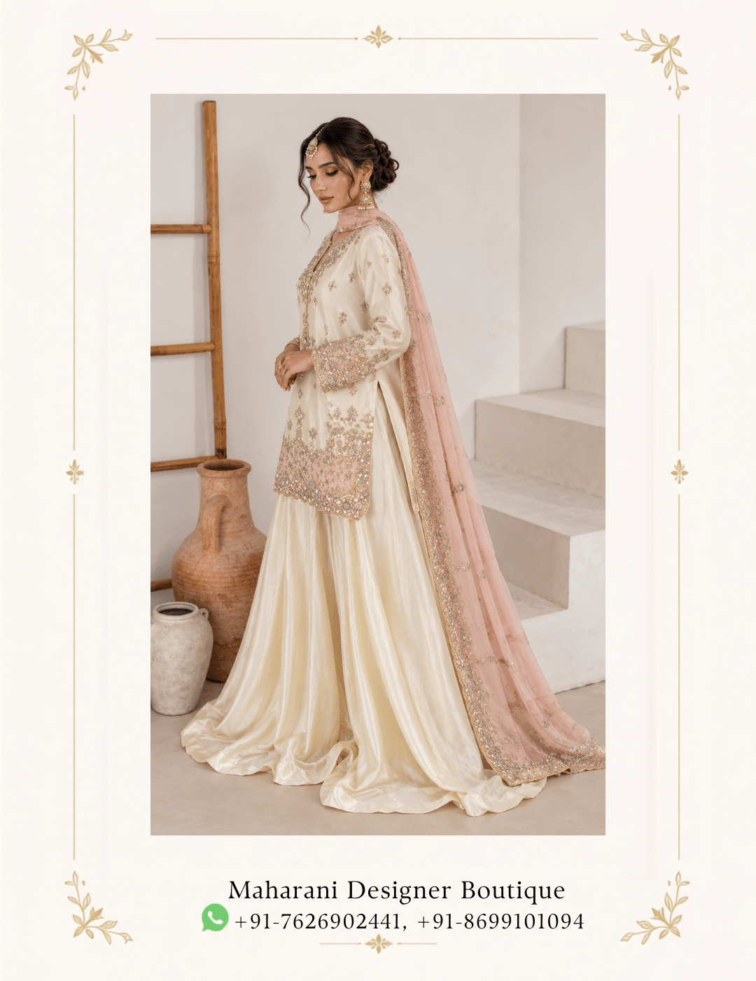 Maharani Ivory Blush Embroidered Sharara Suit Step into effortless elegance with the Maharani Ivory Blush Embroidered Sharara Suit, Ivory & Blush Pink Embroidered Sharara Suit, Maharani designer boutique jalandhar, featuring a graceful ivory and soft blush pink colour combination. The ensemble showcases delicate floral embroidery and intricate embellishment, creating a refined festive look. Perfect for weddings, festive celebrations, engagement ceremonies, mehndi functions, family occasions and elegant evening gatherings, this designer sharara suit combines traditional craftsmanship with contemporary sophistication. Brand: Maharani Designer Boutique Category: Sharara Suit Colour: Ivory & Blush Pink Work: Floral Embroidery & Embellishment Occasion: Wedding, Festive, Engagement & Party Wear Maharani Ivory Floral Heritage Lehenga,Maharani Blush Pink Royal Embroidered Salwar Suit,Maharani Blush Pink Royal Embroidered Lehenga,Blush Pink Bridal Lehenga Choli,Blush Garden Embroidery Sharara Suit