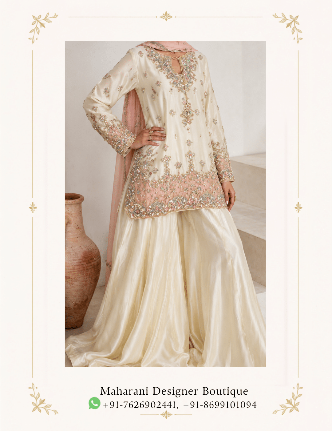 Maharani Ivory Blush Embroidered Sharara Suit Step into effortless elegance with the Maharani Ivory Blush Embroidered Sharara Suit, Ivory & Blush Pink Embroidered Sharara Suit, Maharani designer boutique jalandhar, featuring a graceful ivory and soft blush pink colour combination. The ensemble showcases delicate floral embroidery and intricate embellishment, creating a refined festive look. Perfect for weddings, festive celebrations, engagement ceremonies, mehndi functions, family occasions and elegant evening gatherings, this designer sharara suit combines traditional craftsmanship with contemporary sophistication. Brand: Maharani Designer Boutique Category: Sharara Suit Colour: Ivory & Blush Pink Work: Floral Embroidery & Embellishment Occasion: Wedding, Festive, Engagement & Party Wear Maharani Ivory Floral Heritage Lehenga,Maharani Blush Pink Royal Embroidered Salwar Suit,Maharani Blush Pink Royal Embroidered Lehenga,Blush Pink Bridal Lehenga Choli,Blush Garden Embroidery Sharara Suit