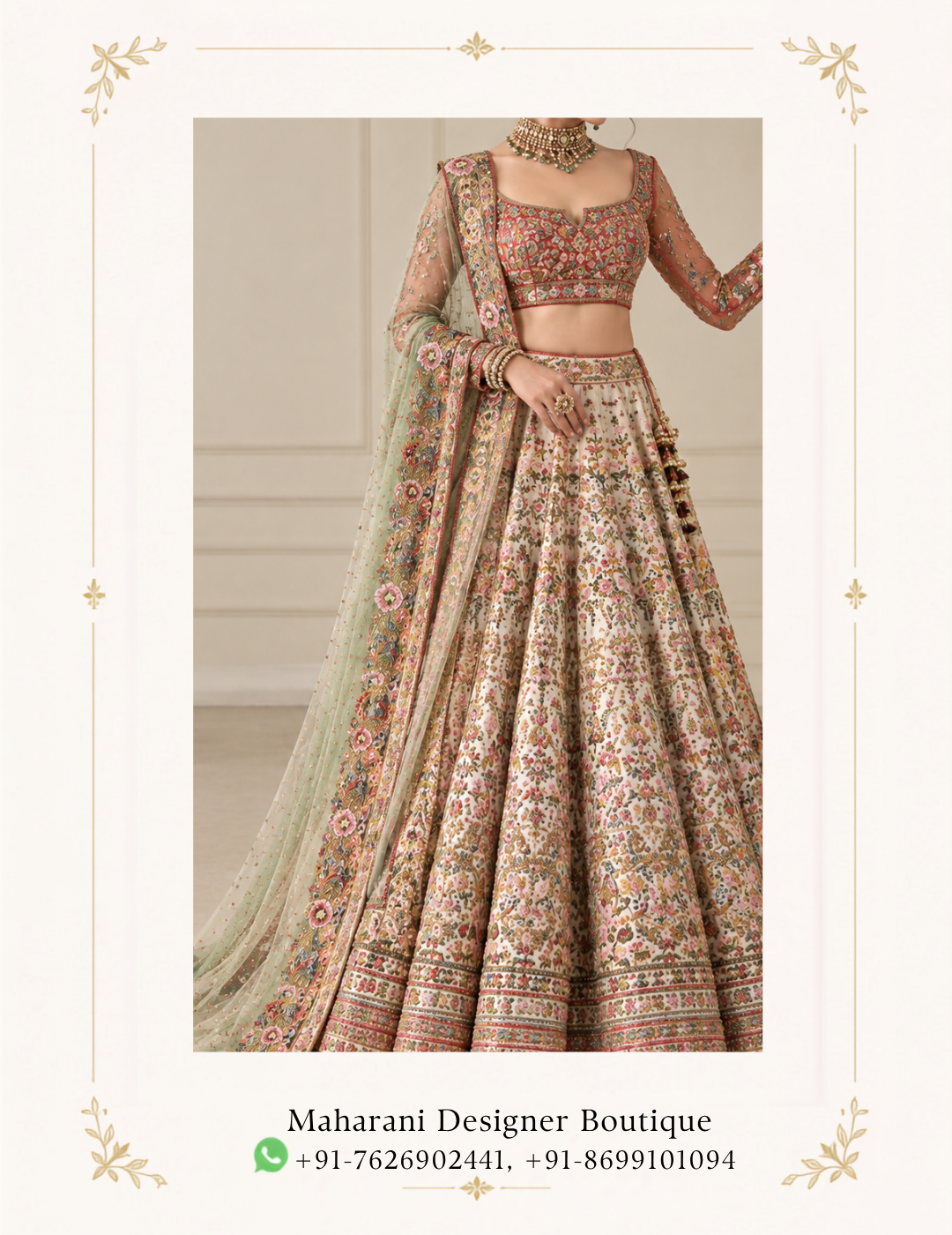 Maharani Ivory Floral Heritage Designer Lehenga Choli Step into effortless elegance with the Maharani Ivory Floral Heritage Lehenga, a beautifully detailed ensemble featuring a soft ivory base enriched with colourful floral embroidery and traditional craftsmanship. Perfect for engagements, mehndi ceremonies, sangeet functions, wedding celebrations, receptions and festive occasions, this designer lehenga beautifully combines traditional Indian artistry with contemporary bridal styling. Brand: Maharani Designer Boutique Category: Designer Lehenga Colour: Ivory, Sage Green & Multicolour Work: Floral Embroidery & Embellishment Occasion: Wedding, Engagement & Festive Wear Maharani Ivory Floral Heritage Lehenga ,Maharani Ivory Blush Embroidered Sharara Sui,Ivory Gold Heritage Embroidered Bridal Lehenga Choli,Ivory & Blush Pink Embroidered Sharara Suit,Blush Garden Embroidery Sharara Sui