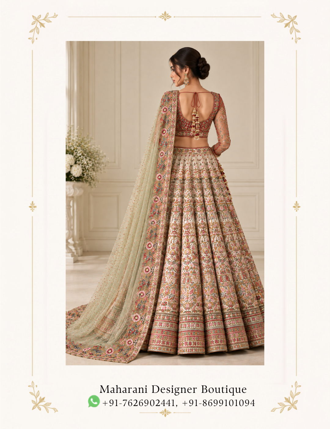 Maharani Ivory Floral Heritage Designer Lehenga Choli Step into effortless elegance with the Maharani Ivory Floral Heritage Lehenga, a beautifully detailed ensemble featuring a soft ivory base enriched with colourful floral embroidery and traditional craftsmanship. Perfect for engagements, mehndi ceremonies, sangeet functions, wedding celebrations, receptions and festive occasions, this designer lehenga beautifully combines traditional Indian artistry with contemporary bridal styling. Brand: Maharani Designer Boutique Category: Designer Lehenga Colour: Ivory, Sage Green & Multicolour Work: Floral Embroidery & Embellishment Occasion: Wedding, Engagement & Festive Wear Maharani Ivory Floral Heritage Lehenga ,Maharani Ivory Blush Embroidered Sharara Sui,Ivory Gold Heritage Embroidered Bridal Lehenga Choli,Ivory & Blush Pink Embroidered Sharara Suit,Blush Garden Embroidery Sharara Sui