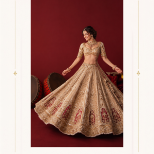 Ivory Gold Embroidered Bridal Lehenga Make a regal statement with Noor-e-Mehfil, an exquisite ivory and gold designer lehenga crafted for unforgettable celebrations. The ensemble features a richly embroidered ivory-gold flared lehenga with intricate traditional motifs, ornate vertical detailing, and striking maroon embroidered panels along the hem. The matching blouse is beautifully embellished with detailed embroidery and a flattering neckline, creating an elegant and luxurious bridal silhouette. The lavish gold embroidery, graceful flare, and deep maroon accents give this lehenga an effortlessly royal appeal—perfect for brides and bridesmaids who want a timeless Indian ethnic look with a contemporary finish. Perfect for: • Bridal Wear • Wedding Ceremonies • Reception & Engagement • Sangeet & Mehendi • Diwali & Festive Celebrations • Luxury Ethnic Events Style: Regal • Traditional • Luxurious • Festive Colour: Ivory, Antique Gold & Maroon Occasion: Wedding & Bridal Wear ivory bridal lehenga, gold bridal lehenga, ivory gold lehenga, designer lehenga for women, embroidered bridal lehenga, wedding lehenga, bridal lehenga choli, maroon gold lehenga, Indian wedding outfit, reception lehenga, luxury bridal wear, designer lehenga