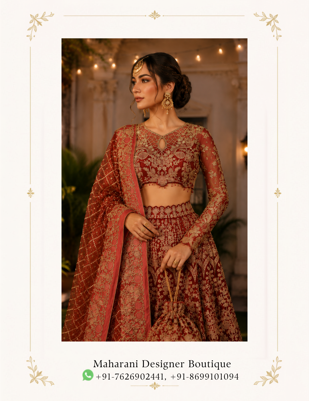 Bridal Lehenga Choli with Heavy Gold Embroidery Dupatta A regal maroon red bridal lehenga choli crafted for a statement wedding look. This luxurious ensemble features intricate all-over gold embroidery, a beautifully embellished cropped blouse, and a heavily detailed flared lehenga. It also includes a matching embroidered dupatta. Furthermore, the rich maroon-red colour paired with antique gold detailing creates a timeless bridal aesthetic. This makes it perfect for weddings, receptions, engagement celebrations and grand festive occasions. Product Description Ruhani Riwaaz is an elegant expression of traditional bridal glamour with a rich contemporary finish. It is designed in a deep maroon-red tone. This bridal lehenga creates an instantly regal silhouette. Additionally, the extensive gold embroidery adds depth, texture and luxurious visual appeal. The lehenga skirt features elaborate ornamental embroidery throughout the fabric. Traditional-inspired floral, paisley and geometric motifs are arranged to create a richly detailed appearance. The wide flared silhouette gives the outfit graceful movement. Therefore, it is ideal for bridal entrances, wedding portraits and evening celebrations. The matching bridal blouse is designed with intricate gold embroidery and a statement neckline. The fitted silhouette beautifully complements the voluminous lehenga while maintaining a sophisticated traditional appearance. The detailed sleeves and embellished borders add another layer of richness to the overall ensemble. Completing the look is a coordinated maroon bridal dupatta, featuring an ornate gold embroidered border and detailed surface embellishment. Draped over the shoulder, it creates a beautiful contrast against the blouse and lehenga. At the same time, it enhances the traditional bridal character of the outfit. Bridal Lehenga Choli Embroidery Dupatta The combination of maroon, red and antique-gold tones makes this outfit especially suitable for brides looking for a classic Indian wedding aesthetic with a luxurious finish. The colour palette works beautifully with traditional bridal jewellery, kundan jewellery, polki sets, jhumkas, maang tikka and embellished bridal footwear. This lehenga can be styled for a variety of wedding functions including the wedding ceremony, bridal reception, engagement, sangeet, mehndi, cocktail evening and festive celebrations. Its elaborate embroidery makes it suitable for brides who want a glamorous outfit. Moreover, it photographs beautifully from both close-up and full-length angles. Whether you're shopping for a bridal lehenga in India, USA, Canada, UK or Australia, Ruhani Riwaaz offers a statement-making traditional silhouette suitable for modern brides. This is ideal for those who appreciate detailed craftsmanship and timeless Indian fashion. Key Features Rich maroon-red bridal colour Heavy gold embroidered detailing Embellished bridal blouse Flared bridal lehenga skirt Matching embroidered dupatta Traditional floral and ornamental motifs Statement bridal silhouette Suitable for wedding and reception wear Ideal for engagement and festive occasions Elegant choice for bridal photoshoots Traditional look with a contemporary styling appeal Occasion Bridal Wear | Wedding Ceremony | Reception | Engagement | Sangeet | Mehndi | Festive Wear | Luxury Ethnic Wear MDB 025323 ,MDB 025263 ,MDB 025278,MDB 025331,MDB 025591 Style Maroon bridal lehenga, red bridal lehenga, wedding lehenga choli, bridal lehenga choli, heavy embroidered lehenga, gold embroidered lehenga, Indian bridal outfit, traditional bridal lehenga, luxury wedding outfit, bridal wear online, maroon wedding lehenga, red and gold lehenga, embroidered bridal choli, bridal dupatta, Indian wedding dress