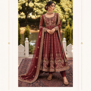 Maharani Burgundy Royal Embroidered Anarkali Suit Elevate your festive wardrobe with the Maharani Burgundy Royal Embroidered Anarkali Suit, Burgundy Embroidered Anarkali Suit with Designer Dupatta , Maharani Designer Boutique Jalandhar, featuring a rich burgundy hue and intricate traditional embroidery. Perfect for weddings, receptions, festive celebrations, mehndi functions, family gatherings and evening occasions, this designer Anarkali makes a refined addition to any ethnic wardrobe. Brand: Maharani Designer Boutique Category: Anarkali Suits Colour: Burgundy Work: Embroidery & Embellishment Occasion: Wedding, Festive & Party Wear Maharani Burgundy Royal Embroidered Sharara Suit,Burgundy Embroidered Salwar Suit with Dupatta,Deep Burgundy Anarkali Suit with Heavy Gold Embroidery Dupatta,Burgundy Embroidered Anarkali Gown with Dupatta,Royal Blue Floral Embroidered Punjabi Salwar SuitÂ