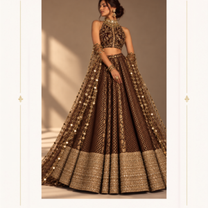 Maharani Chocolate Brown Royal Embroidered Bridal Lehenga Make a regal statement with the Maharani Chocolate Brown Royal Embroidered Bridal Lehenga, Chocolate Brown Bridal Lehenga with Heavy Gold Embroidery & Statement Dupatta, Maharani Designer Boutique Jalandhar, a luxurious bridal ensemble crafted in a rich chocolate brown tone with exquisite antique-gold embellishment. Perfect for bridal receptions, sangeet, cocktail celebrations, engagement ceremonies and luxury wedding events, this ensemble blends traditional craftsmanship with a modern couture aesthetic. Brand: Maharani Designer Boutique Category: Bridal Lehenga Colour: Chocolate Brown & Antique Gold Work: Heavy Embroidery & Embellishment Occasion: Bridal, Reception, Sangeet, Engagement & Wedding Wear