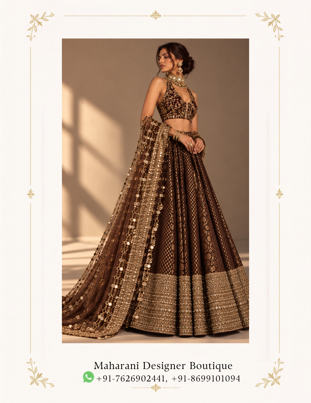 Maharani Chocolate Brown Royal Embroidered Bridal Lehenga Make a regal statement with the Maharani Chocolate Brown Royal Embroidered Bridal Lehenga, Chocolate Brown Bridal Lehenga with Heavy Gold Embroidery & Statement Dupatta, Maharani Designer Boutique Jalandhar, a luxurious bridal ensemble crafted in a rich chocolate brown tone with exquisite antique-gold embellishment. Perfect for bridal receptions, sangeet, cocktail celebrations, engagement ceremonies and luxury wedding events, this ensemble blends traditional craftsmanship with a modern couture aesthetic. Brand: Maharani Designer Boutique Category: Bridal Lehenga Colour: Chocolate Brown & Antique Gold Work: Heavy Embroidery & Embellishment Occasion: Bridal, Reception, Sangeet, Engagement & Wedding Wear