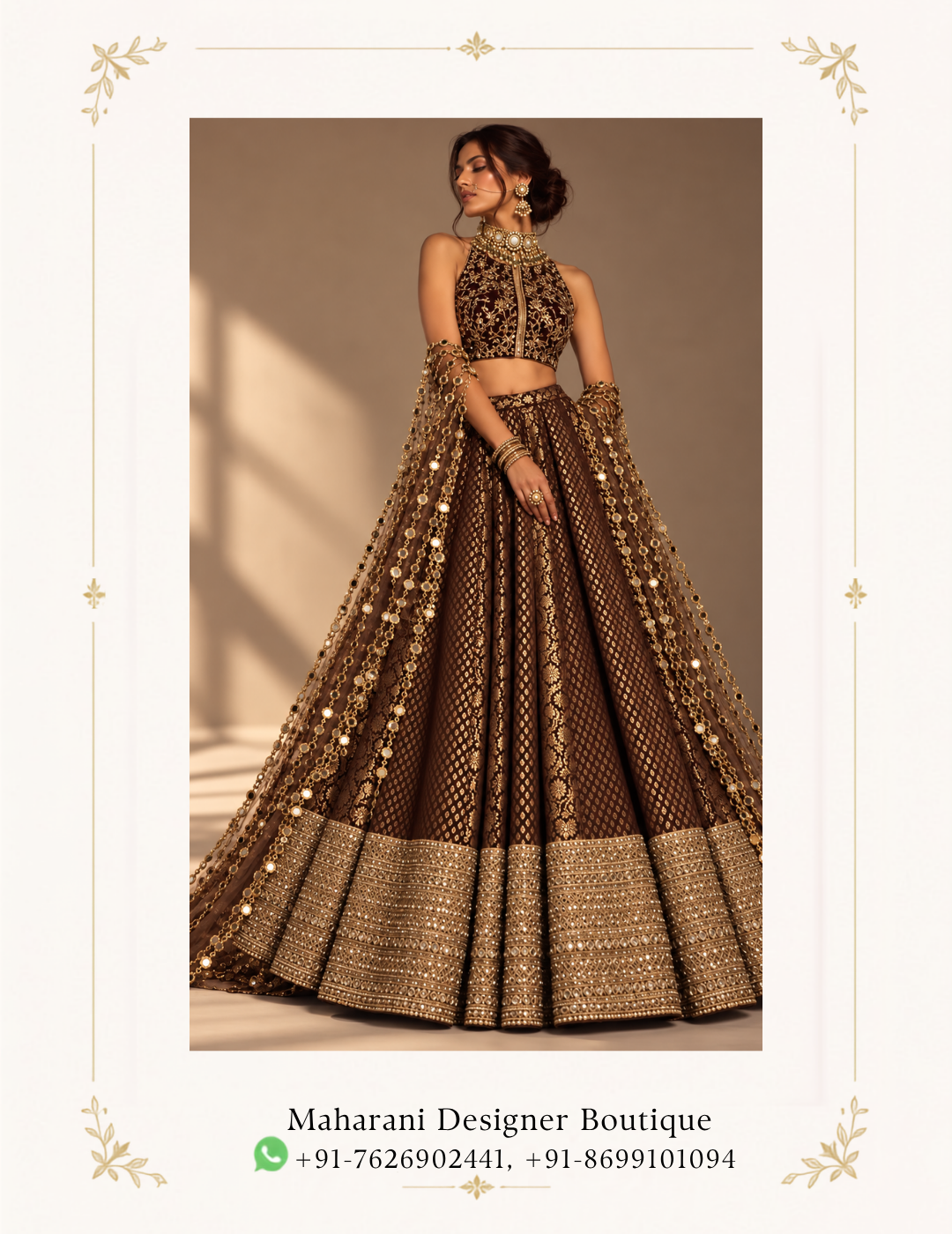 Maharani Chocolate Brown Royal Embroidered Bridal Lehenga Make a regal statement with the Maharani Chocolate Brown Royal Embroidered Bridal Lehenga, Chocolate Brown Bridal Lehenga with Heavy Gold Embroidery & Statement Dupatta, Maharani Designer Boutique Jalandhar, a luxurious bridal ensemble crafted in a rich chocolate brown tone with exquisite antique-gold embellishment. Perfect for bridal receptions, sangeet, cocktail celebrations, engagement ceremonies and luxury wedding events, this ensemble blends traditional craftsmanship with a modern couture aesthetic. Brand: Maharani Designer Boutique Category: Bridal Lehenga Colour: Chocolate Brown & Antique Gold Work: Heavy Embroidery & Embellishment Occasion: Bridal, Reception, Sangeet, Engagement & Wedding Wear