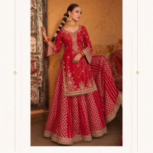 Maharani Crimson Red Embroidered Sharara Suit Make a statement with the Maharani Crimson Red Embroidered Sharara Suit, Crimson Red Designer Sharara Suit with Heavy Gold Embroidery, Maharani Designer Boutique Jalandhar a luxurious ensemble crafted for festive celebrations, weddings and special occasions. Perfect for weddings, mehendi, sangeet, festive celebrations, receptions and evening parties, this designer sharara suit combines traditional craftsmanship with a sophisticated contemporary silhouette. Brand: Maharani Designer Boutique Category: Designer Sharara Suit Colour: Crimson Red & Gold Work: Heavy Embroidery & Embellishment Occasion: Wedding, Mehendi, Sangeet, Reception & Festive Wear