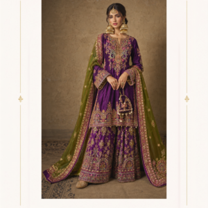 Maharani Royal Plum Embroidered Sharara Suit Embrace regal elegance with the Maharani Royal Plum Embroidered Sharara Suit, a luxurious traditional ensemble designed with rich colours and intricate craftsmanship. The deep plum purple kurta features elaborate multicolour embroidery with traditional floral and ornamental motifs. Perfect for weddings, festive celebrations, mehendi functions, sangeet ceremonies, family occasions and evening gatherings. Brand: Maharani Designer Boutique Category: Designer Sharara Suit Colour: Plum Purple & Olive Green Work: Heavy Embroidery & Traditional Border Work Occasion: Wedding, Festive, Mehendi & Sangeet Wear