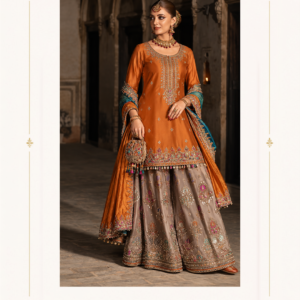 Maharani Rust Orange & Multicolour Embroidered Sharara Suit Step into regal elegance with the Maharani Rust Orange & Multicolour Embroidered Sharara Suit, Rust Orange Designer Sharara Suit with Multicolour Embroidery & Heavy Dupatta, Maharani Designer Boutique Jalandhar a vibrant ensemble designed for festive celebrations and special occasions. Perfect for weddings, mehendi, sangeet, festive celebrations, family functions and party wear, this designer sharara suit brings together vibrant colours, intricate embroidery and graceful Indian silhouettes. Brand: Maharani Designer Boutique Category: Designer Sharara Suit Colour: Rust Orange, Teal & Taupe Work: Multicolour Embroidery & Embellishment Occasion: Wedding, Mehendi, Sangeet, Festive & Party Wear