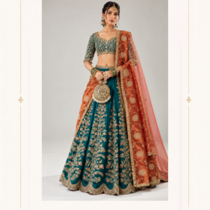 Shop the Maharani Teal & Rust Royal Embroidered Lehenga Choli with golden floral embroidery and rust orange dupatta. Perfect for weddings, bridal events and festive occasions.