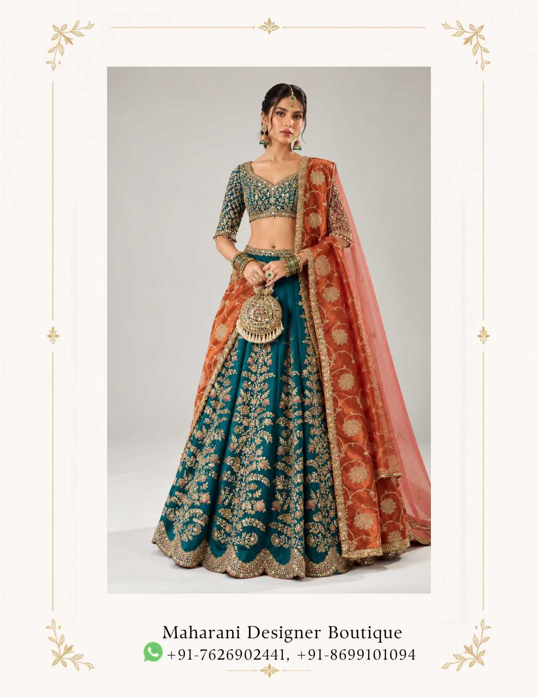 Shop the Maharani Teal & Rust Royal Embroidered Lehenga Choli with golden floral embroidery and rust orange dupatta. Perfect for weddings, bridal events and festive occasions.