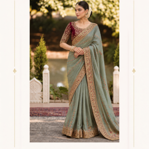 Maharani Sage Mist Heritage Embroidered Saree Step into timeless elegance with the Maharani Sage Mist Heritage Embroidered Saree, Sage Green Designer Saree with Maroon Embroidered Blouse & Rich Border , Maharani Designer Boutique Jalandhar, a sophisticated ensemble that beautifully combines a soft sage green drape with rich traditional detailing. Perfect for weddings, receptions, engagement ceremonies, festive celebrations, family functions and elegant evening occasions, this designer saree brings together traditional craftsmanship and contemporary styling. Brand: Maharani Designer Boutique Category: Designer Saree Colour: Sage Green & Maroon Work: Embroidery & Traditional Border Work Occasion: Wedding, Reception, Engagement & Festive Wear