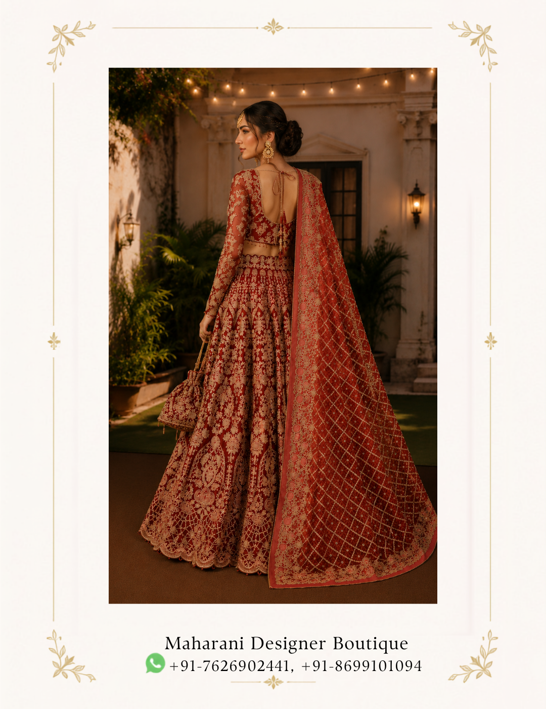 Bridal Lehenga Choli with Heavy Gold Embroidery Dupatta A regal maroon red bridal lehenga choli crafted for a statement wedding look. This luxurious ensemble features intricate all-over gold embroidery, a beautifully embellished cropped blouse, and a heavily detailed flared lehenga. It also includes a matching embroidered dupatta. Furthermore, the rich maroon-red colour paired with antique gold detailing creates a timeless bridal aesthetic. This makes it perfect for weddings, receptions, engagement celebrations and grand festive occasions. Product Description Ruhani Riwaaz is an elegant expression of traditional bridal glamour with a rich contemporary finish. It is designed in a deep maroon-red tone. This bridal lehenga creates an instantly regal silhouette. Additionally, the extensive gold embroidery adds depth, texture and luxurious visual appeal. The lehenga skirt features elaborate ornamental embroidery throughout the fabric. Traditional-inspired floral, paisley and geometric motifs are arranged to create a richly detailed appearance. The wide flared silhouette gives the outfit graceful movement. Therefore, it is ideal for bridal entrances, wedding portraits and evening celebrations. The matching bridal blouse is designed with intricate gold embroidery and a statement neckline. The fitted silhouette beautifully complements the voluminous lehenga while maintaining a sophisticated traditional appearance. The detailed sleeves and embellished borders add another layer of richness to the overall ensemble. Completing the look is a coordinated maroon bridal dupatta, featuring an ornate gold embroidered border and detailed surface embellishment. Draped over the shoulder, it creates a beautiful contrast against the blouse and lehenga. At the same time, it enhances the traditional bridal character of the outfit. Bridal Lehenga Choli Embroidery Dupatta The combination of maroon, red and antique-gold tones makes this outfit especially suitable for brides looking for a classic Indian wedding aesthetic with a luxurious finish. The colour palette works beautifully with traditional bridal jewellery, kundan jewellery, polki sets, jhumkas, maang tikka and embellished bridal footwear. This lehenga can be styled for a variety of wedding functions including the wedding ceremony, bridal reception, engagement, sangeet, mehndi, cocktail evening and festive celebrations. Its elaborate embroidery makes it suitable for brides who want a glamorous outfit. Moreover, it photographs beautifully from both close-up and full-length angles. Whether you're shopping for a bridal lehenga in India, USA, Canada, UK or Australia, Ruhani Riwaaz offers a statement-making traditional silhouette suitable for modern brides. This is ideal for those who appreciate detailed craftsmanship and timeless Indian fashion. Key Features Rich maroon-red bridal colour Heavy gold embroidered detailing Embellished bridal blouse Flared bridal lehenga skirt Matching embroidered dupatta Traditional floral and ornamental motifs Statement bridal silhouette Suitable for wedding and reception wear Ideal for engagement and festive occasions Elegant choice for bridal photoshoots Traditional look with a contemporary styling appeal Occasion Bridal Wear | Wedding Ceremony | Reception | Engagement | Sangeet | Mehndi | Festive Wear | Luxury Ethnic Wear MDB 025323 ,MDB 025263 ,MDB 025278,MDB 025331,MDB 025591 Style Maroon bridal lehenga, red bridal lehenga, wedding lehenga choli, bridal lehenga choli, heavy embroidered lehenga, gold embroidered lehenga, Indian bridal outfit, traditional bridal lehenga, luxury wedding outfit, bridal wear online, maroon wedding lehenga, red and gold lehenga, embroidered bridal choli, bridal dupatta, Indian wedding dress