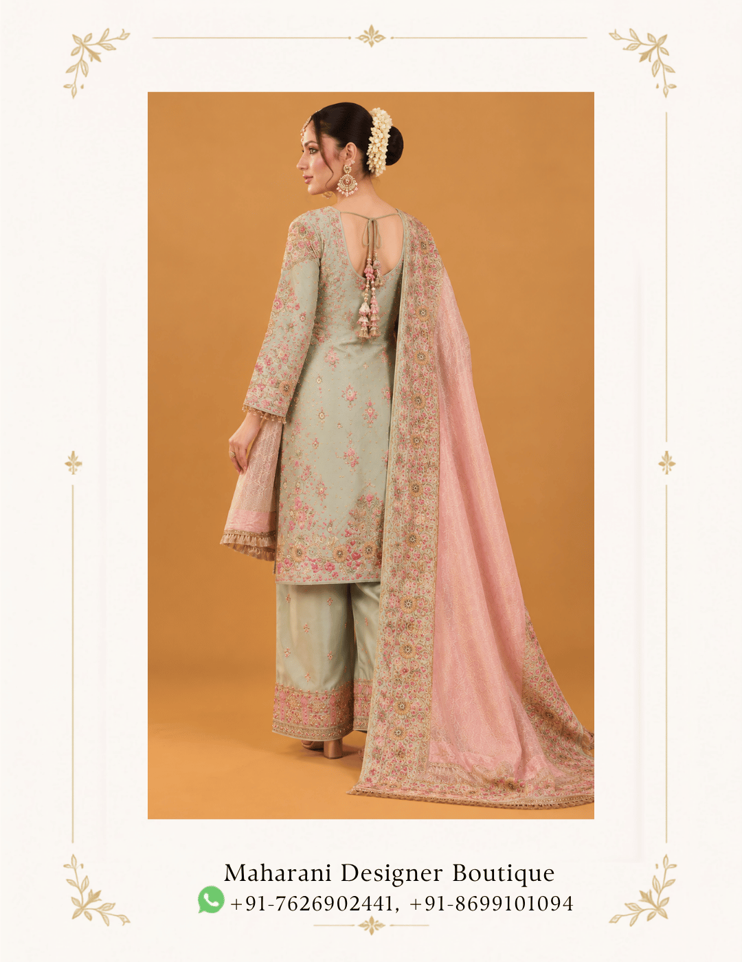 Maharani Mint Blush Embroidered Punjabi Suit Refresh your ethnic wardrobe with the Maharani Mint Blush Embroidered Punjabi Suit, featuring a soft mint green base beautifully paired with delicate blush pink detailing. This elegant ensemble showcases intricate floral embroidery, refined embellishments and graceful traditional craftsmanship. Perfect for weddings, mehndi functions, festive celebrations, family gatherings, pujas and elegant party wear, this designer Punjabi suit blends traditional charm with contemporary pastel styling. Brand: Maharani Designer Boutique Category: Punjabi Suit / Salwar Suit Colour: Mint Green & Blush Pink Work: Floral Embroidery & Embellishment Occasion: Wedding, Mehndi, Festive & Party Wear