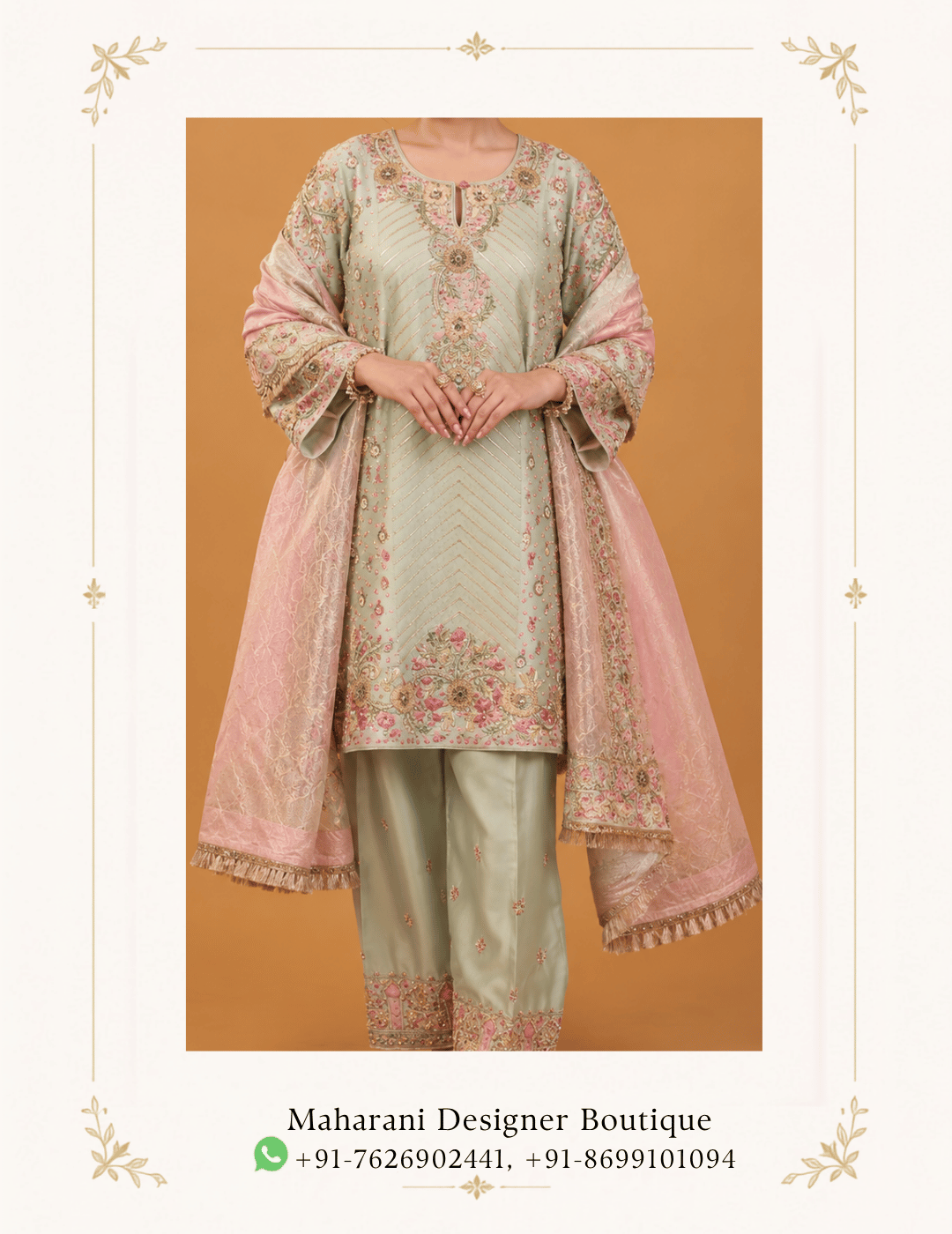 Maharani Mint Blush Embroidered Punjabi Suit Refresh your ethnic wardrobe with the Maharani Mint Blush Embroidered Punjabi Suit, featuring a soft mint green base beautifully paired with delicate blush pink detailing. This elegant ensemble showcases intricate floral embroidery, refined embellishments and graceful traditional craftsmanship. Perfect for weddings, mehndi functions, festive celebrations, family gatherings, pujas and elegant party wear, this designer Punjabi suit blends traditional charm with contemporary pastel styling. Brand: Maharani Designer Boutique Category: Punjabi Suit / Salwar Suit Colour: Mint Green & Blush Pink Work: Floral Embroidery & Embellishment Occasion: Wedding, Mehndi, Festive & Party Wear