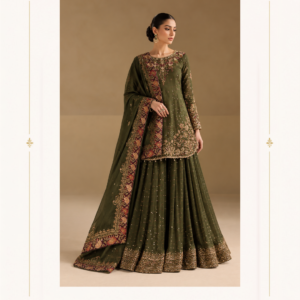 Olive Green Embroidered Anarkali Sharara Suit Step into regal elegance with the Maharani Emerald Olive Royal Embroidered Sharara Suit, a luxurious ethnic ensemble designed for weddings, festive celebrations, receptions, and special occasions. The rich olive green color creates a sophisticated and timeless look, beautifully enhanced with intricate golden embroidery and traditional floral detailing. The elegant long kurta features a beautifully embroidered neckline, delicate scattered embellishments, richly detailed sleeves, and an ornate floral border along the hem. The flowing sharara adds volume and graceful movement, while its intricate golden border completes the luxurious appearance. Maharani Emerald Olive Royal Embroidered Sharara Suit The matching dupatta is finished with an elaborate embroidered border featuring rich floral and traditional motifs, adding depth and grandeur to the entire ensemble. The combination of olive green, antique gold, and deep wine accents gives this outfit a distinctive royal character. Olive Royale Embroidered ,Purple & Olive Green,MDB 025591 ,MDB 025261 ,MDB 025715 Perfect for weddings, sangeet ceremonies, engagement parties, receptions, festive gatherings, and family celebrations, this designer sharara suit is ideal for creating a sophisticated statement look. Maharani Designer Boutique Jalandhar Crafted with the signature elegance of Maharani Designer Boutique, this ensemble blends traditional Indian craftsmanship with contemporary styling. Complete the look with statement earrings, bangles, embellished heels, and an elegant clutch.